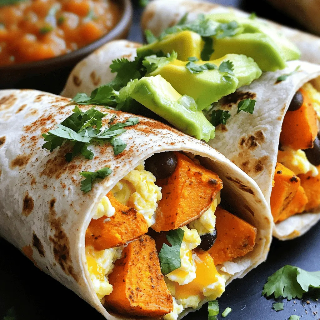To make delicious sweet potato breakfast burritos, gather these simple items. Each ingredient adds great flavor and nutrition to your meal. - 2 medium sweet potatoes, peeled and diced - 1 tablespoon olive oil - Salt and pepper to taste - 1 teaspoon smoked paprika - 4 large eggs - ¼ cup milk (or milk alternative) - 1 cup black beans, rinsed and drained - ½ cup shredded cheese (cheddar or pepper jack) - 4 large whole wheat tortillas - ½ avocado, sliced - Fresh cilantro, chopped (for garnish) - Salsa (for serving) Using fresh sweet potatoes gives a natural sweetness. Olive oil helps to roast them perfectly. Smoked paprika adds a smoky taste, while cheese and beans make it hearty. The eggs add protein, and avocado gives a creamy finish. Fresh cilantro and salsa add brightness. For the full recipe, check out the instructions later. First, you need to preheat your oven to 400°F (200°C). This step gets the oven ready for roasting the sweet potatoes. Take two medium sweet potatoes and peel them. Dice them into small pieces. In a large bowl, mix the sweet potatoes with one tablespoon of olive oil, salt, pepper, and one teaspoon of smoked paprika. Spread them on a baking sheet. Roast for 25-30 minutes until they are tender and slightly caramelized. Flip them halfway to ensure even cooking. While the sweet potatoes roast, crack four large eggs into a bowl. Add a quarter cup of milk and a pinch of salt and pepper. Whisk this mixture well. Heat a non-stick skillet over medium heat. Pour in the egg mix and stir gently until the eggs are scrambled and fluffy. To warm the tortillas, you have two options. You can heat them in a dry skillet over low heat for about 30 seconds on each side. Or, you can wrap them in a damp paper towel and microwave for 20-30 seconds. This makes them soft and easy to fold. Now it’s time to build your burritos! Take a tortilla and lay it flat. Begin by adding some roasted sweet potatoes, scrambled eggs, and black beans on top. Then sprinkle some shredded cheese over these layers. Don't forget to add a few avocado slices for creaminess. To wrap the burritos, fold the sides of the tortilla in first. Then, roll it from the bottom up. Make sure to enclose the filling tightly. This keeps everything inside while you eat. Place the burritos seam side down on a plate. Garnish with fresh chopped cilantro for a pop of color. Serve with salsa on the side for a tasty dip. Enjoy your Sweet Potato Breakfast Burritos! For a detailed guide, refer to the Full Recipe. Roasting sweet potatoes brings out their natural sweetness. Start by cutting them into small, even pieces. This helps them cook evenly. Toss the diced potatoes with olive oil, salt, pepper, and smoked paprika. Spread them on a baking sheet in a single layer. Don't overcrowd the pan; this ensures they get crispy. Roast at 400°F for about 25-30 minutes. Flip them halfway for even browning. Keep an eye on them; you want a nice caramelization. For fluffy scrambled eggs, whisk the eggs well before cooking. Add a splash of milk for creaminess. Heat a non-stick skillet over medium heat. Pour in the egg mixture and stir gently with a spatula. Don't rush this step; slow cooking makes a big difference. Remove the eggs from the heat while still slightly runny. They will continue to cook off heat. This keeps them soft and creamy. To wrap your burritos neatly, warm the tortillas first. This makes them flexible and less likely to tear. Place your filling in the center, leaving space at the edges. Fold the sides in first, then roll from the bottom up. Tuck the filling as you roll to keep it secure. Practice makes perfect! A well-wrapped burrito is easier to eat and looks great on the plate. For the full recipe, check out the details above. {{image_2}} You can make these burritos vegetarian by skipping the eggs. Instead, use tofu or tempeh. Cook them in the same way as you would the eggs. Just scramble or cube them and add your spices. This keeps the protein while making it plant-based. To make this dish gluten-free, choose gluten-free tortillas. Many brands offer great options. All other ingredients in this recipe are already gluten-free. So, you can enjoy the same tasty flavors without worry. Feel free to get creative! Here are some ideas: - Spinach or Kale: Add some greens for extra nutrition. - Peppers and Onions: Sauté these for added sweetness and crunch. - Sour Cream or Greek Yogurt: Use as a creamy topping. - Hot Sauce: Add some heat if you like spicy. These variations can help you customize your sweet potato breakfast burritos to fit your taste. Check out the Full Recipe for more details! Store leftover burritos in an airtight container. You can keep them in the fridge for up to three days. Make sure they cool down before sealing. If you want to enjoy them later, consider cutting them in half for easier storage. To reheat, you can use the microwave or the oven. If using a microwave, place the burrito on a plate and cover it with a damp paper towel. Heat for about 1-2 minutes, checking often. For the oven, preheat to 350°F. Wrap the burrito in foil and bake for about 10-15 minutes. This keeps the tortilla soft and warm. Freezing is a great way to keep burritos fresh. Wrap each burrito tightly in plastic wrap, then place them in a freezer bag. They will stay good for up to three months. When you're ready to eat, thaw overnight in the fridge and reheat as mentioned. This method ensures you always have a tasty meal ready to go. Yes, you can make these burritos ahead of time. Prepare the filling first. Roast the sweet potatoes and scramble the eggs. Let them cool and store them in the fridge. You can assemble the burritos the night before. Wrap them tightly in foil or plastic wrap. In the morning, heat them in the oven or microwave. This saves time and gives you a quick breakfast. If you don’t have black beans, don’t worry! You can use pinto beans, kidney beans, or chickpeas. Each option adds a nice texture. Lentils are another great choice for a protein boost. Just make sure to rinse and drain them well before adding to your burrito. Absolutely! These burritos are perfect for meal prep. You can make a batch and freeze them. Just follow the recipe and wrap them well. When you want one, heat it straight from the freezer. This makes for a healthy and filling breakfast all week long. Yes, feel free to switch up the cheese. Cheddar and pepper jack are great, but you can try mozzarella or feta. Each cheese will give a different taste. Choose what you like best. You can also skip cheese for a dairy-free option. To add heat, consider adding jalapeños or hot sauce. You can mix spicy salsa into the filling. Another option is to use pepper jack cheese for an extra kick. Adjust the spice level to your taste. Enjoy experimenting with different flavors in your burritos! Sweet potato breakfast burritos are easy and fun to make. You learned about the ingredients, from sweet potatoes to avocado. I shared step-by-step instructions and handy tips for great results. You can try different variations and even store leftovers. Remember, cooking is about enjoying your food and experimenting. These burritos are delicious for breakfast or any time. So grab the ingredients and get cooking. Enjoy your tasty creation!