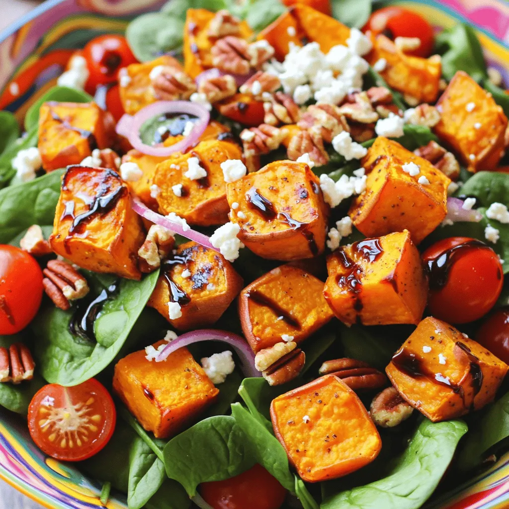 To make a delicious roasted sweet potato salad, gather these simple ingredients: - 2 medium sweet potatoes, peeled and cubed - 1 tablespoon olive oil - 1 teaspoon smoked paprika - 1 teaspoon garlic powder - Salt and pepper to taste - 1 cup fresh spinach leaves - ½ cup cherry tomatoes, halved - ¼ cup red onion, thinly sliced - ⅓ cup feta cheese, crumbled - ¼ cup pecans, roughly chopped - 2 tablespoons balsamic vinegar - 1 tablespoon honey If you want to change things up, here are some great swaps: - Use butternut squash instead of sweet potatoes for a different flavor. - Swap olive oil for avocado oil for a richer taste. - Try regular paprika if you don't have smoked paprika. - Use onion powder in place of garlic powder for a milder taste. - Replace feta cheese with goat cheese for a tangy twist. - If you prefer nuts, sunflower seeds or pumpkin seeds work well too. - Maple syrup can replace honey for a vegan option. Each serving of this salad is packed with nutrients. Here’s a quick look at the nutritional info per serving: - Calories: ~350 - Protein: ~8g - Fat: ~20g - Carbohydrates: ~40g - Fiber: ~6g - Sugar: ~6g This salad is not just tasty but also full of vitamins and minerals. Enjoy your meal knowing it’s good for you! For the full recipe, check the details above. Start by gathering your ingredients. You need sweet potatoes, spinach, cherry tomatoes, red onion, feta, pecans, olive oil, smoked paprika, garlic powder, balsamic vinegar, honey, salt, and pepper. This mix gives you a nice balance of flavors. First, preheat your oven to 400°F (200°C). This step is key for a good roast. While the oven heats, peel and cube your sweet potatoes. Aim for uniform pieces. This way, they cook evenly. In a large bowl, toss the sweet potato cubes with olive oil, smoked paprika, garlic powder, salt, and pepper. Make sure all pieces get coated. This adds flavor as they roast. Next, arrange the sweet potatoes in a single layer on a lined baking sheet. Spacing helps them roast better. Roast for 25-30 minutes. Stir halfway through to ensure even cooking. They should be tender and slightly caramelized when done. Roasting is the best method for sweet potatoes. It brings out their natural sweetness. The high heat caramelizes the sugars, giving a nice texture. While the sweet potatoes roast, prepare your salad base. In a large bowl, mix fresh spinach, halved cherry tomatoes, sliced red onion, crumbled feta, and chopped pecans. This provides crunch and color. For the dressing, whisk together balsamic vinegar and honey in a small bowl. This combination adds a sweet and tangy kick to the salad. Once the sweet potatoes finish roasting, let them cool for about five minutes. Then, add them to your salad mix. Drizzle the balsamic dressing over the salad and toss gently. This blends all the flavors together. Adjust seasoning with salt and pepper as needed. For a lovely presentation, serve the salad in a large bowl. Add extra pecans and feta on top for a pop of color. Your roasted sweet potato salad is now ready to enjoy! This dish is perfect as a side or a main. For the full recipe, check the section above. To save time, prep your ingredients first. Peel and cube the sweet potatoes early. You can also wash and dry the spinach ahead. Measure out spices and have everything ready. This way, you can work fast. Roasting sweet potatoes brings out their natural sweetness. Cut them into small cubes for even cooking. Toss them well with olive oil and spices. Spread them out on a baking sheet. Make sure they don’t touch. This helps them roast, not steam. Stir halfway through to ensure even browning. Add more flavor by using fresh herbs like parsley or cilantro. You can also mix in nuts, like walnuts or almonds, for crunch. For a zesty kick, try adding lime juice. If you love heat, a pinch of cayenne pepper works great. Feel free to swap feta for goat cheese if you prefer. Enjoy experimenting with your own flavor twists! For the full recipe, check out the details above. {{image_2}} You can change this salad with the seasons. In spring, add fresh peas and radishes for a crisp, bright touch. Summer calls for fresh corn and diced bell peppers. In autumn, try adding roasted Brussels sprouts or apples for a sweet twist. Winter? Toss in some roasted carrots or pomegranate seeds for color and flavor. Each season brings new tastes that keep this salad exciting! Dressings can change the whole vibe of the salad. Try a lemon-tahini dressing for a nutty flavor. A creamy avocado dressing adds richness. For a spicy kick, mix in sriracha with olive oil. You can also switch up the toppings. Add pumpkin seeds for crunch, or swap feta cheese for goat cheese. These small changes create a fresh experience each time you make this dish. This salad is easy to make vegan and gluten-free. Simply leave out the feta cheese or use a plant-based cheese instead. For a gluten-free version, just ensure your dressing is gluten-free. You can also add extra beans, like chickpeas, for protein. These options make the salad friendly for various diets while keeping it tasty and satisfying! For more ideas and a full recipe, check out the [Full Recipe]. To store leftover roasted sweet potato salad, place it in an airtight container. This keeps the salad fresh and prevents any odors from mixing. Make sure to let it cool down first. You can store it in the fridge for up to three days. If you plan to eat it later, try not to mix the dressing in until you are ready. This helps keep the salad crisp. You can reheat the roasted sweet potato salad if you want it warm. Place it in a microwave-safe dish. Heat it for about 1-2 minutes. Stir halfway through to ensure even warming. Be careful not to overheat it, as this can make the sweet potatoes mushy. If you prefer, you can also eat it cold straight from the fridge. The shelf life of roasted sweet potato salad is about three days in the fridge. For longer storage, you can freeze it, but it is best to avoid freezing the salad with dressing. To freeze, pack the salad in a freezer-safe bag or container. Remove as much air as possible. This helps prevent freezer burn. It can last up to three months in the freezer. When you're ready to eat, thaw it in the fridge overnight and reheat as needed. Enjoy your delicious roasted sweet potato salad anytime! For the full recipe, check out the recipe section above. You can pair this salad with grilled chicken or fish. The sweet potatoes work well with meats. Try it with a light soup for a full meal. Also, serve it alongside crusty bread for a nice touch. This salad is great for picnics or potlucks. It is colorful and full of good taste. Yes, you can make this salad ahead. Roast the sweet potatoes and let them cool. Store them in the fridge until you are ready to mix. You can also prepare the salad base early. Just add the dressing when you’re ready to serve. This keeps the greens fresh and crisp. Look for sweet potatoes that feel firm and heavy. Avoid any with soft spots or blemishes. The skin should be smooth and free of cracks. Choose medium-sized ones for even cooking. If possible, pick organic sweet potatoes for better taste. You can find many kinds, but orange flesh is most common. Roasted sweet potato salad is simple and tasty. We covered the ingredients, cooking steps, and storage tips. You can boost flavor with quick tricks and try fun variations. If you plan ahead, meals can be easier. This salad is packed with nutrients and adaptable for your diet. Enjoy exploring your options, and make it your own. Trust me, this dish is sure to please!