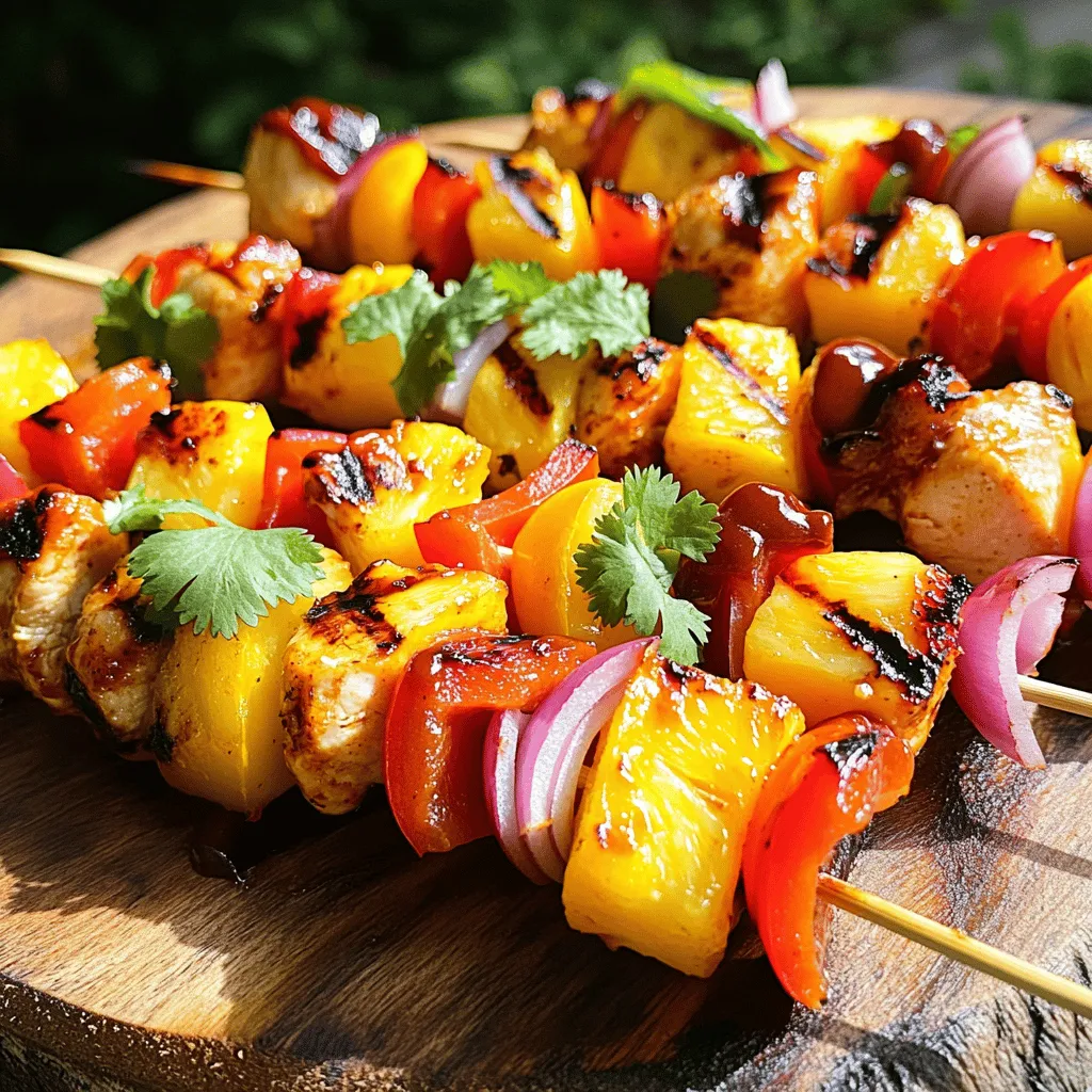 - Chicken and Vegetables - 1 pound boneless, skinless chicken breast, cut into 1-inch cubes - 1 cup pineapple chunks (fresh or canned) - 1 red bell pepper, cut into 1-inch pieces - 1 yellow bell pepper, cut into 1-inch pieces - 1 medium red onion, cut into wedges - Marinade Components - 1/3 cup BBQ sauce (your favorite brand) - 2 tablespoons soy sauce - 1 tablespoon honey - 1 teaspoon garlic powder - 1 teaspoon smoked paprika - 1/2 teaspoon black pepper - Skewer Options - Wooden or metal skewers For the best flavor, use fresh ingredients. The chicken shines with the sweet and smoky notes from the marinade. Pineapple adds a lovely contrast. The bell peppers and onion bring color and crunch. I prefer wooden skewers for their rustic look, but metal skewers are easy to reuse. If you use wooden skewers, soak them in water first. This step helps prevent burning. You can find the Full Recipe for more detailed steps and tips. Combining Ingredients To start, gather your marinade ingredients. You need BBQ sauce, soy sauce, honey, garlic powder, smoked paprika, and black pepper. In a bowl, mix these well. This creates a tasty blend that adds flavor to the chicken. Marinating the Chicken Next, add the cubed chicken to the marinade. Make sure every piece gets covered. Cover the bowl with plastic wrap and place it in the fridge. Let it sit for at least 30 minutes, or up to 2 hours. This soaking time makes the chicken juicy and flavorful. Soaking Wooden Skewers If you use wooden skewers, soak them in water for about 30 minutes. This step stops them from burning on the grill. If you use metal skewers, you can skip this step. Threading Chicken and Vegetables Once the chicken is marinated, it’s time to thread the skewers. Take a skewer and add chicken, pineapple chunks, and pieces of red and yellow bell pepper. You can also add red onion wedges. Alternate the ingredients for a colorful and tasty skewer. Preheating the Grill Before grilling, preheat your grill to medium-high heat. This step is key for getting nice grill marks and cooking the chicken evenly. Cooking Time and Techniques Place the skewers on the grill. Cook for about 10 to 15 minutes. Turn them often to cook all sides evenly. The chicken should reach an internal temperature of 165°F. This step ensures it’s safe to eat. Applying Additional Sauce During the last few minutes, brush more BBQ sauce on the skewers. This adds extra flavor and makes them shine. Enjoy these delicious grilled BBQ chicken skewers, perfect for summer nights! For the full recipe, check out the details above. To get juicy chicken, check the internal temperature. The chicken should reach 165°F. Use a meat thermometer for best results. Always remove the skewers from the grill once they hit this temperature. This ensures safe eating and great taste. Next, avoid overcrowding on the skewers. Leave some space between pieces. This helps the heat circulate. It also allows for even cooking. If the skewers are too packed, the chicken may steam instead of grill. For great flavor, use just a few pieces of chicken and mix in veggies. Using different BBQ sauces can change the flavor of your skewers. Try a spicy sauce for a kick or a sweet sauce for a treat. You can mix sauces too. This gives you even more flavor options. Adding spices can make a big difference. Use garlic powder, smoked paprika, or even a pinch of cayenne pepper. These spices add depth and warmth to the dish. Experiment with your favorites to create your perfect skewers. For serving, choose a nice platter. Lay the skewers out neatly. Add a side of fresh cilantro or parsley for color. This adds a pop of green and looks great. For garnishing, consider a drizzle of extra BBQ sauce over the skewers. A small bowl of sauce for dipping is a fun touch. It invites everyone to dig in. You can also add lemon wedges for a fresh burst of flavor. For the full recipe, check out the Tropical Grilled BBQ Chicken Skewers. {{image_2}} You can easily swap out chicken for other proteins. Shrimp is a great choice. It cooks fast and takes on flavors well. Just marinate it like the chicken. Beef is another option. Choose tender cuts like sirloin or flank steak. Cut it into cubes and marinate. Both proteins add a nice twist to your barbecue. For vegetarian options, consider tofu or tempeh. They soak up flavors beautifully. Cut them into cubes, just like the chicken. You can also use mushrooms or zucchini. These veggies grill well and taste great. Mixing up the marinade keeps things fun. For an Asian-inspired twist, use soy sauce, ginger, and sesame oil. This gives a rich flavor. You can add honey for sweetness and garlic for depth. If you want a Mexican flair, try lime juice, cumin, and chili powder. This adds a zesty kick. You can even throw in some chipotle for heat. Each marinade brings a unique taste to your skewers. Don’t forget about fresh vegetables! Use what’s in season for the best flavors. Bell peppers, zucchini, and cherry tomatoes are great choices. These veggies add color and crunch. You can also adapt to what you find at the market. Try asparagus or corn in summer. In spring, snap peas and radishes shine. Using seasonal produce makes your dish fresh and vibrant. It also helps you support local farmers. To keep your grilled BBQ chicken skewers fresh, store them properly. First, let the skewers cool down. Place them in an airtight container. Make sure to use them within three to four days. Store the skewers in the fridge. They should stay good for up to four days. Make sure the temperature is below 40°F (4°C). To prevent drying, cover them tightly. If you want to save them longer, freezing is a great choice. Wrap each skewer in plastic wrap. Then, place them in a freezer bag. They can last for up to three months in the freezer. Reheating skewers can be tricky, but it’s easy. You want to keep them juicy and flavorful. The best way to reheat skewers is in the oven. Preheat your oven to 350°F (175°C). Place the skewers on a baking sheet. Heat them for about 10-15 minutes. You can also use a grill to reheat. Just warm them over medium heat, turning often. To keep the chicken juicy, add a splash of BBQ sauce before reheating. This will help to lock in moisture. You can also cover the skewers with foil while reheating. This traps steam and keeps them tender. Now you’re ready to enjoy those delicious grilled BBQ chicken skewers again! For the full recipe, check out the Tropical Grilled BBQ Chicken Skewers section. You should marinate the chicken for at least 30 minutes. For best results, aim for 2 hours. This time allows the chicken to absorb all the tasty flavors from the marinade. If you have time, longer marination will give your chicken an even richer taste. Yes, you can use either wooden or metal skewers. If you choose wooden skewers, soak them in water for 30 minutes before grilling. This step helps prevent burning. Metal skewers do not need soaking and can go straight on the grill. Both options work well for holding your delicious ingredients. BBQ chicken skewers go well with many sides. Consider serving them with: - Fresh coleslaw - Grilled corn on the cob - Potato salad - Rice or quinoa - A light salad with vinaigrette These choices balance the flavors and complete your meal nicely. To check if chicken is done, use a meat thermometer. The internal temperature should reach 165°F. You can also cut into a piece of chicken. If the juices run clear and the meat is no longer pink, it is fully cooked. This ensures your chicken is safe to eat. Yes, you can prepare the skewers ahead of time. Assemble them and store them in the fridge. Try to grill them within 24 hours for the best taste. This method saves you time and allows you to enjoy your summer nights with friends and family. For the full recipe, check [Full Recipe]. To sum it up, this guide helps you make tasty chicken skewers. You learned about the best ingredients, marinade, and preparation steps. I shared tricks for cooking perfectly and gave ideas for serving. You also discovered fun variations and how to store leftovers. Enjoy grilling delicious skewers with your favorite flavors. Happy cooking!