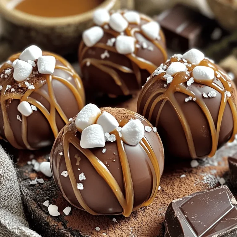 - 1 cup semi-sweet chocolate chips - 1 cup milk chocolate chips - ½ cup cocoa powder - ½ cup caramel sauce, divided - 1 cup mini marshmallows - 1 teaspoon sea salt - Optional: ½ teaspoon vanilla extract - Optional: Extra caramel sauce for drizzling on top To make salted caramel hot chocolate bombs, you need a few simple ingredients. First, the chocolate is key. I use semi-sweet and milk chocolate chips for a rich, sweet flavor. The cocoa powder adds that classic hot chocolate taste. Caramel sauce gives the bombs their signature sweet and salty twist. Mini marshmallows melt perfectly in the hot drink. A sprinkle of sea salt enhances the flavors, making each sip delightful. If you want to boost the flavor, you can add vanilla extract. You can also drizzle extra caramel sauce on top for a treat that looks as good as it tastes. These ingredients come together to create a fun and tasty experience. You can find them at local grocery stores or online. Remember, using good quality chocolate makes a big difference in flavor. For the full recipe, check out the complete guide on how to make these delicious bombs! To start, I melt the chocolate in the microwave. - Combine 1 cup of semi-sweet and 1 cup of milk chocolate chips in a bowl. - Heat in 30-second bursts, stirring after each round. - Keep going until the chocolate is smooth and fully melted. This method ensures you avoid burning the chocolate. Next, I coat the molds with the melted chocolate. - Use a spoon or brush to coat the inside of silicone sphere molds. - Make sure the chocolate layer is thick enough to hold its shape. - Once coated, place the molds in the freezer for about 10 minutes. This step helps the shells stay strong and sturdy. Now, it’s time to mix the filling. - In a bowl, combine ½ cup of cocoa powder, ½ cup of caramel sauce, and mini marshmallows. - Add 1 teaspoon of sea salt to enhance the flavor. - If you want, you can mix in ½ teaspoon of vanilla extract. This filling will make your hot chocolate bombs extra tasty! Once the chocolate shells are ready, I fill them. - Carefully pop the hardened shells from the molds. - Fill half of the chocolate spheres with the cocoa and marshmallow mix. - Drizzle some caramel sauce on top of the filling. This drizzle adds sweetness and richness. Next, I seal the bombs to keep everything inside. - Heat a non-stick pan over low heat. - Place an empty chocolate shell on the pan for a few seconds to melt the edge slightly. - Press this shell onto the filled half to seal it. Repeat this with all remaining shells. Finally, I decorate the hot chocolate bombs. - Drizzle extra caramel sauce over the tops. - Sprinkle a bit more sea salt for that perfect contrast. - You can package them in clear bags tied with ribbons or serve them right away. These look great and taste amazing! For the full recipe, check out the details above. Avoiding clumping: To melt chocolate smoothly, use a microwave-safe bowl. Combine semi-sweet and milk chocolate chips. Microwave in 30-second bursts. Stir after each burst to break up any clumps. This keeps the chocolate smooth and creamy. Temperature control: Keep the microwave at low power. High heat can burn the chocolate. Stirring often helps maintain even melting and prevents overheating. You want the chocolate to melt without getting too hot. Alternative filling ideas: You can mix it up! Try adding peanut butter or crushed peppermint candies. These add fun flavors and textures to your hot chocolate bombs. Get creative with your favorite treats! Balancing flavors: The key is to mix sweet and salty. My favorite is adding a touch of sea salt to the filling. It enhances the caramel and cocoa flavors. Always taste as you go to find the perfect balance. Best storage methods: Keep your hot chocolate bombs in an airtight container. This keeps them fresh and prevents moisture from ruining them. Make sure they are cool before sealing. Shelf-life considerations: These tasty treats can last up to two weeks if stored properly. If you want to keep them longer, consider freezing them. Just be sure to wrap them well to avoid freezer burn. {{image_2}} You can switch up the flavors in your Salted Caramel Hot Chocolate Bombs with ease. Different chocolate types can change the taste a lot. Try using dark chocolate for a rich flavor. White chocolate adds a sweet touch. Each type brings its own charm. You can also play with fillings. For a fun twist, add peanut butter for a creamy surprise. Peppermint is another great choice. Just think of it as a holiday treat with a fresh twist. These variations make your bombs unique. Make your hot chocolate bombs match the seasons. For holidays, use festive colors and shapes. Think about adding red and green sprinkles for Christmas. You can even use mini candy canes as a garnish. For parties, customize the bombs with themes. Use colors that match your party's decor. You can add fun sprinkles or edible glitter for a festive look. Everyone will love a treat that matches the vibe of the event. How you serve your hot chocolate bombs makes a big difference. Use clear mugs to show off the bomb's beauty as it melts. You can also add whipped cream on top for an extra treat. When gifting, package them in clear bags. Tie them with pretty ribbons for a special touch. You can even place them in a cute box with a card. This makes the gift feel personal and thoughtful. For the full recipe, check out the Salted Caramel Hot Chocolate Bombs recipe. You can find ingredients for your salted caramel hot chocolate bombs online. I recommend checking sites like Amazon, Walmart, and Target. These sites usually have good prices and fast shipping. You can compare prices to find the best deal. For example, chocolate chips often cost about $3 to $5 per bag. Caramel sauce runs around $4 to $6. You can also buy ingredients at local grocery stores. Most supermarkets sell chocolate chips, cocoa powder, and caramel sauce. Specialty shops might offer unique brands. Look for mini marshmallows and sea salt in the baking aisle. Always check if your store has the items in stock before you go. When it comes to brands, I love Ghirardelli and Hershey’s for chocolate. They melt well and taste great. For caramel, try Smucker's or Kraft. Homemade hot chocolate bombs taste fresh and fun. Store-bought options can save time, but they might lack flavor. Salted caramel hot chocolate bombs are fun treats. They are round chocolate shells filled with cocoa, marshmallows, and caramel sauce. When you pour hot milk over them, they melt and create a rich drink. The sweet and salty flavors blend perfectly for a cozy treat. Using hot chocolate bombs is easy! Follow these steps: 1. Place a bomb in a mug. 2. Heat milk in a pot or microwave. 3. Pour the hot milk over the bomb. 4. Watch it melt! The chocolate bursts open, releasing the cocoa and marshmallows. 5. Stir and enjoy! Yes, you can make these bombs ahead of time! Here are some tips: - Store them in an airtight container. - Keep them in a cool, dry place. - They stay fresh for about 2 weeks. This way, you can enjoy them whenever you want! If you don’t have silicone molds, don’t worry! Here are some alternatives: - Use plastic Easter egg halves. - Try muffin tins lined with plastic wrap. These can work well for making your hot chocolate bombs. Making dairy-free hot chocolate bombs is simple! Just swap out regular ingredients: - Use dairy-free chocolate chips. - Replace regular milk with almond or oat milk. These swaps help you enjoy the treat without dairy. Yes, you can freeze them! Here’s how: - Wrap them individually in plastic wrap. - Place them in a freezer-safe bag. - They can last up to 3 months in the freezer. When you're ready, just let them thaw before using. For the complete recipe, check out the Full Recipe section! In this post, we explored how to make salted caramel hot chocolate bombs. We covered ingredients, step-by-step instructions, and helpful tips. You learned how to melt chocolate and fill molds. We also shared flavor variations and where to find supplies. These treats are fun, delicious, and easy to customize. Try different flavors and get creative with decorations. Enjoy creating your own special hot chocolate bombs!