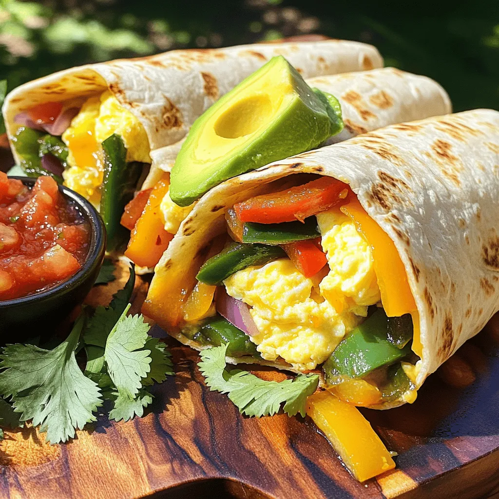 - 4 large flour tortillas - 1 cup black beans, rinsed and drained - 1 cup bell peppers (red, yellow, green), diced - 1 small red onion, diced - 1 cup spinach, chopped - 4 large eggs - 1/2 cup shredded cheese (cheddar or Mexican blend) - 1 avocado, sliced - 2 tablespoons olive oil - 1 teaspoon ground cumin - 1 teaspoon smoked paprika - Salt and pepper to taste - Salsa and fresh cilantro for serving I love starting my day with a tasty breakfast burrito. These burritos are packed with flavors and nutrients. You need the right mix of ingredients to make them shine. First, let’s talk about the base: the flour tortillas. They hold everything together and give a soft bite. Next, black beans add protein and fiber. Bell peppers bring a sweet crunch and vibrant color. Diced red onion adds a zesty kick. Spinach adds freshness and is a great way to sneak in greens. Now, we can’t forget the eggs. They give the burrito a creamy texture. Shredded cheese melts beautifully and adds richness. Slices of avocado on top make each bite creamy and delicious. You can also customize your burrito. If you like mushrooms or zucchini, feel free to add those. Want some heat? Toss in jalapeños or a splash of hot sauce. If you're plant-based, swap the eggs for tofu or use plant-based cheese. This mix of ingredients makes for a satisfying breakfast. For the full recipe, check out the section below where I break down each step. Enjoy exploring these flavorful options! Start by heating 2 tablespoons of olive oil in a large skillet over medium heat. Add the diced bell peppers and red onion. Sauté them for about 5 minutes until they soften. This brings out their amazing flavors. Next, stir in 1 cup of chopped spinach. Cook for an additional 2-3 minutes until it wilts. Finally, add 1 cup of rinsed black beans, 1 teaspoon of ground cumin, and 1 teaspoon of smoked paprika. Mix everything well and let it cook for 2 more minutes. Remove from heat and set aside. In a bowl, whisk together 4 large eggs with a pinch of salt and pepper. This adds flavor and keeps the eggs fluffy. In a separate non-stick skillet, pour in the egg mixture. Scramble the eggs over medium heat for 3-4 minutes. Stir gently until they are just set. You want them soft but not runny. Take a large flour tortilla and lay it flat on a clean surface. In the center, add a generous portion of the veggie-bean mix. Next, scoop in some of the scrambled eggs. Sprinkle 1/2 cup of shredded cheese on top. For a creamy touch, add a few slices of avocado. Fold the sides of the tortilla over the filling. Then roll it up tightly from the bottom to the top. Make sure everything stays inside. Repeat this with the rest of the tortillas and filling. To make your burritos crispy, place them back in the skillet. Toast the assembled burritos for 2-3 minutes on each side until they are golden brown. This step adds a nice crunch. For serving, cut the burritos in half diagonally. Pair them with salsa and fresh cilantro for a bright touch. Enjoy this delicious meal that’s easy to make and packed with flavor. To enhance the taste of your veggie packed breakfast burritos, use some great spices. I recommend ground cumin for warmth and smoked paprika for a hint of smokiness. These spices elevate the flavor and add depth. To avoid soggy tortillas, make sure to drain your black beans well. Excess moisture leads to a limp wrap. Also, toast the assembled burritos in a skillet for a few minutes. This helps create a crispy edge while keeping the filling warm. Preparing your ingredients in advance saves you time. Chop your veggies the night before and store them in airtight containers. You can also scramble your eggs ahead of time. This makes morning assembly a breeze! Freezing burritos is a smart way to enjoy quick breakfasts. Wrap each burrito tightly in foil or plastic wrap. Store them in a freezer bag. When you need one, just heat it in the microwave or oven. It’s that easy! Pair these burritos with fresh fruit or creamy yogurt for a balanced meal. Slices of fresh avocado on the side add a nice touch. For dips, salsa is a classic choice. You can also try guacamole or a zesty yogurt sauce. These add flavor and freshness to your meal. For more ideas, check out the Full Recipe. Enjoy your tasty creation! {{image_2}} You can make your breakfast burrito even more exciting. One fun swap is using chickpea scramble instead of eggs. This adds protein and a nutty flavor. Just mash cooked chickpeas with spices. You can also add a variety of greens. Consider kale, arugula, or Swiss chard. Each green brings a unique taste and boosts nutrition. If you want more protein, add cooked chicken or turkey. Shredded meat works great and gives you a hearty bite. Another option is using lentils. They pack protein and fiber, making your burrito filling and satisfying. Simply cook lentils until soft, then mix them in with your veggies. Want to spice things up? Try Southwest-inspired ingredients. Add corn, jalapeños, and chipotle sauce for a kick. Or go for Mediterranean-style burritos. Use feta cheese, olives, and sun-dried tomatoes. These twists bring fresh flavors and make breakfast fun. You can find the full recipe in the main article to explore these variations further! You can keep leftover burritos in the fridge for up to three days. To keep them fresh, wrap each burrito tightly in plastic wrap or foil. This helps prevent drying out and keeps flavors intact. To freeze the burritos, follow these steps: 1. Allow the burritos to cool to room temperature. 2. Wrap each burrito in plastic wrap, making sure to seal it well. 3. Place the wrapped burritos in a freezer-safe bag or container. 4. Label the bag with the date and type of burrito. For reheating, here are best practices: - Remove the plastic wrap before reheating. - Microwave: Heat on high for 1-2 minutes. Check if hot in the center. - Oven: Preheat to 350°F (175°C). Place burritos on a baking sheet and heat for 15-20 minutes. - Air fryer: Set to 350°F (175°C) and heat for about 8-10 minutes. These methods keep your burritos tasty and warm, ready for quick mornings! To make breakfast burritos healthier, you can try these tips: - Use whole grain tortillas instead of flour. - Add more veggies like tomatoes or zucchini. - Reduce cheese or use low-fat options like feta. - Swap regular eggs for egg whites or tofu. - Use cooking spray instead of oil for less fat. These steps can help cut calories while keeping the taste. You still enjoy a tasty meal without feeling guilty. Yes, you can easily make these burritos vegan. Here are some ideas: - Use a plant-based egg substitute, like tofu or chickpea flour. - Replace cheese with vegan cheese or nutritional yeast. - Add more beans or lentils for a protein boost. This way, you can enjoy a delicious breakfast burrito while sticking to a vegan diet. Toppings can make your breakfast burrito even better. Here are some popular ideas: - Fresh salsa or pico de gallo for a spicy kick. - Sliced avocado or guacamole for creaminess. - Chopped cilantro or green onions for freshness. - Hot sauce for extra flavor. Mix and match these toppings to balance flavors and make your burrito fun! This post covered making tasty breakfast burritos from fresh ingredients. You can customize them with extra veggies, proteins, or spices. I shared tips for meal prep and storage options to make your mornings easier. Enjoy experimenting with different flavors and combinations. With these easy steps, you can craft delicious burritos every time. So, gather your ingredients and get cooking!