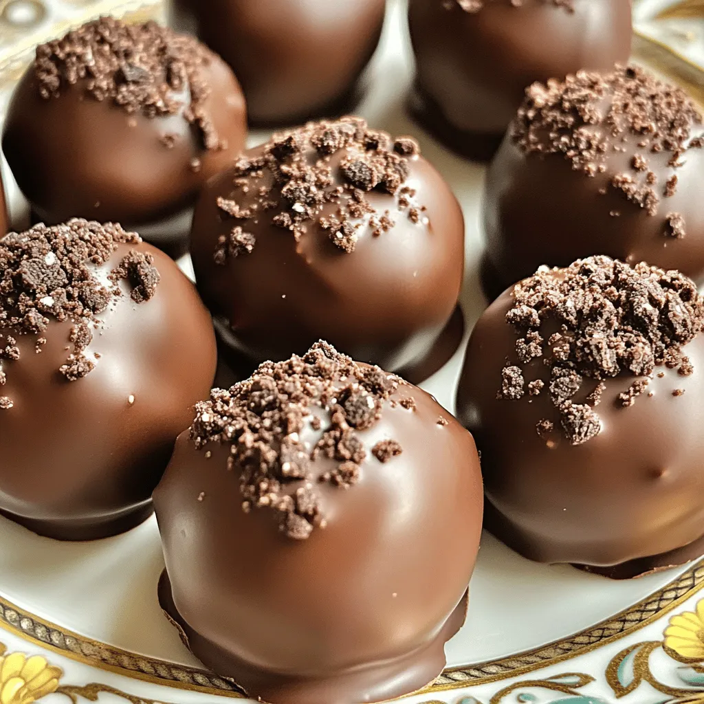- Oreo cookies: Regular or double-stuffed - Softened cream cheese - Semi-sweet chocolate chips - Coconut oil: Optional for smoother melting When I make these chocolate covered Oreo truffles, I start with the main ingredients. I choose either regular or double-stuffed Oreo cookies. The cream cheese must be softened to blend well. I also grab semi-sweet chocolate chips for the coating. If I want a smooth finish, I add coconut oil. This oil helps the chocolate melt better and coat the truffles evenly. - Crushed Oreos: For topping For garnishing, I use crushed Oreos. They add a nice crunch to the truffles. I sprinkle them on top while the chocolate is still wet. This way, the crumbs stick well. It makes each truffle look fancy and tasty. I love how these simple garnishes make the treat pop! To start, take your package of Oreo cookies and place them in a food processor. Pulse them until they turn into fine crumbs. You want them to look like sandy dirt. If you don’t have a food processor, you can also put them in a zip-top bag and crush them with a rolling pin. Next, grab a mixing bowl and add your crushed Oreos. Now, take 8 ounces of softened cream cheese and add it to the bowl. Use a spatula or your hands to mix them together. Keep mixing until the mixture is smooth and well blended. This step makes your truffles rich and creamy. Now it's time to shape your truffles. Scoop out small portions of the Oreo mixture, about 1 tablespoon each. Roll them into balls with your hands. Place these balls on a parchment-lined baking sheet. Once all the balls are formed, put them in the fridge for about 30 minutes. This chilling time helps them hold their shape. While the truffles chill, let’s melt the chocolate. In a microwave-safe bowl, combine 12 ounces of semi-sweet chocolate chips and 1 tablespoon of coconut oil, if you want a smoother finish. Microwave the mixture in 30-second intervals. Stir between each interval until the chocolate is fully melted and smooth. Once your truffles are chilled, it's time to coat them in chocolate. Dip each truffle ball into the melted chocolate. Use a fork or toothpick to help you with this. Make sure to let any excess chocolate drip off before placing them back on the parchment paper. This will keep them from being too messy. After coating, sprinkle the tops of the wet chocolate with crushed Oreos for garnish. This adds a nice touch. Now, return the truffles to the refrigerator for about 15 minutes. This final chill will help set the chocolate perfectly. For the full recipe, you can refer back to the instructions mentioned earlier. Enjoy your delicious creations! To get the best texture, use the right amount of cream cheese. Start with 8 oz, as in the Full Recipe. If your mixture feels too dry, add a little more cream cheese. If it feels too wet, add more crushed Oreos. The key is to make a smooth and creamy mixture, easy to roll. Melting chocolate can be tricky. If you find the microwave method hard, try a double boiler. Fill a pot with water and bring it to a gentle simmer. Place a heat-proof bowl on top, adding chocolate chips and coconut oil. Stir until melted and smooth. This method helps avoid burning the chocolate and keeps it silky. Serving your truffles well makes them even more special. Use a decorative plate or a pretty gift box. Line the box with colorful tissue paper for a nice touch. You can also drizzle some melted chocolate on top for style. Add a few extra crushed Oreos on the plate for a fun finish. These ideas will impress your guests or anyone you gift them to! {{image_2}} You can make these treats even better by adding flavor extracts. Try vanilla, almond, or peppermint. Just a few drops will enhance the taste. You can also switch chocolate types. Use milk chocolate for a sweeter truffle or dark chocolate for a rich flavor. Each option gives a unique twist to the classic taste. If you want a vegan version, swap cream cheese for a plant-based cream cheese. Use dairy-free chocolate chips instead of semi-sweet ones. For a gluten-free option, choose gluten-free Oreos. These swaps keep the fun while meeting different dietary needs. Think beyond crushed Oreos for fun toppings. Try sprinkles for a pop of color or chopped nuts for added crunch. Shredded coconut brings a tropical flair, while a drizzle of white chocolate adds elegance. Experiment with different toppings to make each truffle unique and exciting. To keep your chocolate covered Oreo truffles fresh, store them in an airtight container. Use parchment paper between layers to prevent sticking. Place the container in the fridge. This helps maintain their texture and flavor. Avoid keeping them at room temperature for too long. The chocolate can melt or become soft. You can freeze your truffles for longer storage. Place them on a baking sheet in a single layer. Freeze them for about two hours until they are firm. Then, transfer them to an airtight container or a freezer bag. They can last up to three months in the freezer. To thaw, move them to the fridge for a few hours before serving. This keeps their taste fresh. These truffles are best enjoyed within a week when stored in the fridge. They stay fresh and tasty for about 1 to 2 weeks. If you freeze them, they can last up to three months. After thawing, consume them within a week for the best flavor. Enjoy every bite! Yes, you can use crushed Oreos. This method works great for the filling. Crushing the Oreos helps mix them well with cream cheese. You get a consistent flavor and texture in each bite. It’s a fun way to get kids involved too! Just make sure to crush them finely. This way, the mixture stays smooth. You can use other ingredients if you don’t want cream cheese. Try using mascarpone cheese or Greek yogurt for a lighter option. Both will keep the truffles creamy while adding a different taste. You can also use nut butters like peanut or almond butter. These alternatives can change the flavor profile completely. Dipping truffles can be messy, but it’s fun! Use a fork or a toothpick to dip the truffles in melted chocolate. Make sure the chocolate is smooth and not too hot. Let the excess chocolate drip off before placing them back on the parchment paper. This way, you get a nice even coat. Most Oreo cookies are not gluten-free. They contain wheat flour, which has gluten. If you want gluten-free truffles, look for gluten-free Oreo alternatives. Many brands offer gluten-free cookies that taste great. Just check the packaging before buying. You can find pre-made Oreo truffles at many stores. Look in the bakery section of your local grocery store. Some specialty shops also sell them. If you prefer online shopping, check websites like Amazon or Etsy. Many bakers offer their tasty truffles for delivery. Adding flavor is easy and fun! You can mix in extracts like vanilla or almond. Try adding a pinch of sea salt for a sweet and salty combo. If you like spice, a sprinkle of cinnamon works well too. You can also use different types of chocolate for dipping, like white or dark chocolate. These small changes make your truffles unique and even tastier. For the full recipe, check out the previous sections. These Oreo truffles are simple and fun to make. We covered the main ingredients, easy steps, and tips for success. You can add flavors or modify the recipe to fit your needs. With these variations, you can impress everyone with your treats. Remember to store them properly for the best taste. Enjoy creating and sharing these delicious truffles. They are perfect for any occasion!