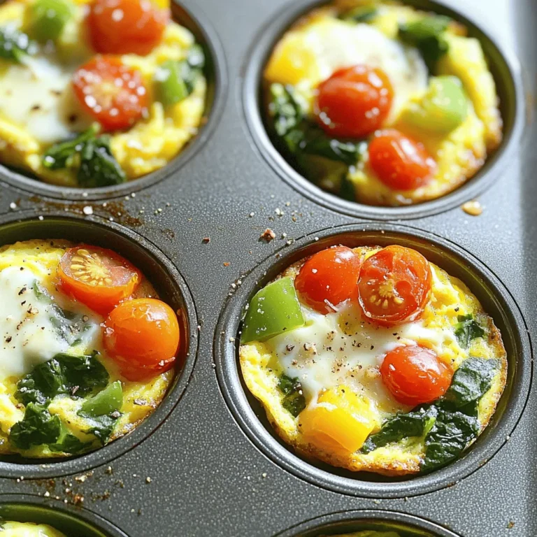 - 6 large eggs - 1 cup spinach, chopped - 1/2 cup bell pepper, diced (any color) - 1/2 cup cherry tomatoes, halved - 1/4 cup onion, finely chopped - 1/4 cup shredded low-fat cheese (optional) - Salt and pepper to taste - 1 teaspoon garlic powder - 1 teaspoon dried oregano - Olive oil spray These ingredients create a tasty base for our healthy egg muffin cups. Eggs are a great source of protein. They help you feel full and satisfied. I love using fresh vegetables. They add flavor and nutrition. Spinach gives you iron, while bell peppers offer vitamin C. The cherry tomatoes add sweetness and color. The onion gives a nice crunch and taste. If you like cheese, low-fat cheese works well here. It makes the muffins creamy without adding too many extra calories. Don’t forget to season with salt and pepper. Garlic powder and oregano boost the flavor even more. The olive oil spray keeps the muffins from sticking. This mix of ingredients makes these muffin cups delicious and healthy! - Calories per muffin cup: About 80 calories. - Macronutrient breakdown: - Protein: 6g - Fat: 5g - Carbohydrates: 2g Each muffin cup is low in calories but high in protein. This makes them a great option for breakfast or a snack. You can feel good about what you eat. Plus, they are easy to make and perfect for busy days. Check out the full recipe for more details! - Preheat your oven to 350°F (175°C). - Spray a muffin tin with olive oil to prevent sticking. - In a large bowl, crack six eggs. - Whisk the eggs until they blend fully. - Add salt, pepper, garlic powder, and oregano for flavor. - Chop the spinach, bell pepper, and onion. - Halve the cherry tomatoes. - Add these veggies to the egg mixture. - Stir until all ingredients mix well. - If you want, fold in shredded cheese for creaminess. - Pour the egg mixture into the muffin tin. - Fill each cup about ¾ full to allow rising. - Bake for 18-20 minutes until golden and set. - Check for doneness by inserting a toothpick; it should come out clean. - Let them cool for a few minutes before removing from the tin. - These muffins are great warm or can be saved for later. Check the Full Recipe for more details! To get the best Healthy Egg Muffin Cups, start with a well-prepared muffin tin. Use olive oil spray to coat each cup lightly. This step helps prevent sticking. Fill each cup about ¾ full. This allows the muffins to rise without overflowing. To ensure even cooking, mix the ingredients thoroughly before pouring them into the tin. This way, every muffin gets the same great taste. Serve these muffin cups warm for a cozy meal. They pair well with a side of fresh fruit or whole-grain toast. You can also add a dollop of salsa on top for a spicy kick. These cups work great for breakfast or snacks. You can enjoy them on their own or with yogurt. They are easy to grab and go! If you have leftovers, reheating is simple. Use a microwave for quick warming. Heat each muffin cup for about 30 seconds. To keep the texture, avoid overheating. If you prefer, you can also reheat them in an oven set to 350°F (175°C). This method helps maintain that nice, fluffy texture. For a full recipe, check out the detailed instructions. {{image_2}} You can easily change the veggies in your Healthy Egg Muffin Cups. Try zucchini, mushrooms, or even broccoli. These swaps add new flavors and nutrients. If you want protein, consider bacon or turkey. For a vegan option, use tofu or tempeh instead of eggs. These changes keep your meals exciting and help with any dietary needs. To add different flavors, use herbs and spices. Basil, thyme, or paprika can create unique tastes. You can also mix in some chili flakes for heat. If you want to go dairy-free, try almond or coconut cheese. These options offer creamy texture without the dairy. Experimenting with flavors keeps your meals fresh and fun. To keep your Healthy Egg Muffin Cups fresh, let them cool completely. Place them in an airtight container. This helps keep moisture out and flavor in. I recommend using glass or BPA-free plastic containers. These options work well for storage and reheating. If you want to save some for later, freezing is a great choice. To freeze, wrap each muffin cup in plastic wrap. Then, place them in a freezer bag. This method prevents freezer burn and keeps them tasty. When you’re ready to eat, take one out and thaw it in the fridge overnight. For a quick meal, you can also microwave it straight from the freezer. Just heat for about 1-2 minutes or until warm. Enjoy your meal without the fuss! Healthy Egg Muffin Cups last about five days in the fridge when stored correctly. Store them in an airtight container to keep them fresh. It’s best to let them cool completely before sealing. This way, they won’t get soggy. Yes, you can make these muffins ahead of time. They are great for meal prep. Just bake them and store them in the fridge. Heat them up in the microwave when you’re ready to eat. This makes busy mornings so much easier! For a vegan version, use flax eggs or chickpea flour. Mix one tablespoon of flaxseed meal with three tablespoons of water to make one flax egg. Let it sit for a few minutes to thicken. For chickpea flour, mix one cup of flour with one cup of water. Both options work well! You can easily customize this recipe. Use dairy-free cheese or skip cheese entirely for dairy-free needs. For gluten-free options, make sure to check your ingredients. You can also swap in different veggies like zucchini or mushrooms. Adjusting spices can add new flavors too! If you need lower sodium, use fresh herbs instead of salt. These Healthy Egg Muffin Cups are easy to make and fun to customize. We explored the ingredients, cooking steps, and tips to ensure greatness in every bite. You can try various veggies, proteins, and herbs for a unique twist. Plus, learn about storing and reheating to keep them fresh. These muffins are perfect for meal prep or quick snacks. Enjoy creating tasty options that fit your needs while boosting your nutrition. Let's make cooking simple and delicious together!