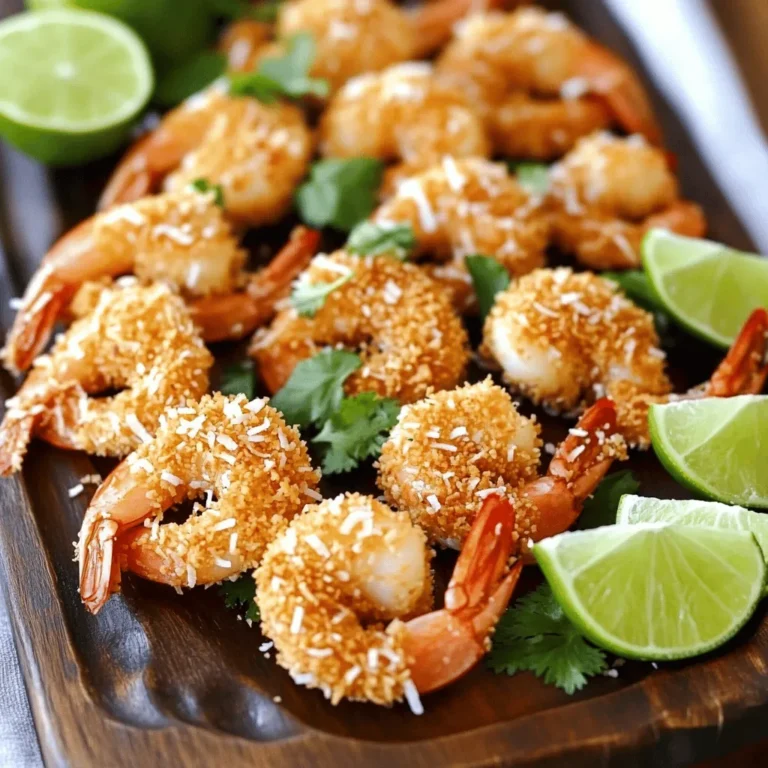 To make coconut crusted shrimp, gather these fresh ingredients: - 1 lb large shrimp, peeled and deveined - 1 cup all-purpose flour - 2 large eggs - 1 cup shredded coconut (sweetened or unsweetened) - 1 cup breadcrumbs (panko for extra crunch) - 1 teaspoon garlic powder - 1 teaspoon paprika - Salt and pepper to taste - Vegetable oil for frying - Fresh lime wedges for serving - Optional: cilantro for garnish You can adjust some ingredients if needed. Here are some great swaps: - Use almond flour instead of all-purpose flour for a gluten-free option. - Replace eggs with a flaxseed mixture for a vegan choice. - Try unsweetened coconut for a less sweet flavor. - If you do not have panko, regular breadcrumbs work too. Choosing fresh shrimp is key for great taste. Look for these signs: - Choose shrimp that smell clean and mild, not fishy. - Check for firm flesh and a shiny appearance. - Avoid shrimp with black spots or a dull look. - If buying frozen, ensure they are solid and not clumped together. By following these tips, you will have the best ingredients for coconut crusted shrimp. For the full recipe, be sure to check the details above. First, you need to prepare the shrimp. Take 1 pound of large shrimp, peeled and deveined. Pat them dry with paper towels. This helps the breading stick better. Next, season the shrimp lightly with salt, pepper, and 1 teaspoon of garlic powder. This mix adds a nice flavor. Now, let’s set up the breading station. You need three separate bowls. In the first bowl, place 1 cup of all-purpose flour. In the second bowl, beat 2 large eggs until mixed well. In the third bowl, combine 1 cup of shredded coconut with 1 cup of breadcrumbs. Panko breadcrumbs give extra crunch. With the shrimp ready and the breading station set, it’s time to fry. Heat about 1/4 inch of vegetable oil in a large skillet over medium-high heat. The oil should be hot but not smoking. To test it, drop in a small piece of bread. If it sizzles, you’re good to go. Carefully place the coated shrimp in the hot oil. Do this in batches to avoid overcrowding. Fry each shrimp for about 2-3 minutes on each side until golden brown. Once done, use a slotted spoon to remove the shrimp and place them on a plate lined with paper towels. This will help drain excess oil. Now your coconut-crusted shrimp is ready to enjoy! For the full recipe, check the complete details above. To get that crunchy bite, use panko breadcrumbs. They add a light and airy feel. Make sure your oil is hot before frying. If it is not hot enough, the shrimp will soak up oil. Fry the shrimp in small batches. This keeps the oil temperature steady and ensures even cooking. After frying, place the shrimp on paper towels to absorb extra oil. This step keeps them crispy. One common mistake is not drying the shrimp. Wet shrimp won't hold the coating well. Another error is overcrowding the pan. This can lower the oil's temperature, leading to soggy shrimp. Ensure you use enough oil for frying. If you skimp on the oil, the shrimp may not cook evenly. Finally, don’t skip the seasoning. Salt and pepper enhance the shrimp's flavor greatly. Serve your shrimp with fresh lime wedges. The lime juice brightens the flavors. You can also pair it with a sweet dipping sauce, like a mango salsa or sweet chili sauce. These add a nice fruity touch. For a colorful plate, add a side salad with fresh greens. You can find the full recipe for Coconut Crusted Shrimp in this article. Enjoy your cooking! {{image_2}} You can swap shrimp for other proteins. Try chicken, fish, or even tofu. Each option brings its own flavor. For chicken, cut it into strips. For fish, use firm types like cod or halibut. Tofu works great for a vegetarian twist. Adjust cooking times based on protein choice. Chicken may need longer, while fish cooks quicker. Enjoy the same crispy coconut coating with these variations! Frying gives a crispy texture, but baking is lighter. When baking, use a little oil to help the coating crisp up. Preheat the oven to 400°F (200°C). Place the shrimp on a lined baking sheet. Bake for about 15-20 minutes, flipping halfway through. You will still get a tasty treat. It helps to use panko breadcrumbs for extra crunch when baking. You can spice up your coconut crust! Add garlic powder, paprika, or cayenne for heat. You could also mix herbs like cilantro or parsley into the coconut. Try lime zest for a bright twist. A touch of curry powder gives an exotic flair. Experiment with what you enjoy. These simple changes can turn a good dish into something truly special. For more ideas, check the Full Recipe. To keep your coconut crusted shrimp fresh, store them in the fridge. Place the shrimp in an airtight container. This helps to lock in moisture and flavor. Refrigerate them for up to two days. If you have leftovers, try to cool them down first. This keeps them from steaming and getting soggy. You can also freeze coconut crusted shrimp for later. Let them cool completely before freezing. Arrange the shrimp on a baking sheet in a single layer. Place the sheet in the freezer for about an hour. This prevents them from sticking together. Once frozen, transfer the shrimp to a freezer bag. They can stay good for up to three months. To reheat your shrimp, avoid the microwave. This can make them rubbery. Instead, use an oven or skillet for the best results. Preheat your oven to 375°F (190°C). Place the shrimp on a baking sheet and heat for about 10 minutes. If using a skillet, add a little oil and heat on medium until warm. This helps to keep them crispy and delicious. You can find the full recipe for these delightful bites in the earlier sections of this article. The best shrimp for this recipe is large, fresh shrimp. Look for shrimp labeled as 16/20 count. This means there are 16 to 20 shrimp per pound. Fresh or frozen shrimp both work well, but fresh often tastes better. Always choose shrimp that is firm and smells like the ocean. Avoid shrimp that smells strong or has a slimy texture. Yes, you can prepare Coconut Crusted Shrimp ahead of time. You can coat the shrimp and then place them on a baking sheet. Cover the sheet with plastic wrap and refrigerate it for up to 2 hours. This helps the breading stick better. However, it’s best to fry them just before serving to keep them crispy. If you freeze them, do so before frying. Just remember to thaw them before cooking. Coconut Crusted Shrimp tastes great with many sauces. A classic choice is sweet chili sauce. It adds a nice kick and sweetness. You can also serve it with a tangy lime dipping sauce. Mix lime juice, mayo, and a touch of honey for a quick sauce. If you like heat, try a spicy sriracha aioli. This adds a creamy and spicy kick to each bite. For more ideas, check out the Full Recipe for additional pairing suggestions. Coconut crusted shrimp offers a tasty treat and simple steps to follow. We explored ingredients, cooking methods, and variations. Remember to choose fresh shrimp for the best flavor. Use tips to avoid common mistakes and achieve that perfect crunch. Whether you fry or bake, serving suggestions enhance every bite. Now, you can store leftovers easily, ensuring they stay delicious. With the right sauces and side dishes, coconut crusted shrimp becomes a hit at any meal. Enjoy experimenting with this versatile recipe!