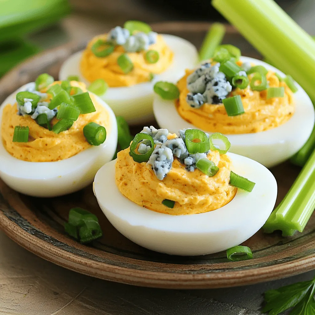 - 6 large eggs - 3 tablespoons mayonnaise - 1 tablespoon Greek yogurt - 2 tablespoons hot sauce (like Frank's RedHot) - 1 teaspoon Dijon mustard - 1/4 teaspoon garlic powder - Salt and pepper to taste - 2 tablespoons crumbled blue cheese (plus extra for garnish) - Chopped green onions for garnish - Optional: celery sticks for serving - Pot for boiling eggs - Mixing bowl - Fork or potato masher - Piping bag (optional) - Ice water bowl To make Buffalo deviled eggs, you need simple yet tasty ingredients. Start with six large eggs. They form the base of this dish. Next, you will add three tablespoons of mayonnaise. This gives the filling a creamy texture. One tablespoon of Greek yogurt adds a nice tang. Then, you need two tablespoons of hot sauce. I like to use Frank's RedHot for that classic kick. One teaspoon of Dijon mustard adds depth to the flavor. A touch of garlic powder gives it an extra layer. Don’t forget salt and pepper to taste. They enhance all the flavors. For a rich taste, fold in two tablespoons of crumbled blue cheese. You can also save some for the garnish. Finally, chop green onions for a fresh finish. You can serve these eggs with celery sticks on the side. They add a nice crunch and coolness. All these ingredients come together for a delightful appetizer. You can find the full recipe easily to get started. - Step 1: Boiling the eggs To start, take 6 large eggs and place them in a pot. Cover the eggs completely with cold water. Heat the pot on medium-high until the water boils. Once it starts boiling, cover the pot and take it off the heat. Let the eggs sit for about 12-15 minutes. This step is key for perfect hard-boiled eggs. - Step 2: Cooling the eggs After the time is up, carefully move the eggs to a bowl filled with ice water. Let them cool for about 5 minutes. This makes peeling easier and helps stop the cooking process. - Step 3: Creating the yolk mixture Now, it’s time to prepare the filling. Slice the cooled eggs in half lengthwise. Gently scoop out the yolks into a mixing bowl. Add 3 tablespoons of mayonnaise, 1 tablespoon of Greek yogurt, 2 tablespoons of hot sauce, 1 teaspoon of Dijon mustard, and 1/4 teaspoon of garlic powder. Don’t forget to season with salt and pepper to taste. - Step 4: Combining with blue cheese Use a fork to mash the yolk mixture until it's smooth and creamy. Once it's well mixed, fold in 2 tablespoons of crumbled blue cheese. This adds a rich flavor that pairs perfectly with the hot sauce. - Step 5: Filling the egg whites Grab a piping bag or just a spoon. Fill each egg white half generously with the yolk mixture. Make sure to fill them well; this is where the flavor shines. - Step 6: Adding garnishes To make them look great, sprinkle extra blue cheese and some chopped green onions on top. These add a nice pop of color and flavor. If you want extra crunch, serve with celery sticks on the side. Enjoy your Buffalo Deviled Eggs! Check out the Full Recipe for more details. To make peeling eggs easy, use older eggs. Fresh eggs stick to their shells. After cooking, cool the eggs in ice water. This helps separate the egg from the shell. Cook times can vary. For a softer yolk, try 10-12 minutes. For a firmer yolk, go for 12-15 minutes. If you want a milder taste, cut back on the hot sauce. You can also swap it for a milder sauce. For a spicier kick, add more hot sauce or mix in cayenne pepper. Feel free to change the blue cheese too. Use feta for a lighter flavor or omit it entirely. Serve your Buffalo deviled eggs on a colorful platter. This makes them pop at parties. You can use celery sticks as a base for the eggs. For garnishing, sprinkle extra blue cheese and green onions on top. A drizzle of hot sauce adds color and flavor. {{image_2}} You can change up buffalo deviled eggs in fun ways. Adding different types of cheese gives a new taste. Creamy cheddar or tangy feta work well. Each cheese adds its own flavor and texture. You can also mix herbs or spices into the filling. Fresh chives, dill, or even smoked paprika add great depth. These small changes can make a big impact on flavor. If you want to try something else, consider spicy chipotle deviled eggs. They use chipotle sauce instead of hot sauce. This gives a smoky and spicy kick. Another option is classic deviled eggs with a twist. You can add bacon bits or avocado for a rich flavor. Each of these recipes keeps the spirit of deviled eggs while adding a new twist. For the full recipe, check out the details above. To keep your buffalo deviled eggs fresh, store them in the fridge. Place them in a container with a lid. This will help keep them from drying out. If you have the egg whites and yolk mixture separate, store each part in its own container. This can help maintain texture and flavor. How long do buffalo deviled eggs last? If stored properly, they last about 3 to 5 days in the fridge. Keep an eye on the date you made them. Signs of spoilage include a sour smell or a change in color. If you see any odd spots or the eggs look wet, it is best to toss them. Enjoy these tasty treats while they are fresh! You can serve buffalo deviled eggs with many tasty options. Here are some great appetizer pairings: - Celery sticks - Carrot sticks - Crackers - Chips - Veggie platter - Buffalo chicken dip - Cheese platter These items will complement the spicy flavor and creamy texture of the eggs. You can mix and match to find your favorite combinations. Yes, you can prepare buffalo deviled eggs ahead of time. This makes them a perfect choice for parties. Here’s how to do it: - Make the filling and fill the egg whites. - Cover the eggs tightly with plastic wrap. - Store them in the fridge for up to 24 hours. When you are ready to serve, just add the garnishes. This saves time and reduces stress. I recommend using Frank's RedHot for buffalo deviled eggs. It has a great balance of heat and flavor. Other good options include: - Crystal Hot Sauce - Texas Pete - Cholula Each sauce brings its own unique taste. You can also mix sauces to find your perfect heat level. Enjoy experimenting with flavors to make your deviled eggs shine! For the full recipe, check out the instructions above. In this blog post, we covered how to make delicious buffalo deviled eggs. I shared the necessary ingredients and kitchen tools. You learned step-by-step instructions to cook, prepare, and assemble the dish. We also discussed tips for perfecting the eggs and ideas for presenting them. Buffalo deviled eggs are versatile and fun to make. You can adjust the spice levels based on your taste. Enjoying this dish with friends will surely impress them. Try your variations or stick to the classic recipe. Happy cooking!