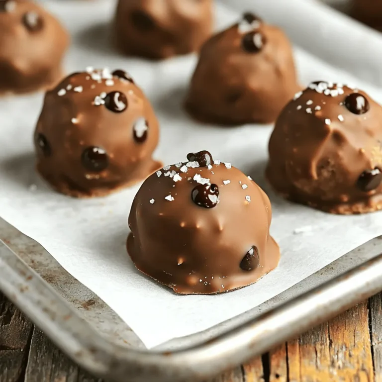 - 1 cup all-purpose flour - ½ cup unsalted butter, softened - ½ cup brown sugar, packed - ¼ cup granulated sugar - 2 tablespoons milk - 1 teaspoon vanilla extract - ½ cup mini chocolate chips - 1 ½ cups milk chocolate chips (for coating) - Sea salt (for garnish) When making your Chocolate Chip Cookie Dough Truffles, start with the basics. You'll need flour, soft butter, and both brown and granulated sugars. These ingredients create the rich dough base. Adding milk and vanilla gives it that classic cookie flavor. Mini chocolate chips add bursts of sweetness in each bite. - Nut butter for added flavor - Alternative sweeteners for healthier options If you want to mix things up, consider using nut butter. It can give a creamy taste and extra richness. You can also swap out sugars for healthier sweeteners. This way, you can enjoy your truffles with less guilt. For the full recipe, you can refer to the details above. - Prepare the Dough: Start by mixing ½ cup softened butter, ½ cup brown sugar, and ¼ cup granulated sugar in a medium bowl. Use a hand mixer or spatula to blend them until creamy. This step gives your truffles a sweet base. - Add Wet Ingredients: Next, stir in 2 tablespoons of milk and 1 teaspoon of vanilla extract. Mix well until fully combined. This adds moisture and flavor to your dough. - Chill the Dough: After mixing, cover the bowl with plastic wrap. Place it in the fridge for about 30 minutes. Chilling helps the dough firm up, making it easier to shape. - Form the Truffles: Once the dough is ready, scoop out tablespoon-sized portions. Roll each portion into a ball with your hands. Place them on a parchment-lined baking sheet. This helps keep them from sticking. - Melt the Chocolate: In a microwave-safe bowl, add 1½ cups of milk chocolate chips. Melt the chocolate in 30-second intervals, stirring in between. This ensures a smooth, even melt. - Coat the Truffles: Dip each cookie dough ball into the melted chocolate. Use a fork for easy dipping and to let excess chocolate drip off. Return them to the baking sheet. - Garnish: Before the chocolate hardens, sprinkle a pinch of sea salt on top of each truffle. This adds a lovely contrast to the sweet chocolate. For the full recipe, refer to the earlier section with ingredients and instructions. Enjoy making these delightful treats! To get the right texture for your truffles, adjust the flour. Start with 1 cup of flour. If the dough is too soft, add a little more flour. If it feels too dry, add a splash of milk. This helps you find the perfect balance. Chilling the dough is key. Let it sit in the fridge for about 30 minutes. This makes it firm and easier to shape. If you don’t chill it, the truffles may lose their shape when dipped in chocolate. Serve your Chocolate Chip Cookie Dough Truffles on a pretty platter. You can also use a decorative box for gifting. For a fun twist, add extra mini chocolate chips on top. This catches the eye and adds flair. Pair these truffles with cold milk or hot coffee. Both drinks enhance the sweet flavor. You can also serve them with dessert wine for an adult treat. A few tools make truffle-making easier. Use a medium bowl for mixing. A microwave-safe bowl is perfect for melting chocolate. A fork helps with dipping the truffles smoothly. Consider using a cookie scoop for even portions. This keeps each truffle the same size. Parchment paper helps with cleanup. Place your truffles on it while they chill. These gadgets will make your truffle-making process simple and fun! {{image_2}} You can make your truffles even more fun by changing the flavors. Adding different extracts like almond or mint gives each truffle a unique twist. For example, almond extract adds a nutty taste, while mint gives a refreshing kick. You can also use flavored chocolate for coating. Dark chocolate or white chocolate can create delightful contrasts. Try adding some espresso chocolate for a coffee flavor that pairs nicely with the cookie dough. If you want gluten-free truffles, use gluten-free flour instead of regular flour. You can find great options at most grocery stores. For vegan friends, substitute butter with coconut oil and use plant-based milk. These swaps still keep the rich taste of the truffles while making them suitable for different diets. It's easy to adjust the recipe to fit your needs! Truffles can be festive treats for special occasions. For holidays, decorate them with colored sprinkles or edible glitter. You can also shape them into holiday-themed forms like hearts or stars. For birthdays, use bright colors and fun designs. These little touches make your truffles stand out at any gathering. Your friends will love these creative treats, and you can find endless ways to make them special! To keep your Chocolate Chip Cookie Dough Truffles fresh, store them in an airtight container. This helps preserve their taste and texture. You can use a plastic container or a glass jar with a tight lid. If you stack the truffles, place parchment paper between layers. This prevents sticking and keeps them intact. In the fridge, these truffles last about one week. If you freeze them, they can stay fresh for up to three months. To freeze, place them in a single layer on a baking sheet. Once frozen, transfer them to a freezer bag. This method helps maintain flavor and texture. Watch for signs of spoilage, such as a change in smell or texture. If the chocolate coating looks dull or crumbly, it may not be good anymore. Always check before indulging in your delightful treat. Can I freeze this recipe? Yes, you can freeze these truffles. Place them in an airtight container. They stay fresh for up to three months. When ready to eat, let them thaw in the fridge for a few hours. How do I know when the truffles are set? You will know the truffles are set when the chocolate coating feels firm to the touch. This usually takes about 15 minutes in the fridge. If they still feel sticky, let them chill a bit longer. What to do if the chocolate is not melting properly? If the chocolate isn’t melting, check the microwave settings. Use medium power and heat in short bursts. Stir often to help it melt smoothly. If it seizes, add a small amount of oil to smooth it out. How to fix truffles that are too soft or crumbly? If your truffles are too soft, chill them longer before dipping. If they are crumbly, add a bit of milk to the dough. This will help bind the ingredients together better. Can I add nuts or dried fruits? Absolutely! Chopped nuts or dried fruits can add great flavor and texture. Just mix them in with the mini chocolate chips. What is the best way to reheat the chocolate? To reheat chocolate, use the microwave in 30-second intervals. Stir well between heating. You can also use a double boiler for a gentler heat. This keeps the chocolate smooth and shiny. You now know how to make delightful Chocolate Chip Cookie Dough Truffles. We covered the essential ingredients, from flour to chocolate chips. You learned preparation steps, chilling the dough, and coating techniques. I shared tips for perfect texture and creative serving suggestions. Variations let you customize flavors or adapt for dietary needs. Remember to store your truffles properly for freshness. With simple steps, you can impress anyone with these tasty treats. Enjoy your baking and happy truffling!
