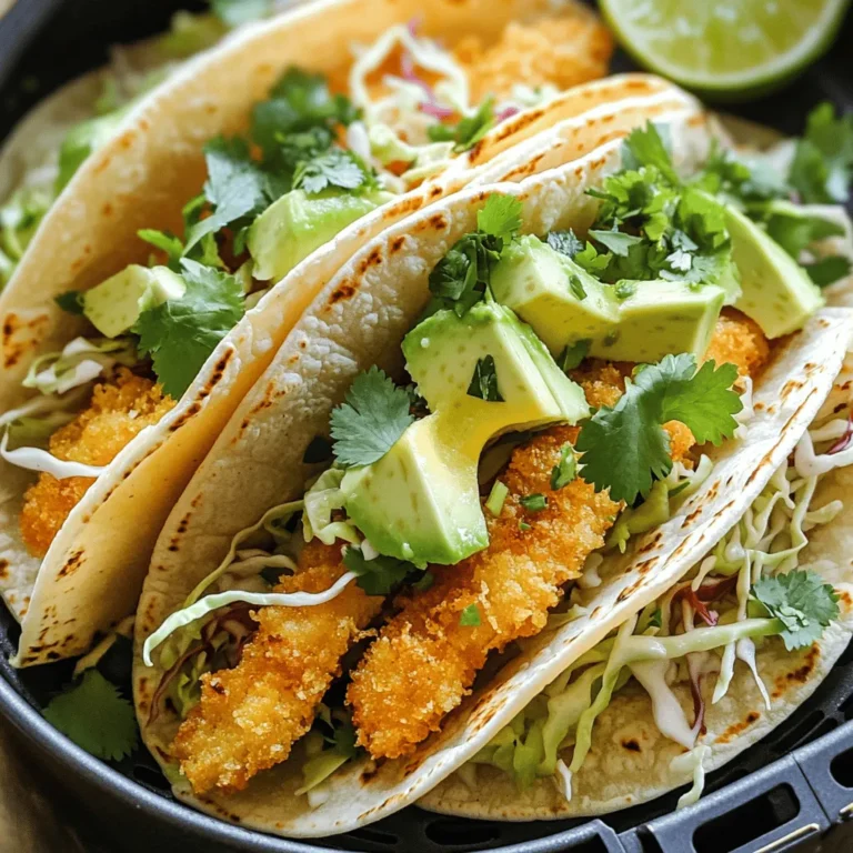 - 1 pound white fish fillets (tilapia or cod) - 1 cup breadcrumbs (panko for extra crunch) - 1 tablespoon olive oil - 1 teaspoon paprika - 1 teaspoon garlic powder - 1 teaspoon cumin - 1/2 teaspoon chili powder - Salt and pepper to taste - 8 small corn or flour tortillas - 1 cup shredded cabbage - 1 ripe avocado, sliced - 1 lime, cut into wedges - Fresh cilantro for garnish - Optional: Hot sauce for serving When you make these air fryer fish tacos, use fresh fish. Tilapia or cod works great. The breadcrumbs give a nice crunch. Panko adds extra texture, which is a real treat. Olive oil helps the fish stay moist while it cooks. Seasoning is key. Paprika gives a warm color and flavor. Garlic powder adds depth, while cumin brings earthy notes. Chili powder adds a gentle kick. Don’t forget to add salt and pepper to taste. This balance makes every bite delicious. For the assembly, small tortillas are best. They hold the fish and toppings well. Shredded cabbage adds crunch and freshness. Slices of ripe avocado give creaminess. Fresh lime juice brightens the flavors. You can garnish with cilantro for a fresh touch. If you like heat, add hot sauce to finish. For the full recipe, check the detailed instructions. Enjoy making these tasty fish tacos! Start by patting the fish fillets dry with paper towels. This step is key for making the fish crispy. Moist fish will steam instead of fry, losing that nice crunch. Once dried, cut the fillets into strips. Aim for pieces about two inches wide. This size fits well in the tacos and cooks evenly. In a bowl, combine the breadcrumbs, paprika, garlic powder, cumin, chili powder, salt, and pepper. Mix everything well to create a flavorful coating. I like to add a pinch of extra paprika for more color and taste. This blend brings out the best in the fish. Feel free to adjust spices to your liking. Preheat your air fryer to 400°F (200°C). This ensures the fish cooks evenly. Next, dip each fish strip in olive oil, then coat it with the breadcrumb mixture. Press it gently to make sure it sticks well. Place the coated strips in a single layer in the air fryer basket. You may need to cook in batches to avoid crowding. Cook for about 8-10 minutes, flipping halfway through. Look for a golden color and crispy texture for the perfect finish. For the full recipe, you can refer to the [Full Recipe]. To get that crispiness you crave, air circulation is key. Air fryers work by moving hot air around the food. This helps create a crunchy outside and keeps the inside moist. Always place the fish in a single layer. If you stack it, the texture will suffer. For different fish types, cooking times vary. Here are some guidelines: - Tilapia or Cod: Cook for 8-10 minutes at 400°F (200°C). - Salmon: Aim for about 10-12 minutes. - Haddock: Cook for 8-10 minutes as well. If your fish isn't crispy enough, check your coating. Make sure the fish is dry before you dip it in oil and breadcrumbs. You want that mixture to stick well. If the fish is overcooked, it can dry out. If it's undercooked, it will feel too soft. Always check the texture and adjust time as needed. Pair your tacos with fresh sides like a zesty corn salad or black beans. For drinks, a light beer or a refreshing lime soda works well. Customize your toppings for maximum flavor. Try adding pickled onions, jalapeños, or a creamy sauce. These will take your fish tacos to the next level! For the full recipe, check out the Crispy Air Fryer Fish Tacos section. {{image_2}} You can switch the fish for other types. Salmon or haddock works well too. Each fish adds its own taste to your tacos. If you want a gluten-free option, use crushed cornflakes or gluten-free breadcrumbs. They still give a nice crunch without gluten. Want more heat? Add extra chili powder or some cayenne pepper. You can also mix in lime zest for a bright twist. For sauces, try a creamy avocado sauce or a zesty cilantro lime dressing. These options boost flavor and add fun. Corn tortillas are great for their flavor and texture. They hold up well with the fish. Flour tortillas are softer and easy to fold. If you want something lighter, try using lettuce wraps. They make a fresh and crunchy base for your fish. Enjoy exploring these tasty options! To keep your cooked fish tacos fresh, follow these steps: - Allow the tacos to cool down to room temperature. - Use an airtight container to store them. - Place parchment paper between layers to avoid sogginess. Store them in the fridge for up to three days. This method helps keep the flavors and texture intact. When reheating, use the air fryer for best results. This method keeps the fish crispy. - Preheat your air fryer to 350°F (175°C). - Place the tacos in the basket in a single layer. - Heat for about 5-7 minutes. Check to ensure they are hot throughout. This will help you enjoy the same great taste. Yes, you can freeze cooked fish tacos. However, freezing can change the texture. To freeze: - Separate the fish, tortillas, and toppings. - Wrap the fish tightly in plastic wrap. - Place it in a freezer bag. - Store tortillas flat in a freezer bag. - For toppings, keep them in small containers. Use within three months for the best flavor. When ready to enjoy, thaw in the fridge overnight before reheating. You can tell when the fish is done by its color and texture. Perfectly cooked fish looks opaque and flakes easily with a fork. It should not be raw or mushy. The ideal internal temperature for fish is 145°F (63°C). Use a food thermometer to check this. Yes, you can prep some ingredients ahead. Cut the fish and mix the seasonings a day before. Store them in airtight containers in the fridge. The tacos are best when fresh, but you can store them in the fridge for up to two days. For fish tacos, I recommend an air fryer with a basket design. Look for models that allow for even air circulation. Popular choices include the Philips Airfryer and the Ninja Foodi. These models often have adjustable temperature settings and timers, which help in cooking fish perfectly. You learned how to make tasty air fryer fish tacos with simple ingredients. I covered the best fish types, seasonings, and topping ideas. Remember the tips for crispy texture and troubleshooting common issues. These tacos are easy to customize and fun to serve. Try different tortillas or sauces for a unique spin. Don’t forget to store any leftovers correctly to keep them fresh. Enjoy making these fish tacos and impress your friends and family with your cooking skills!