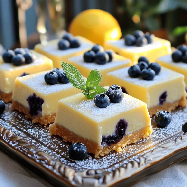 - 1 ½ cups graham cracker crumbs - ½ cup unsalted butter, melted - 2 cups cream cheese, softened - 1 cup sugar - 2 large eggs - 1 tablespoon lemon zest - ½ cup fresh lemon juice - 1 teaspoon vanilla extract - 1 cup fresh blueberries (plus extra for garnish) - 1 tablespoon cornstarch When making Lemon Blueberry Cheesecake Squares, each ingredient plays a key role. The graham cracker crumbs form the crust, giving it a sweet crunch. Unsalted butter helps bind the crumbs together, creating a solid base. Cream cheese provides the creamy texture and rich flavor we love in cheesecake. Sugar sweetens the filling, balancing the tartness of lemon juice and zest. Eggs add structure, making the cheesecake firm yet creamy. Fresh lemon juice and zest bring a bright, zesty flavor that shines through. Vanilla extract adds warmth, enhancing the overall taste. The blueberries are the stars of this recipe, bursting with flavor and color. They add sweetness and a bit of tang. Cornstarch helps thicken the filling, ensuring it sets nicely. - For graham cracker crumbs, you can use crushed cookies or digestive biscuits. - For a dairy-free option, use dairy-free cream cheese or cashew cream. - If you want a lower sugar option, try honey or a sugar substitute like stevia. - 1 cup of graham cracker crumbs is about 120 grams. - If you want to make a smaller batch, you can cut the recipe in half. Adjust baking time if you make larger squares. First, preheat your oven to 325°F (165°C). Grease a 9x9-inch baking dish. You can also line it with parchment paper. This makes it easy to lift the cheesecake out later. Next, in a medium bowl, combine 1 ½ cups of graham cracker crumbs with ½ cup of melted unsalted butter. Mix well until the crumbs feel moist. Press this mixture firmly into the bottom of your baking dish. This forms a solid crust for your cheesecake. In a large bowl, beat 2 cups of softened cream cheese with 1 cup of sugar. Do this until it's smooth and creamy. This usually takes about 2-3 minutes on medium speed. Then, add in 2 large eggs, one at a time. Mix well after each egg. Next, mix in 1 tablespoon of lemon zest, ½ cup of fresh lemon juice, and 1 teaspoon of vanilla extract. Make sure everything is well blended. Carefully fold in 1 cup of fresh blueberries and 1 tablespoon of cornstarch. Be gentle so you don’t break the berries. Pour the cheesecake filling over the prepared crust. Spread it evenly with a spatula. Bake in the oven for 30-35 minutes. You want the edges set, but the center should still jiggle slightly. This means it’s not overcooked. Once baked, remove it from the oven. Let it cool at room temperature for a while. After that, refrigerate for at least 4 hours, or overnight if you can. This helps the cheesecake set completely. When ready, lift the cheesecake squares out of the dish using the parchment paper if you used it. Cut into squares and enjoy! For the full recipe, check out the details above. - Overmixing the cheesecake batter: When you mix, do it gently. Overmixing can add air and cause cracks. You want a smooth mix, but keep it simple. Just blend until combined. - Not allowing proper cooling time: After baking, let the cheesecake cool at room temp. Chilling it in the fridge is key. If you cut it too soon, it may fall apart. - Best toppings and garnishes: Fresh blueberries are a great choice. You can also use whipped cream or a light lemon glaze. Adding mint leaves adds a nice touch. - Pairing with drinks or sides: Lemonade or iced tea pairs well. For a fun twist, try a light sparkling wine. It adds a refreshing touch to your treat. - How to slice and serve the squares elegantly: Use a sharp knife to cut. Wipe the knife between cuts for clean edges. Serve on a nice platter for a great look. - Using garnishes for visual appeal: A dusting of powdered sugar can make a big difference. Place a few blueberries on each square. A sprig of mint adds a pop of color and freshness. For the complete recipe, check out the [Full Recipe]. {{image_2}} You can switch up the flavors in your Lemon Blueberry Cheesecake Squares. Try using raspberries, strawberries, or even blackberries. Each berry brings its own taste and color. You can also mix berries for a vibrant look. If you love chocolate, consider adding a chocolate layer or drizzle on top. This adds a rich taste that pairs well with the lemon and blueberry. Many people have dietary needs, so I offer gluten-free options. Use gluten-free graham cracker crumbs for the crust. This keeps it tasty for everyone. For those who follow a vegan diet, you can make a vegan cheesecake. Replace cream cheese with a vegan alternative like cashew cream. Use plant-based eggs or flax eggs. This way, everyone can enjoy these delicious squares. You can adapt the squares for any season. For holidays, try adding spices like cinnamon or nutmeg. This gives your squares a festive touch. In summer, you can use fresh fruits like peaches or cherries. These fruits add brightness and sweetness. No matter the season, you can make these squares special and fun! To keep your lemon blueberry cheesecake squares fresh, store them in an airtight container. This helps prevent them from drying out. You can also cover the dish tightly with plastic wrap. These squares will last in the fridge for up to five days. After that, they may lose some flavor and texture. If you want to enjoy these squares later, freezing is a great option. First, cut the cheesecake into squares. Place wax paper between layers to avoid sticking. Then, wrap each square in plastic wrap and place them in a freezer bag. These squares can stay frozen for up to three months. To thaw, move them to the fridge overnight. This keeps them creamy and tasty. If you prefer warm cheesecake squares, here’s how to heat them. Take a square and place it on a microwave-safe plate. Heat it for about 10-15 seconds. Check if it is warm enough for your liking. If not, heat in small bursts to avoid overheating. Once warmed, serve with fresh blueberries on top for a delightful presentation. A runny cheesecake can happen for a few reasons. First, you may have overmixed the batter. Mixing too much adds air, which can cause it to be runny. Second, not using enough cornstarch can lead to a loose filling. To fix this, mix in a little more cornstarch and blend gently. You can also try baking the cheesecake a bit longer to help it set. Yes, you can prepare these squares ahead of time! Make them up to two days in advance. After baking, let them cool completely. Then, cover them tightly with plastic wrap and store them in the fridge. This allows the flavors to meld, making them even tastier! If you need a substitute for cream cheese, try using Greek yogurt or ricotta cheese. Both options provide a creamy texture. For a vegan choice, silken tofu works well. Blend it until smooth, then add a bit of lemon juice for tanginess. Check for signs of doneness while baking. The edges should look set, but the middle can still jiggle slightly. As it cools, the center will firm up. You can also insert a toothpick into the center; if it comes out mostly clean, it's done. Yes, frozen blueberries can work in this recipe. They may release more juice during baking, so expect a slightly different texture. To help with this, you can toss the frozen berries in a bit of cornstarch before adding them to the batter. This helps absorb some of the extra moisture. You now have a complete guide for making Lemon Blueberry Cheesecake Squares. By following the steps, you can create a delicious treat. Remember to consider ingredient swaps and measurements for your needs. Avoid common mistakes to ensure the best results. Store your cheesecake properly to keep it fresh. Feel free to try variations to make it your own. Enjoy making this dessert and impressing those around you. Happy baking!