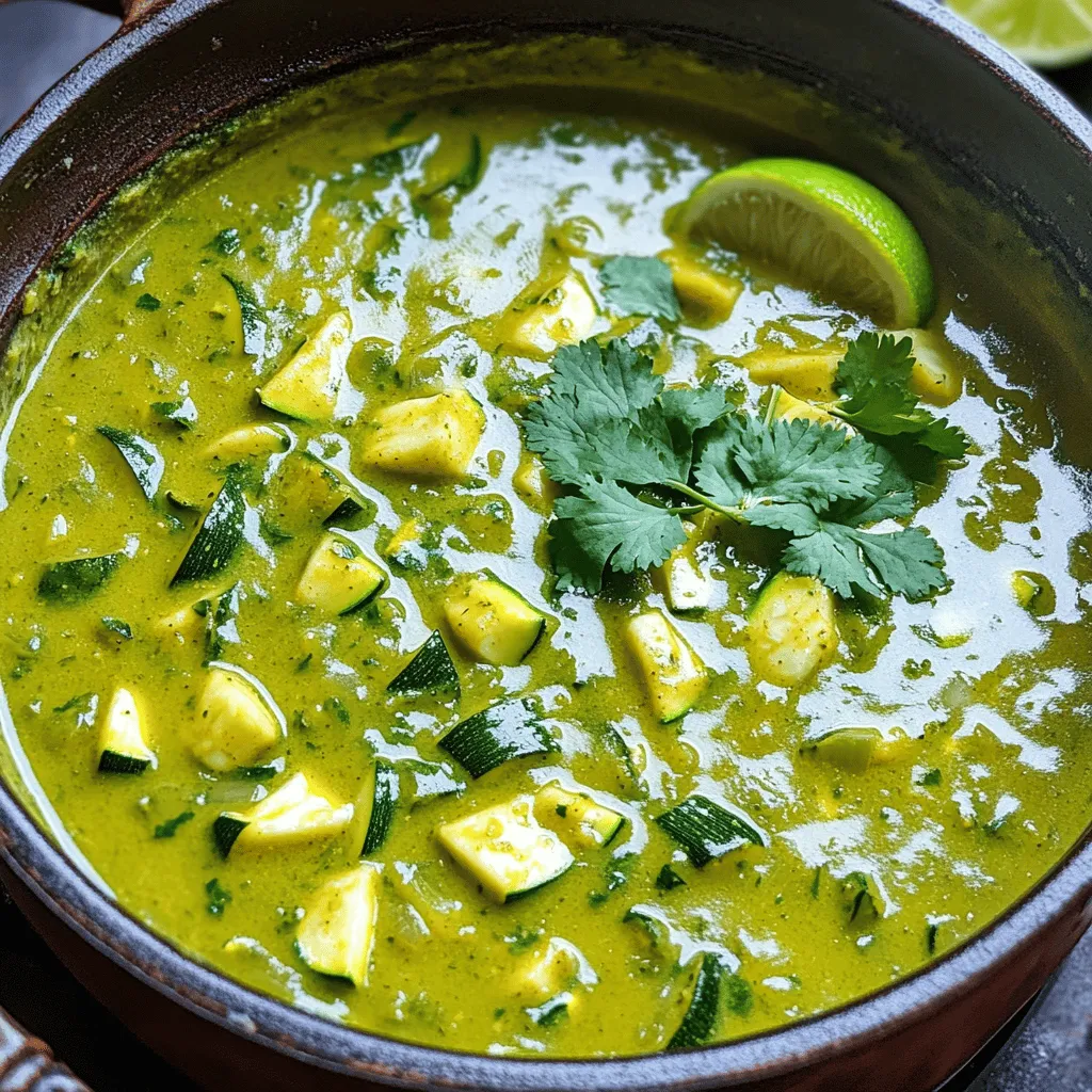 To make the Spicy Curry Zucchini Soup, gather these ingredients: - 4 medium zucchinis, chopped - 1 medium onion, diced - 3 cloves garlic, minced - 1 tablespoon fresh ginger, grated - 1 tablespoon red curry paste - 1 can (14 oz) coconut milk - 4 cups vegetable broth - 2 tablespoons olive oil - 1 teaspoon turmeric powder - 1 teaspoon ground cumin - Salt and pepper to taste - Fresh cilantro, for garnish - Lime wedges, for serving If you have dietary needs, here are some easy swaps you can try: - Use low-sodium vegetable broth for less salt. - Swap coconut milk with almond milk for a lighter option. - Replace red curry paste with yellow curry paste for less heat. - Choose zucchini noodles for a low-carb version or if you want a fun twist. Each bowl of this soup is not just tasty; it’s also healthy. Here’s what you get: - Calories: About 250 - Protein: 4g - Carbohydrates: 16g - Fiber: 5g - Fat: 20g This soup is packed with vitamins from the zucchini and nutrients from the spices. Enjoy it knowing you’re making a healthy choice. For the full recipe, check out the sections before. 1. Start by heating 2 tablespoons of olive oil in a large pot over medium heat. 2. Add 1 medium diced onion. Sauté for about 5 minutes until it turns translucent. 3. Next, stir in 3 minced cloves of garlic and 1 tablespoon of grated ginger. Cook for 1 minute until fragrant. 4. Add 4 medium chopped zucchinis to the pot. Stir well and cook for 5-7 minutes until they soften. 5. Now, mix in 1 tablespoon of red curry paste, 1 teaspoon of turmeric, and 1 teaspoon of cumin. Coat the veggies well. 6. Pour in 4 cups of vegetable broth. Bring the mixture to a boil, then reduce the heat. Let it simmer for 15-20 minutes until the zucchini is tender. 7. Remove the pot from heat. Use an immersion blender to puree the soup until smooth. If you don't have one, let the soup cool slightly. Blend it in a countertop blender in batches. 8. Return the pot to low heat. Stir in 1 can of coconut milk. Season with salt and pepper to taste. Heat for another 5 minutes. 9. Serve hot, garnished with fresh cilantro and lime wedges on the side. To get a creamy texture, blend the soup well. If your soup is too thick, add more broth or water. If it’s too thin, let it simmer longer to thicken. You can make this soup in a slow cooker. Just sauté the onion, garlic, and ginger first. Then add all other ingredients to the slow cooker. Cook on low for 6-8 hours or high for 3-4 hours. If you use an Instant Pot, sauté the onion, garlic, and ginger on the sauté setting. Add the rest of the ingredients, seal the lid, and cook on high pressure for 10 minutes. Let it naturally release for 10 minutes before blending. For the full recipe, check out the complete steps and details. To boost the flavor of your soup, use fresh herbs. Fresh cilantro adds a nice touch. Add a squeeze of lime for brightness. You can also try a pinch of red pepper flakes for extra heat. If you want a deeper flavor, consider adding a dash of soy sauce or tamari. Experiment with spices like coriander or cardamom. These can bring unique notes to your dish. One mistake is adding too much salt too early. It can make your soup too salty. Taste as you go to avoid this. Another common error is not cooking the onions long enough. They should be soft and sweet before adding other ingredients. Also, don’t skip blending the soup. It helps create a smooth texture. Lastly, remember to let the soup simmer. This allows the flavors to meld beautifully. Start by washing all your vegetables well. Cut the zucchini into even pieces for uniform cooking. When chopping onions, use a sharp knife for safety and ease. Mince the garlic finely to release its full flavor. Grate fresh ginger instead of using powdered ginger. Fresh ginger adds a bright taste. When measuring spices, level off the spoon to ensure accuracy. For the full recipe, check out the complete guide. {{image_2}} You can easily make this soup vegan and gluten-free. The main ingredients are already plant-based. Just use vegetable broth and coconut milk, which are both vegan-friendly. Avoid dairy-based toppings like sour cream. Instead, add more fresh herbs or vegan yogurt for creaminess. To change the spice level, adjust the amount of red curry paste. Use less if you prefer a milder soup. You can also add a splash of lime juice for a zesty kick. For extra heat, add some chopped fresh chili or a pinch of cayenne pepper. If you want to switch it up, try yellow curry paste or even a dash of curry powder. You can make this soup heartier by adding extra vegetables. Try carrots, bell peppers, or spinach. For proteins, add chickpeas or cooked lentils. These will boost the nutrition and make the soup filling. Just remember to adjust the cooking times to ensure everything cooks evenly. For the complete recipe of Spicy Curry Zucchini Soup, check out the Full Recipe link. You can store leftover Spicy Curry Zucchini Soup in an airtight container. Let the soup cool down first. This helps keep the flavor and texture fresh. If you have a large batch, consider dividing it into smaller containers. This way, you can grab just what you need. To freeze the soup, pour it into freezer-safe bags or containers. Leave some space at the top since liquids expand when frozen. Label the bags with the date. When you want to eat it, thaw the soup in the fridge overnight. To reheat, pour the soup into a pot. Heat on low until warm, stirring often. You can also use a microwave if you prefer. In the fridge, the soup lasts about 3 to 4 days. If you freeze it, it will be good for up to 3 months. After that, the soup may lose quality, but it will still be safe to eat. Always check for any off smells or changes in color before enjoying your leftover soup. You can enjoy this soup with warm bread. A crusty baguette or naan works well. You can also serve it with a fresh salad. A simple green salad adds a nice crunch. For extra protein, pair it with grilled chicken. Rice or quinoa can make the meal more filling. I love to top it with fresh herbs. Cilantro or basil adds a burst of flavor. Yes, you can make this soup ahead of time. It stores well in the fridge for up to three days. Just let it cool before placing it in a container. When you reheat, add a splash of coconut milk for creaminess. This soup also freezes nicely. Store it in freezer-safe bags or containers. Thaw overnight in the fridge before reheating. To make this soup milder for kids, reduce the curry paste. Start with half a tablespoon instead of a full one. You can also skip the red curry paste altogether. Add more coconut milk for creaminess and sweetness. Serve the soup with lime wedges for extra zing. Kids can add lime to their own bowls. This way, they control the flavor balance. This blog post covered how to make Spicy Curry Zucchini Soup. We reviewed all the ingredients, cooking steps, and tips to improve flavor. You learned ways to adapt the recipe for dietary needs and various cooking methods. Lastly, we discussed storage and answered common questions. Enjoy making this soup, and feel free to experiment. You can create a dish that suits your taste and diet. Happy cooking!