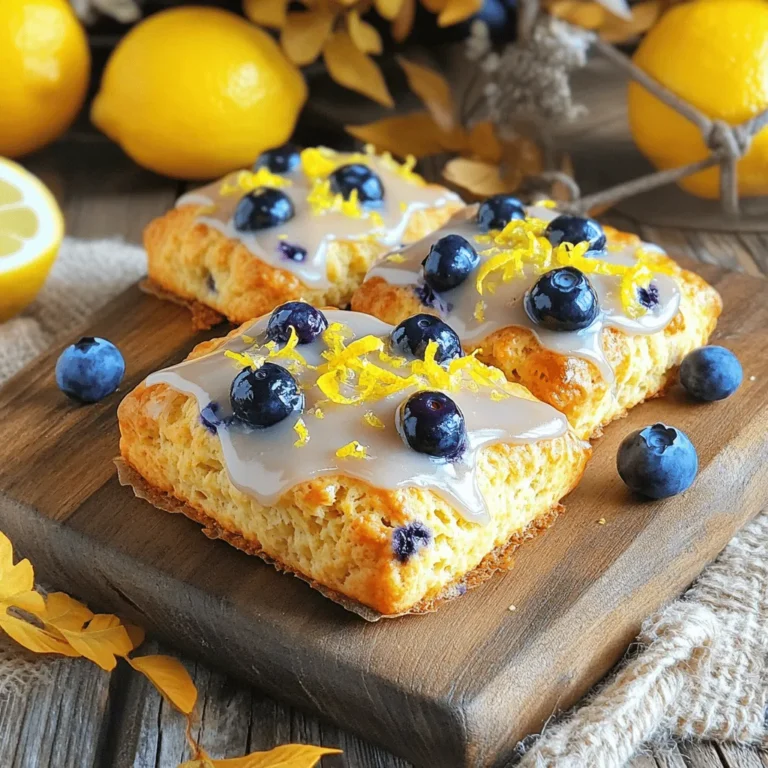 - 2 cups all-purpose flour - 1/3 cup granulated sugar - 1 tablespoon baking powder - 1/2 teaspoon salt - 1/2 cup unsalted butter, cold and cubed - Zest of 1 large lemon - 1 cup fresh blueberries (or frozen if unavailable) - 1/2 cup heavy cream - 1 large egg - 1 teaspoon vanilla extract - 1 cup powdered sugar - 2 tablespoons fresh lemon juice - 1-2 teaspoons milk (as needed) I love the fresh taste of lemon blueberry scones. The bright lemon zest adds a punch. The blueberries burst in your mouth, giving a sweet contrast. To make the scones, start with the main ingredients. You need all-purpose flour for a good base. Granulated sugar adds sweetness. Baking powder helps the scones rise. Salt balances the flavor. The cold butter gives a nice flaky texture. Next, we need flavor enhancers. The lemon zest is key for that citrus zing. Fresh blueberries are juicy and sweet. If you can't find fresh, frozen blueberries work just fine. For the wet ingredients, heavy cream adds richness. One egg helps bind everything together. The vanilla extract brings a warm note to the scones. Finally, the glaze is what makes these scones special. It’s simple: powdered sugar mixed with fresh lemon juice. You may need a bit of milk to get the right drizzle. You can find the full recipe to make these delightful scones. Follow each step, and you’ll end up with a treat that everyone loves. - Preheat your oven to 400°F (200°C) and line a baking sheet with parchment paper. - Whisk together the flour, sugar, baking powder, and salt in a large mixing bowl. - Blend cold, cubed butter into the dry ingredients until a coarse crumb texture forms. - Gently fold in blueberries and lemon zest without crushing the berries. - Combine heavy cream, egg, and vanilla in a separate bowl and add to the dry mixture. - Shape the dough and cut it into wedges before placing on the prepared baking sheet. - Bake for 15-20 minutes until golden brown and cool briefly on a wire rack. - Drizzle prepared glaze over warm scones. To see the complete recipe, check out the [Full Recipe]. To get the best scones, start with cold butter. Cold butter gives your scones a flaky texture. Cut the butter into small cubes before mixing. It helps to keep the butter cold until you mix it in. Also, avoid over-mixing the dough. Just mix until you see no dry flour. This keeps the scones light and airy. I love serving these scones warm. A pat of clotted cream or butter makes them even better. For a pop of color, garnish with lemon zest and fresh blueberries. This simple touch makes your presentation shine. You can even serve them on a rustic wooden board for a cozy feel. If you have leftover scones, store them in an airtight container. They stay fresh for 1-2 days at room temperature. For longer storage, freeze the baked scones. Just place them in a freezer bag after they cool. When you want one, reheat it in the oven. This way, they taste like fresh-baked again! {{image_2}} You can play with flavors in your scones. Try adding lemon extract for a stronger lemon taste. This gives your scones a bright and bold flavor. You can also mix in other fruits. Raspberries and strawberries work well. They add a fun twist to the classic blueberry scone. Want a healthier scone? Use whole wheat flour instead of all-purpose flour. This change boosts fiber and nutrients. You can also swap half of the butter for Greek yogurt. This cuts down on fat while keeping your scones moist and tasty. For those needing gluten-free options, use a gluten-free flour blend. It works just like regular flour and keeps the scones light. If you prefer less sweetness, adjust the sugar content. This way, you can enjoy your scones without too much sugar. Exploring these variations makes your scones unique while still following the [Full Recipe]. Store your scones in an airtight container for 1-2 days. This keeps them fresh and tasty. If you leave them out too long, they may dry out. You can refrigerate scones for up to a week in a sealed container. This helps maintain moisture. Just remember to enjoy them before they lose their charm! To freeze baked scones, place them in a single layer on a baking sheet. Once they are frozen, transfer them to a freezer bag. This method keeps them fresh for up to 2 months. When you're ready to enjoy, just reheat them straight from the freezer. This way, you can have a warm treat anytime! For the full recipe, check the earlier section. - Yes, frozen blueberries work well; do not thaw before adding. Frozen blueberries keep their shape and add a nice burst of flavor. They also help your scones stay moist during baking. - They should be golden brown and a toothpick should come out clean. Check the scones around the 15-minute mark. If they look golden and the toothpick is clean, they’re ready to enjoy. - Reheat in the oven at 350°F for about 5-10 minutes for a freshly baked taste. This warms them up nicely and restores their flaky texture. Microwave reheating can make them soggy, so avoid that. - Whisk together powdered sugar, lemon juice, and milk until smooth and drizzle over cooled scones. Aim for a thick but pourable consistency. This glaze adds a sweet, tangy finish to your scones. - Yes, prepare the dough and freeze unbaked scones for easy baking later. This is a great time-saver for busy mornings. Just bake them straight from the freezer, adding a few extra minutes to the bake time. You now know how to make delicious lemon blueberry scones. Start with simple ingredients like flour, sugar, and butter. Mix in fresh blueberries and lemon zest for flavor. Follow the steps to create a tasty dough and bake until golden brown. Remember, using cold butter and not over-mixing gives the best texture. Enjoy your scones warm with clotted cream, or try different fruit and recipe variations. These tips ensure your baking will be a hit every time. Happy baking!