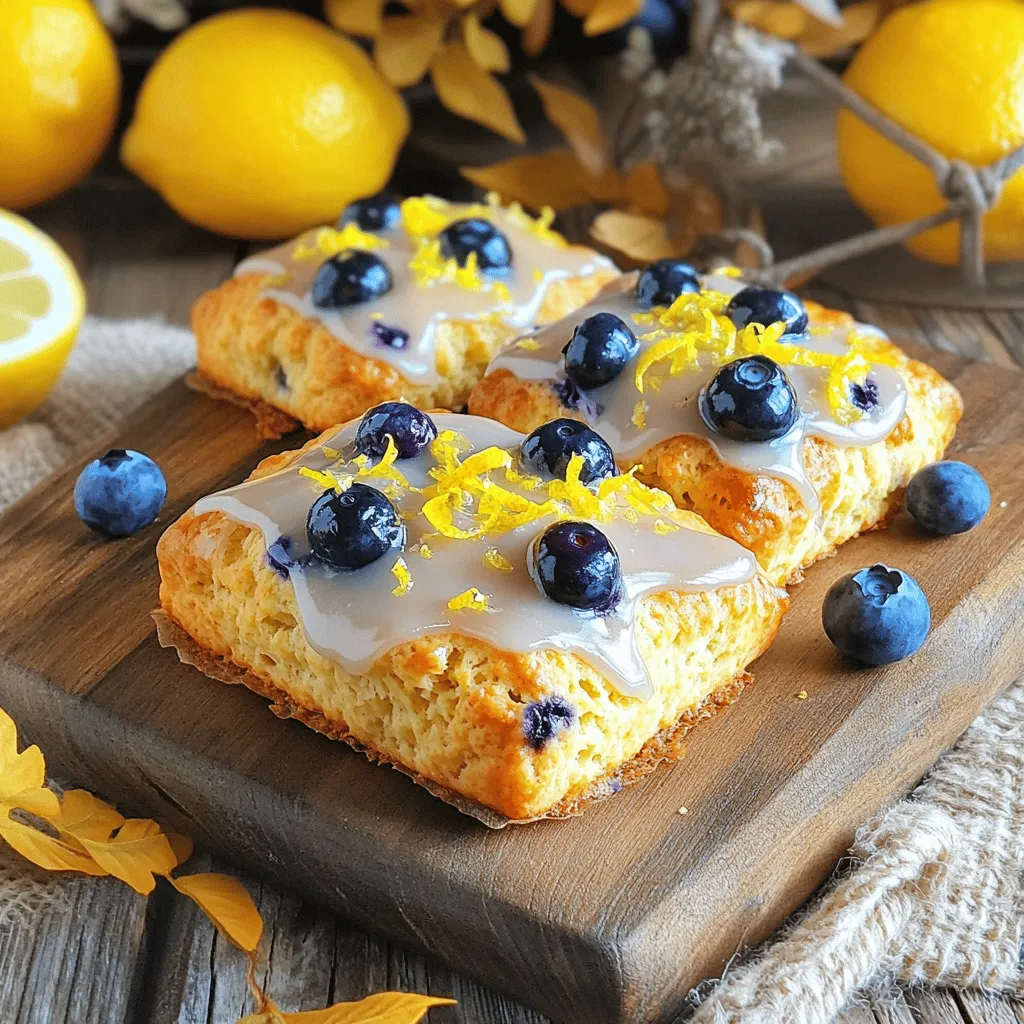 - 2 cups all-purpose flour - 1/3 cup granulated sugar - 1 tablespoon baking powder - 1/2 teaspoon salt - 1/2 cup unsalted butter, cold and cubed - Zest of 1 large lemon - 1 cup fresh blueberries (or frozen if unavailable) - 1/2 cup heavy cream - 1 large egg - 1 teaspoon vanilla extract - 1 cup powdered sugar - 2 tablespoons fresh lemon juice - 1-2 teaspoons milk (as needed) I love the fresh taste of lemon blueberry scones. The bright lemon zest adds a punch. The blueberries burst in your mouth, giving a sweet contrast. To make the scones, start with the main ingredients. You need all-purpose flour for a good base. Granulated sugar adds sweetness. Baking powder helps the scones rise. Salt balances the flavor. The cold butter gives a nice flaky texture. Next, we need flavor enhancers. The lemon zest is key for that citrus zing. Fresh blueberries are juicy and sweet. If you can't find fresh, frozen blueberries work just fine. For the wet ingredients, heavy cream adds richness. One egg helps bind everything together. The vanilla extract brings a warm note to the scones. Finally, the glaze is what makes these scones special. It’s simple: powdered sugar mixed with fresh lemon juice. You may need a bit of milk to get the right drizzle. You can find the full recipe to make these delightful scones. Follow each step, and you’ll end up with a treat that everyone loves. - Preheat your oven to 400°F (200°C) and line a baking sheet with parchment paper. - Whisk together the flour, sugar, baking powder, and salt in a large mixing bowl. - Blend cold, cubed butter into the dry ingredients until a coarse crumb texture forms. - Gently fold in blueberries and lemon zest without crushing the berries. - Combine heavy cream, egg, and vanilla in a separate bowl and add to the dry mixture. - Shape the dough and cut it into wedges before placing on the prepared baking sheet. - Bake for 15-20 minutes until golden brown and cool briefly on a wire rack. - Drizzle prepared glaze over warm scones. To see the complete recipe, check out the [Full Recipe]. To get the best scones, start with cold butter. Cold butter gives your scones a flaky texture. Cut the butter into small cubes before mixing. It helps to keep the butter cold until you mix it in. Also, avoid over-mixing the dough. Just mix until you see no dry flour. This keeps the scones light and airy. I love serving these scones warm. A pat of clotted cream or butter makes them even better. For a pop of color, garnish with lemon zest and fresh blueberries. This simple touch makes your presentation shine. You can even serve them on a rustic wooden board for a cozy feel. If you have leftover scones, store them in an airtight container. They stay fresh for 1-2 days at room temperature. For longer storage, freeze the baked scones. Just place them in a freezer bag after they cool. When you want one, reheat it in the oven. This way, they taste like fresh-baked again! {{image_2}} You can play with flavors in your scones. Try adding lemon extract for a stronger lemon taste. This gives your scones a bright and bold flavor. You can also mix in other fruits. Raspberries and strawberries work well. They add a fun twist to the classic blueberry scone. Want a healthier scone? Use whole wheat flour instead of all-purpose flour. This change boosts fiber and nutrients. You can also swap half of the butter for Greek yogurt. This cuts down on fat while keeping your scones moist and tasty. For those needing gluten-free options, use a gluten-free flour blend. It works just like regular flour and keeps the scones light. If you prefer less sweetness, adjust the sugar content. This way, you can enjoy your scones without too much sugar. Exploring these variations makes your scones unique while still following the [Full Recipe]. Store your scones in an airtight container for 1-2 days. This keeps them fresh and tasty. If you leave them out too long, they may dry out. You can refrigerate scones for up to a week in a sealed container. This helps maintain moisture. Just remember to enjoy them before they lose their charm! To freeze baked scones, place them in a single layer on a baking sheet. Once they are frozen, transfer them to a freezer bag. This method keeps them fresh for up to 2 months. When you're ready to enjoy, just reheat them straight from the freezer. This way, you can have a warm treat anytime! For the full recipe, check the earlier section. - Yes, frozen blueberries work well; do not thaw before adding. Frozen blueberries keep their shape and add a nice burst of flavor. They also help your scones stay moist during baking. - They should be golden brown and a toothpick should come out clean. Check the scones around the 15-minute mark. If they look golden and the toothpick is clean, they’re ready to enjoy. - Reheat in the oven at 350°F for about 5-10 minutes for a freshly baked taste. This warms them up nicely and restores their flaky texture. Microwave reheating can make them soggy, so avoid that. - Whisk together powdered sugar, lemon juice, and milk until smooth and drizzle over cooled scones. Aim for a thick but pourable consistency. This glaze adds a sweet, tangy finish to your scones. - Yes, prepare the dough and freeze unbaked scones for easy baking later. This is a great time-saver for busy mornings. Just bake them straight from the freezer, adding a few extra minutes to the bake time. You now know how to make delicious lemon blueberry scones. Start with simple ingredients like flour, sugar, and butter. Mix in fresh blueberries and lemon zest for flavor. Follow the steps to create a tasty dough and bake until golden brown. Remember, using cold butter and not over-mixing gives the best texture. Enjoy your scones warm with clotted cream, or try different fruit and recipe variations. These tips ensure your baking will be a hit every time. Happy baking!