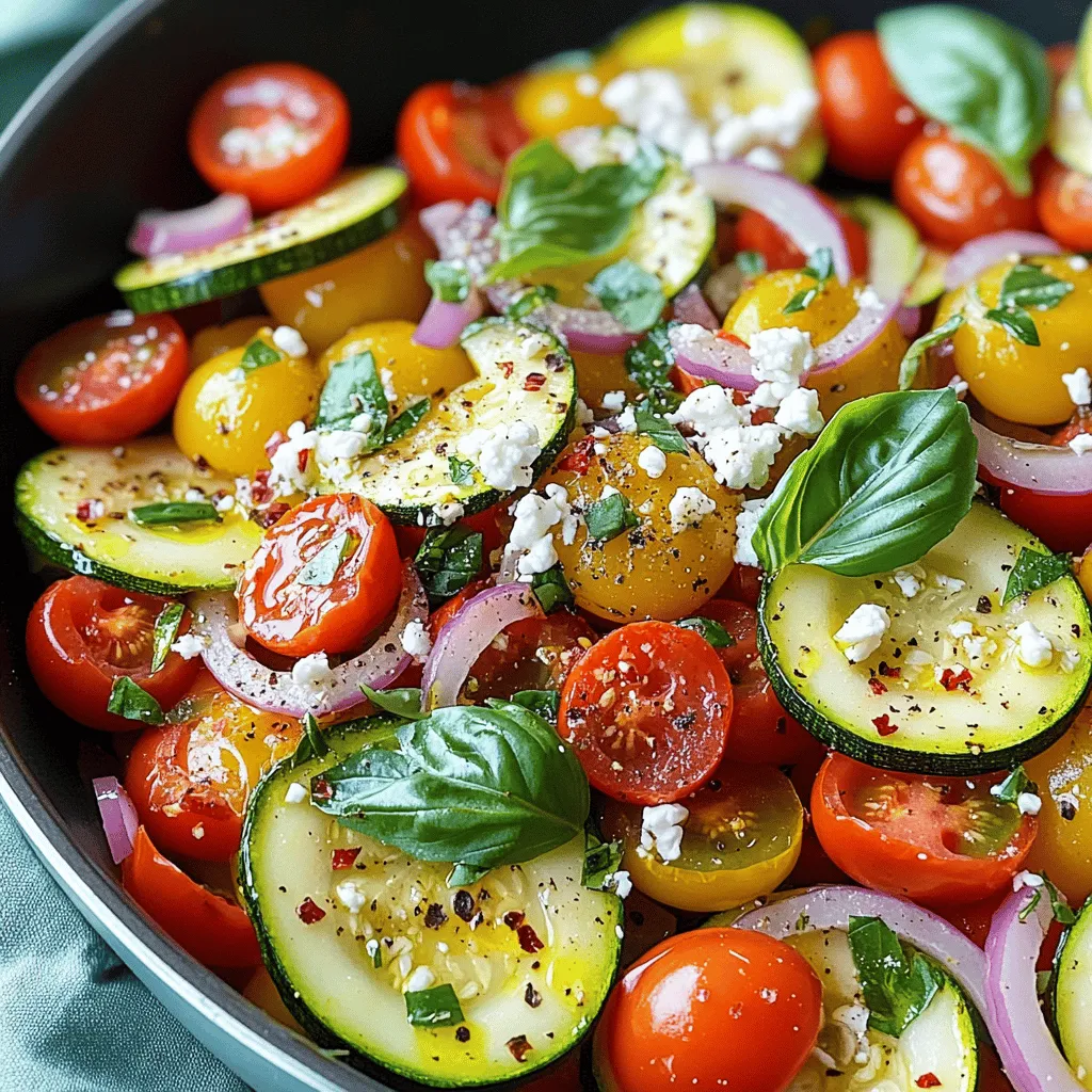 - 3 medium zucchinis, sliced into half-moons - 2 large tomatoes, diced - 1 red onion, thinly sliced - 3 cloves garlic, minced - 2 tablespoons olive oil - 1 teaspoon dried oregano - 1 teaspoon red pepper flakes (optional for heat) - Salt and pepper to taste - Fresh basil leaves for garnish - 1/4 cup feta cheese, crumbled When making this dish, I love using fresh, vibrant ingredients. Zucchini and tomatoes shine in this recipe. The zucchinis bring a lovely crunch, while tomatoes add a juicy burst of flavor. The red onion gives a sweet touch, and garlic adds depth. Don’t skip the olive oil; it helps bring all the flavors together. For seasoning, dried oregano offers a classic taste that pairs well with our core ingredients. If you like a little kick, the red pepper flakes are perfect. Lastly, fresh basil and feta cheese can elevate the dish. The basil adds a fresh note, and feta gives a creamy contrast. You can find the full recipe for this tasty Zucchini and Tomato Skillet above! First, gather your ingredients for the Zucchini and Tomato Skillet. You need 3 medium zucchinis, 2 large tomatoes, 1 red onion, and 3 cloves of garlic. Slice the zucchinis into half-moons. Dice the tomatoes and thinly slice the red onion. Mince the garlic. Heat 2 tablespoons of olive oil in a large skillet over medium heat. Once the oil is hot, add the sliced red onion. Sauté for about 3-4 minutes until it turns translucent. Then, stir in the minced garlic and cook for another minute. The aroma will fill your kitchen! Next, add the sliced zucchinis to the skillet. Season with salt, pepper, and 1 teaspoon of dried oregano. If you like some heat, toss in 1 teaspoon of red pepper flakes. Cook for about 5-7 minutes, stirring often. You want the zucchinis to be tender and a bit browned. After that, gently incorporate the diced tomatoes into the skillet. Stir and cook for another 3-4 minutes. This lets the tomatoes soften and release their juices. Now, it's time to taste your dish. Adjust the seasoning if needed, adding more salt or pepper. Remove the skillet from the heat. If you want a bit of creaminess, sprinkle 1/4 cup of crumbled feta cheese on top. Finish with fresh basil leaves for a burst of flavor. You can serve this warm right from the skillet. Check out the Full Recipe for more details! To make your zucchini and tomato skillet shine, you can adjust the spices. If you like more heat, add more red pepper flakes. For a milder taste, skip them altogether. You can also play with herbs. Fresh basil adds a bright taste. Dried oregano gives a warm flavor. Taste as you go. This helps you find the right balance. Preparation can be quick and easy. Slice your zucchinis and tomatoes ahead of time. You can also chop the onion and garlic in advance. Store them in the fridge until you are ready to cook. This way, you save time when you’re hungry. The key to great zucchini is cooking it just right. Sauté it until it's tender but still crisp. If you cook it too long, it becomes mushy. I recommend stirring occasionally to get even cooking. When you sauté, start with the onion. This builds a strong base flavor. Once it’s translucent, add garlic. Garlic adds depth, but don't let it burn. After that, toss in the zucchinis and let them brown. This step enhances their taste and makes them delicious. Zucchini and tomato skillet pairs well with many toppings. Crumbled feta adds creaminess. Fresh basil gives a lift. You can also serve it with rice or quinoa for a full meal. For a crunch, add toasted pine nuts or walnuts on top. This adds texture and flavor. Enjoy it warm or at room temperature; it’s tasty either way. For the full recipe, check the details above. {{image_2}} You can switch zucchini and tomatoes for other tasty veggies. Consider using bell peppers, eggplant, or summer squash. Each swap brings a new flavor. For a sweeter touch, add corn or peas. These choices can keep your dish fresh and exciting all season long. Want to make this dish vegan? Simply skip the feta cheese. The flavors from the garlic, herbs, and veggies stand strong on their own. You can also make it gluten-free by ensuring all spices are certified gluten-free. This way, everyone can enjoy it. If you want a smoky flavor, try grilling the veggies. Brush them with olive oil and season before grilling. Alternatively, you can roast the veggies in the oven. This method caramelizes their natural sugars, giving you a rich, deep taste. Both methods add a unique spin to your zucchini and tomato skillet. For the full recipe, check the instructions above. To store leftovers, let the dish cool first. Place it in an airtight container. Store it in the fridge for up to three days. This helps keep the flavors fresh. When you want to eat it, just reheat it on the stove or in the microwave. For long-term storage, you can freeze the Zucchini and Tomato Skillet. Use freezer-safe bags or containers. Make sure to remove as much air as possible. It will last up to three months in the freezer. To reheat, thaw it overnight in the fridge. Then, warm it on the stove until heated through. The shelf life of the Zucchini and Tomato Skillet varies. When stored in the fridge, it stays good for about three days. If frozen, it can last up to three months. Always check for any signs of spoilage before use. Enjoy this easy dish at its best with proper storage! For the full recipe, check the main article. You can enjoy this dish with many different options. Here are some ideas: - Grilled chicken for a protein boost. - Quinoa or rice to add a grain. - Crusty bread to soak up juices. - A crisp green salad for freshness. Yes, you can prepare it in advance. Here’s how: - Cook the dish and let it cool. - Store it in an airtight container in the fridge. - Reheat in the skillet over low heat. - Add a splash of olive oil to keep it moist. Definitely! This dish is packed with nutrients. Here are some benefits: - Zucchini is low in calories and high in fiber. - Tomatoes provide vitamins A and C. - Olive oil offers healthy fats for your heart. - You can add feta cheese for extra flavor and protein. You can easily change the spice level. Here are some tips: - Add more or less red pepper flakes. - Try a pinch of cayenne for more heat. - Use sweet paprika for a milder flavor. - Taste as you go to get it just right. You can find the full recipe [here](#). Enjoy making this simple and tasty dish! This blog post walked through making a simple zucchini and tomato skillet. We explored key ingredients, preparation steps, and ways to adjust flavors. Remember, you can swap veggies or adjust spices to fit your taste. Storing leftovers is easy too, whether in the fridge or freezer. Cooking can be fun and flexible. Enjoy trying new ideas and share them with friends to inspire creativity in the kitchen!