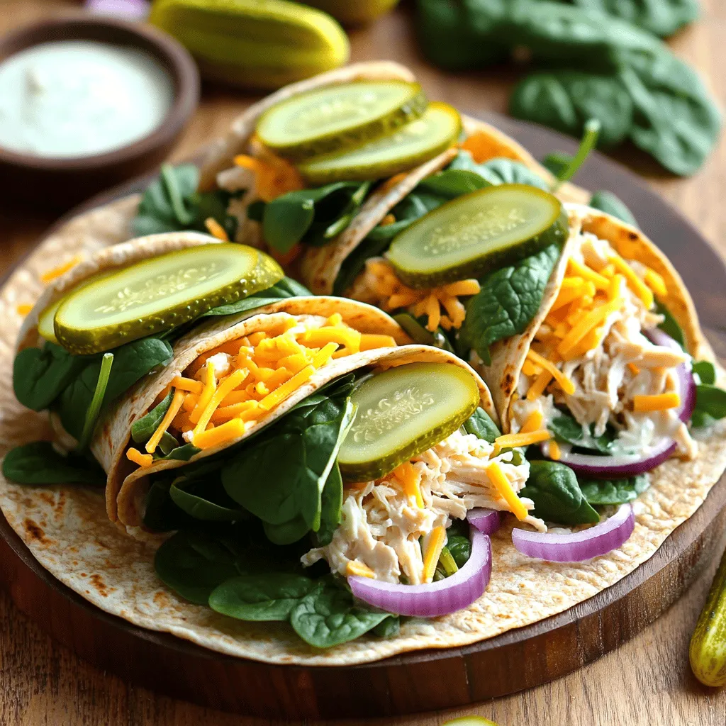 To make Pickle Ranch Chicken and Spinach Wraps, you need fresh and tasty ingredients. Here’s what you will need: - 2 cups cooked chicken, shredded or diced - 1/2 cup dill pickle slices, coarsely chopped - 1/2 cup ranch dressing - 1 cup fresh baby spinach - 4 large whole wheat tortillas - 1/2 cup shredded cheddar cheese - 1/4 cup red onion, thinly sliced - Salt and pepper to taste - Optional garnishes These ingredients come together to create a wrap full of flavor. The cooked chicken gives protein and heartiness. The dill pickles add a nice crunch and tang. Ranch dressing ties all the flavors together with creamy goodness. Fresh spinach adds a pop of color and nutrients. Using whole wheat tortillas makes it a bit healthier. The shredded cheese adds melty fun, while the red onion gives a slight bite. You can adjust the salt and pepper to suit your taste. Feel free to add optional garnishes for extra flair. You can enjoy these wraps fresh or pack them for lunch. For the full recipe, check the section above. - Combining the chicken and pickles Start by mixing the cooked chicken, chopped pickles, and ranch dressing in a bowl. Use a fork to mix everything well. Add a pinch of salt and pepper to taste. This step is key for flavor. - Preparing the tortillas Lay out the whole wheat tortillas on a clean surface. Make sure they are flat and ready to hold your filling. This helps in rolling them later. - Assembling the wraps Place a handful of fresh baby spinach in the center of each tortilla. Then, spoon the chicken and pickle mix over the spinach. It should cover most of the spinach but leave some space at the edges. - Rolling techniques for a secure wrap Fold in both sides of the tortilla first. Then, roll from the bottom up, tucking the filling as you go. This keeps everything inside during eating. Slice each wrap in half diagonally for serving. For the full recipe, check the details above. Enjoy your delicious wraps! Choosing the right chicken Use cooked chicken for the best taste. You can use rotisserie chicken for easy prep. Shred or dice it so it mixes well with other ingredients. This adds great texture to your wraps. Adjusting the spice level If you like heat, add pepper jack cheese or hot sauce. You can also mix in a pinch of cayenne pepper. Start small and taste as you go. This way, you can find the perfect spice for your taste. Using fresh ingredients Fresh ingredients make a big difference. Choose bright green spinach and crisp pickles. Fresh ranch dressing adds flavor, too. If you can, make your own ranch for a special touch. Plating ideas for serving Arrange the wraps on a large platter. You can cut them in half for easy eating. Lay them down in a circle or stack them. This makes your meal look fun and inviting. Additional garnishes for visual appeal Garnish with whole pickle spears for a pop of color. A small bowl of extra ranch dressing adds flair. Fresh herbs, like parsley, can brighten the dish. These small touches make it look fancy! For the full recipe, check the detailed instructions provided. {{image_2}} You can make Pickle Ranch Chicken and Spinach Wraps your own. Start by adding extra vegetables. Try bell peppers, cucumbers, or shredded carrots. These will boost flavor and texture. You can also swap the ranch dressing. Use blue cheese, honey mustard, or a spicy sauce instead. This change will give your wraps a new twist. For dietary needs, consider gluten-free or low-carb options. Use gluten-free tortillas if needed. You can also try lettuce wraps instead of tortillas. This version is fresh and low in carbs. Want to switch up the protein? Turkey works great in this recipe. Use shredded turkey instead of chicken for a tasty variation. Tofu is another great choice for a vegetarian option. It soaks up the flavors well when marinated. You can also use beans for a protein-packed, meatless wrap. Each option provides a unique taste experience. Feel free to mix and match ingredients. Enjoy exploring new flavors in your Pickle Ranch Chicken and Spinach Wraps! For the full recipe, check out the details above. To keep your leftover wraps fresh, wrap them tightly in plastic wrap or foil. Store them in the fridge for up to three days. If you want to save them for later, you can freeze the wraps. Just make sure to wrap each one in plastic wrap and then place them in a freezer bag. They will stay good for about two months in the freezer. When you are ready to eat your wraps, you can reheat them safely. The best way is to use an oven or a microwave. If using an oven, preheat it to 350°F (175°C) and bake the wraps for about 10 minutes. For the microwave, heat them for 30 seconds to 1 minute on a microwave-safe plate. You can also enjoy these wraps cold. They taste great straight from the fridge, especially on a hot day. How to make Pickle Ranch Chicken and Spinach Wraps from scratch? You start with cooked chicken. Shred or dice it. Then add dill pickle slices and ranch dressing. Mix it well. Lay out whole wheat tortillas. Add fresh baby spinach to each. Spoon the chicken mixture on top. Top it with cheese and red onion. Roll the tortilla tightly. Slice and serve. You can find the full recipe above for more details. What are the nutritional facts for these wraps? Each wrap contains protein from chicken, fiber from spinach, and good fats from the dressing. The whole wheat tortilla adds carbs. Check labels for exact numbers, as they can vary by brand. Generally, they are a balanced meal option. Can I make these wraps ahead of time? Yes, you can! Prepare the filling and store it in the fridge. Wraps stay fresh for about 2 days. Just assemble them before serving for better taste and texture. What are some side dishes that pair well with this recipe? Consider serving with fresh fruit, vegetable sticks, or a simple salad. Potato chips or pickles also make great sides. They add crunch and flavor to your meal. Can I use different types of tortillas? Absolutely! Try flour, corn, or gluten-free tortillas. Each type will give a different flavor and texture. Experiment to find your favorite. Are there vegan options for this recipe? Yes, you can use shredded jackfruit or tofu instead of chicken. Replace ranch dressing with a vegan alternative. Fresh veggies can add crunch and flavor. How do I make a spicy version of Pickle Ranch Chicken and Spinach Wraps? Add hot sauce or diced jalapeños to the chicken mixture. You can also use spicy ranch dressing. This will give your wraps a nice kick! This blog post walked you through making Pickle Ranch Chicken and Spinach Wraps. We covered the ingredients, preparation steps, and tips for taste and presentation. You learned how to customize your wraps and store them for later. Wraps are fun and easy to make. With the right tweaks, you can enjoy them any way you want. Try different ingredients or spices to make them your own. Enjoy these wraps fresh or reheated!