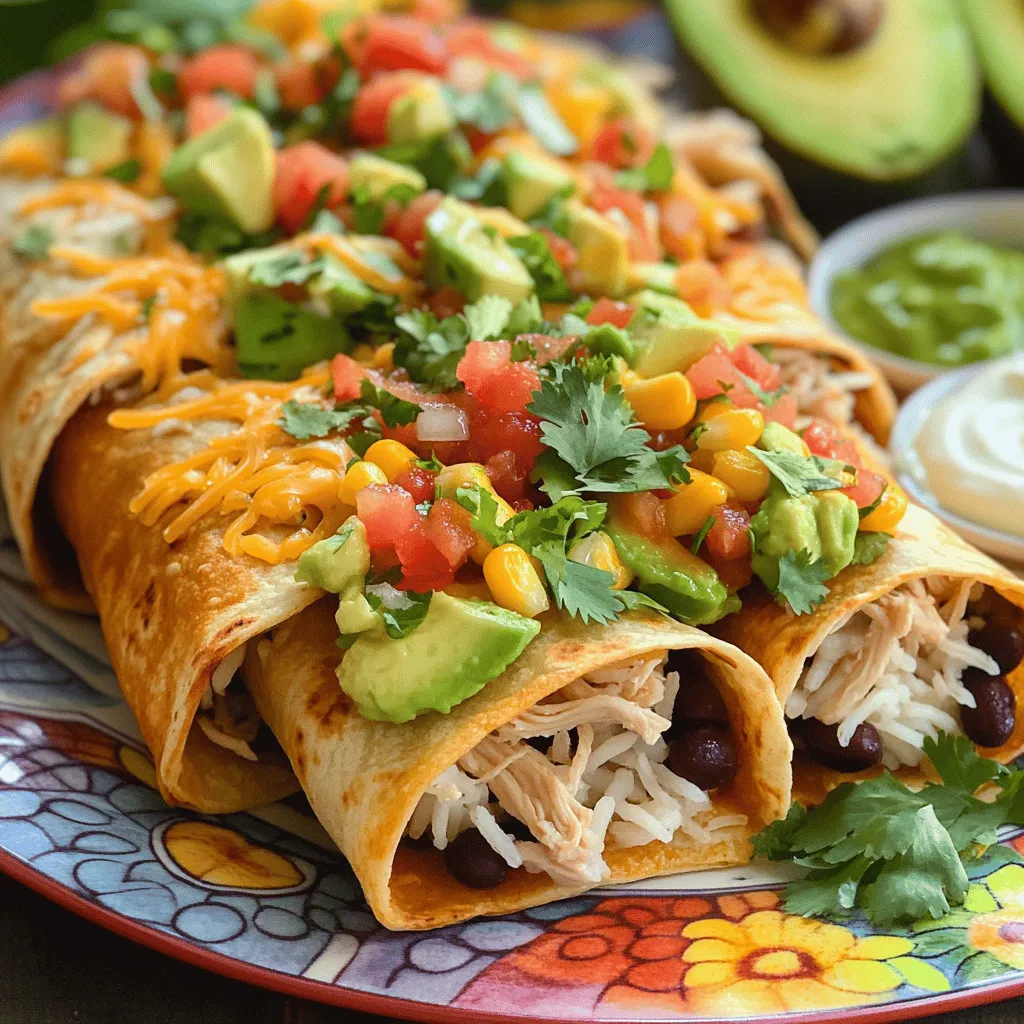 To make Chicken Avocado Burritos, you need some key ingredients. Here is your list: - 2 cups cooked chicken, shredded (grilled or rotisserie) - 1 ripe avocado, diced - 1 cup cooked rice (white or brown) - 1 cup black beans, drained and rinsed - 1 cup corn (canned or frozen) - 1 cup pico de gallo (or fresh salsa) - 1 teaspoon cumin - 1 teaspoon garlic powder - 1 teaspoon lime juice - 4 large flour tortillas - 1 cup shredded cheese (cheddar or Mexican blend) - Salt and pepper to taste - Fresh cilantro, chopped (for garnish) These ingredients give your burritos a hearty and tasty base. The chicken adds protein, while the avocado brings creaminess. Adding fresh ingredients makes your burritos even better. The pico de gallo adds a burst of flavor and color. Corn gives a nice crunch and sweetness. Black beans not only add protein but also fiber. Together, they create a balance of tastes and textures. You can also add more ingredients for extra flavor. Consider these options: - Jalapeños for heat - Sour cream for creaminess - Lime wedges for squeezing - Extra spices like chili powder or paprika These optional items can take your burritos to the next level. Feel free to mix and match based on what you like. If you want the full recipe, check out the details I provided earlier. Enjoy making these delicious burritos! To start, gather your ingredients. You need cooked chicken, diced avocado, rice, black beans, corn, pico de gallo, cumin, garlic powder, lime juice, and salt and pepper. In a large bowl, combine the chicken, avocado, rice, black beans, corn, and pico de gallo. Sprinkle in the cumin and garlic powder. Add lime juice, salt, and pepper to taste. Mix gently until everything is well combined. This filling is full of flavor and nutrients. Now, let's put it all together. Take a clean surface and lay out each flour tortilla. Spoon a generous amount of the chicken mixture onto the center of each tortilla. Don't be shy; you want a hearty burrito! Next, sprinkle shredded cheese on top of the filling. Then, fold in the sides of the tortilla and roll it tightly from the bottom up. Make sure to enclose the filling completely. The burrito should be snug but not bursting. It's time to cook! Heat a skillet over medium heat. Place the burritos seam-side down in the skillet. Cook each side for about 3-4 minutes. You want the tortillas to turn golden brown and crispy. This step adds a nice crunch. Once done, remove them from the skillet and let them cool slightly. Slice the burritos in half and garnish with fresh cilantro for a pop of color and flavor. Each bite will be a delight! To shred chicken, use two forks. Hold one fork steady. Use the other fork to pull the chicken apart. This method breaks the meat easily. For best results, use warm chicken. Cold chicken can be tough to shred. If you have leftover rotisserie chicken, that works great too. You can also use a stand mixer with a paddle attachment. Just mix on low speed for a few seconds. To wrap burritos well, use large flour tortillas. Start with a good amount of filling in the center. Leave space on the sides. Fold the sides in first. Then, roll the bottom up tightly. This keeps all the filling inside. Make sure to seal the burrito seam-side down. This helps it stay closed while cooking. You can also brush the outside with oil for extra crispiness. Seasonings make a big difference in taste. I use cumin and garlic powder for warmth. A splash of lime juice brightens the flavors. You can also add chili powder for a kick. Fresh herbs like cilantro add freshness. Feel free to adjust the spices to your liking. Taste the filling before wrapping. This way, you can ensure the flavor is just right. For more ideas, check out the Full Recipe for different flavor options. {{image_2}} You can easily switch up the chicken for tasty veggies. Try using grilled zucchini, bell peppers, or mushrooms. You can also add extra beans for protein. Black beans or pinto beans work well. This swap keeps the flavors fresh and light. The creamy avocado still shines through, making the burrito delicious. If you love heat, add some spice to your burritos. You can mix in diced jalapeños or a spoonful of hot sauce. For a smoky flavor, try chipotle peppers in adobo sauce. These will give your burrito a nice kick. Remember to adjust the heat based on your taste. Not a fan of flour tortillas? You have options! Try whole wheat tortillas for a healthier choice. Corn tortillas are gluten-free and add a nice flavor. You can even use lettuce wraps for a low-carb option. Each choice changes the taste and feel of your burrito, so experiment to find your favorite. For the full recipe, check out the Savory Chicken Avocado Burritos section. Leftover burritos can stay fresh. Wrap each burrito tightly in plastic wrap. Place them in an airtight container. This keeps them from drying out. Store them in the fridge for up to three days. If you want to keep them longer, consider freezing. To reheat your burritos, use the oven for the best taste. Preheat your oven to 350°F (175°C). Remove any plastic wrap and place the burrito on a baking sheet. Heat for about 15-20 minutes. This warms the inside and keeps the tortilla crispy. You can also use a microwave, but it may not stay crispy. Heat for about 1-2 minutes, checking often. Freezing burritos is easy and smart. After wrapping each burrito, place them in a freezer-safe bag. Squeeze out as much air as possible. Label the bags with the date. You can freeze them for up to three months. When ready to eat, thaw overnight in the fridge. Then, reheat as mentioned above. This way, you always have a tasty meal ready! You can find the full recipe for these burritos to help you get started. You can easily prepare Chicken Avocado Burritos in advance. Start by making the filling. Mix the cooked chicken, diced avocado, rice, black beans, corn, pico de gallo, and spices in a bowl. Store this mixture in the fridge for up to three days. When you are ready to eat, just fill the tortillas and cook them as directed. This method saves time and keeps your burritos fresh. Yes, you can use many other proteins. Ground beef or turkey works well. Tofu is a great choice for a vegetarian option. Shrimp or fish adds a fun twist. Choose what you like best and adjust cooking times as needed. Each protein brings its own flavor, making the burrito unique. Several side dishes complement Chicken Avocado Burritos perfectly. Consider serving them with: - Mexican rice - Refried beans - Chips with salsa - A fresh green salad - Grilled veggies These sides add color and taste to your meal. They make your dining experience even better. For more ideas, check the Full Recipe section. We explored how to make Chicken Avocado Burritos step by step. We covered key ingredients, the right way to prepare them, and tips for perfect results. You learned variations for different tastes and how to store your burritos. These burritos are easy and fun to make. Whether for a busy weeknight or a meal prep day, they fit many needs. Enjoy your delicious burritos, and feel free to get creative with them!