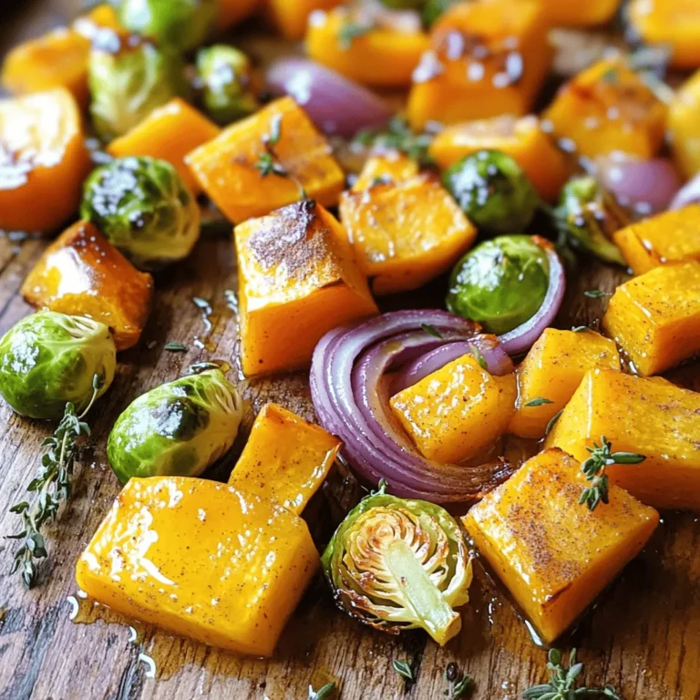 To make the Easy Roasted Squash Medley, gather these fresh ingredients: - 1 medium butternut squash, peeled and cubed - 1 medium acorn squash, peeled and cubed - 2 cups Brussels sprouts, trimmed and halved - 1 red onion, chopped into wedges These squashes bring a lovely sweetness. Brussels sprouts add crunch and depth. The red onion gives a slight bite, balancing the dish. Next, you need to add flavors with these seasonings and oils: - 3 tablespoons olive oil - 2 tablespoons maple syrup - 1 teaspoon ground cinnamon - 1/2 teaspoon nutmeg The olive oil helps the veggies roast well. Maple syrup adds sweetness, while cinnamon and nutmeg give warmth and spice. This mix makes each bite special. For a touch of freshness, consider these optional garnishes: - Fresh thyme sprigs - Other garnish suggestions Thyme adds a lovely herb note. You can also use toasted nuts or cheese for extra flavor. These simple touches can elevate your dish even more. For the full recipe, check out the instructions to create this delicious Easy Roasted Squash Medley. 1. First, preheat your oven to 425°F (220°C). This step is key for even cooking. 2. Line a large baking sheet with parchment paper. This helps with easy cleanup. 3. Next, peel and cube the butternut squash and acorn squash. Aim for bite-sized pieces. 4. Halve the Brussels sprouts and chop the red onion into wedges. Keep the sizes uniform for even cooking. 1. In a large mixing bowl, add the cubed squash, Brussels sprouts, and red onion. 2. Drizzle the olive oil and maple syrup over the veggies. This adds great flavor. 3. Sprinkle in the cinnamon, nutmeg, salt, and black pepper. These spices give warmth to the dish. 4. Now, toss everything together. Make sure each piece is well coated in the oil and spices. 1. Spread the vegetable mixture evenly on the prepared baking sheet. This allows for nice roasting. 2. Roast in the preheated oven for 25-30 minutes. Stir halfway through for even cooking. 3. Look for the squash to be tender and lightly caramelized. This is when it is perfectly done. 4. Once finished, remove from the oven and let it cool slightly. Garnish with fresh thyme sprigs before serving. For the complete recipe, check the Full Recipe. When you pick squash, look for firm, smooth skin. Butternut squash has a sweet, nutty flavor. Its flesh is bright orange and very creamy. Acorn squash has a green, bumpy skin and tastes mildly sweet. It has a yellow-orange flesh. Both types are great for roasting. These squashes are in season from late summer to early winter. This means you can find them fresh at local markets during these months. The best oven temperature for roasting is 425°F (220°C). This heat caramelizes the natural sugars in the squash. Roast for about 25 to 30 minutes. Halfway through, stir the veggies for even cooking. You know the squash is done when it feels tender with a fork. It should have a golden color on the outside. To make the flavors pop, try marinating your squash. Just toss it in olive oil, maple syrup, and spices. Let it sit for 15 minutes before roasting. If you have a convection oven, use it! It cooks food faster and more evenly. This way, you get a perfect, crispy edge on your veggies. You can follow the Full Recipe for exact steps to enjoy this dish! {{image_2}} You can switch up the vegetables in this dish. Try sweet potatoes or carrots for a twist. You can also add bell peppers or zucchini for a colorful mix. For seasonings, consider using garlic powder, smoked paprika, or even a dash of chili powder. These options can give your squash medley a different flavor. If you're vegan, this recipe is already a great fit. Just skip any cheese you might add. For gluten-free folks, you can enjoy this dish without worry. If you want a low-carb option, skip the maple syrup. Instead, use a bit of balsamic vinegar for a sweet touch without the carbs. This roasted squash medley pairs well with proteins like grilled chicken, fish, or tofu. You can also serve it alongside quinoa or brown rice for a filling meal. For a light side, consider a simple green salad. You can even serve this dish as a vibrant topping on a grain bowl. The flavors work well together and make dinner easy and tasty! To store leftovers, let the squash medley cool first. Then place it in an airtight container. This keeps the flavors fresh. You can store it in the fridge for up to four days. It's best to eat it within this time for the best taste. If you want to freeze the squash medley, use a freezer-safe container or bag. Make sure it is cooled completely before packing it away. The medley will stay good in the freezer for up to three months. When you're ready to eat it, thaw it in the fridge overnight. Reheat in the oven or on the stove until hot. Look for signs that the dish has gone bad. If you see mold or it smells off, do not eat it. The texture should still be firm, not mushy. Always follow safe food handling practices. Wash your hands and surfaces before cooking. This keeps your food tasty and safe. Roasting squash takes about 25 to 30 minutes. You want it to be tender. The edges should get a nice golden color. Check it after 20 minutes to see if it needs stirring. This helps it roast evenly. You can use frozen vegetables, but fresh ones taste better. Frozen veggies may not roast well. They can become mushy and watery. If you use frozen, reduce the cooking time. Stir them carefully to avoid breaking them apart. Roasted squash medley pairs well with many dishes. Try serving it with grilled chicken or fish. It also complements grains like quinoa or rice. Add a simple salad for a fresh touch. Yes, you can prepare the squash medley ahead of time. Chop the vegetables and store them in the fridge. Toss them with oil and spices just before baking. You can also roast them and reheat later. For more details, check the Full Recipe. In this blog post, we've covered how to make an easy roasted squash medley. You learned about the main ingredients like butternut and acorn squash, along with seasonings like cinnamon and nutmeg. We discussed preparation, roasting, and tips for perfect flavor. Don't forget the variations and storage tips to keep your dish fresh. Roasted squash is not just tasty; it’s also versatile. You can serve it with many proteins or sides. Enjoy this delicious recipe and make it your own!