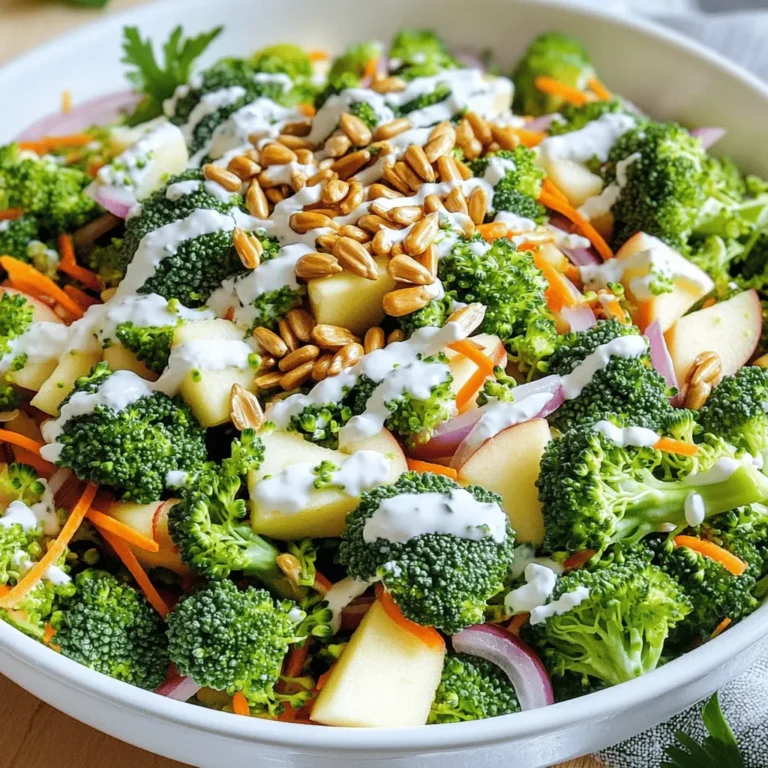 - 2 cups fresh broccoli florets - 1 large apple (Honeycrisp or Granny Smith) - ½ cup shredded carrots - ¼ cup red onion, finely chopped - ¼ cup roasted sunflower seeds - ½ cup Greek yogurt (or vegan yogurt) - 1 tablespoon honey or maple syrup - 1 tablespoon apple cider vinegar - Salt and pepper to taste For this Broccoli Apple Salad, I focus on fresh, bright ingredients. First, choose your broccoli carefully. Look for bright green florets with no yellowing. A crisp apple adds a sweet crunch. I love Honeycrisp for its sweetness or Granny Smith for a tart kick. Next, shredded carrots add color and a bit of sweetness. Red onion brings a sharp bite, balancing the flavors. Roasted sunflower seeds add texture and nutty flavor. For the dressing, I use Greek yogurt for creaminess. You can swap it for a plant-based yogurt if preferred. Honey or maple syrup adds a touch of sweetness. Apple cider vinegar provides a tangy contrast. Don’t forget to season with salt and pepper to bring all the flavors together. This blend creates a light, refreshing dish perfect for any meal. Use the ingredients above to create a simple yet delicious salad. You can find the Full Recipe elsewhere in this article. Start by washing the broccoli florets under cool water. Make sure to remove any dirt. Cut the florets into bite-sized pieces. This helps them mix well with other ingredients. Next, bring a pot of water to a boil. Blanch the broccoli in the boiling water for about 2 minutes. This step brightens the color and keeps it crisp. After that, transfer the broccoli to an ice bath. This stops the cooking and keeps the broccoli fresh. In a large bowl, combine the blanched broccoli with diced apple, shredded carrots, and chopped red onion. Mixing these ingredients adds color and flavor. Toss everything gently to ensure even mixing. You want every bite to have a bit of everything. In a small bowl, whisk together Greek yogurt, honey or maple syrup, apple cider vinegar, salt, and pepper. Mixing these ingredients creates a creamy dressing. Make sure it’s smooth and well combined. Taste the dressing and adjust the seasoning as needed. You may want it sweeter or saltier. Pour the dressing over the broccoli mixture. Fold the salad gently to coat everything evenly in the dressing. Finally, sprinkle roasted sunflower seeds on top. This adds a nice crunch and flavor. Give it one last gentle toss. Your Broccoli Apple Salad is now ready to enjoy! For the complete recipe, check the [Full Recipe]. To make a great broccoli apple salad, you need fresh ingredients. Look for bright green broccoli with tight florets. The stalks should feel firm and not limp. For the apples, choose ones that are crisp and firm, like Honeycrisp or Granny Smith. They add a nice crunch and sweet-tart flavor to the salad. Blanching the broccoli helps keep its bright green color and crisp texture. Boil water in a large pot. Once boiling, add the broccoli florets for about 2 minutes. After that, quickly transfer them to an ice bath. This stops the cooking and keeps the broccoli crunchy. Drain well before mixing it with other ingredients. If you want to switch things up, you can change the dressing. Instead of Greek yogurt, try tahini for a nutty flavor. A vinaigrette made with olive oil and lemon juice also works well. It gives a light and zesty taste. For sweeteners, honey is great, but maple syrup is a good choice too. If you prefer less sugar, try using agave syrup or even mashed ripe bananas for natural sweetness. Serving your salad well makes it even more appealing. Use a large, colorful bowl to show off the bright greens and reds. You can also serve it on individual plates for a nice touch. For garnishes, consider adding extra sunflower seeds on top. They add crunch and look pretty. A sprinkle of fresh parsley or chives can brighten the dish and add flavor. For the full recipe, check out the details above. {{image_2}} You can easily change this salad to fit your taste. Adding nuts or seeds gives it extra crunch. Try walnuts, almonds, or pumpkin seeds. Each adds a nice bite and healthy fats. Incorporating dried fruits can also add sweetness. Dried cranberries or raisins work great. They contrast well with the crunchy broccoli. Plus, they bring natural sugars to the mix. Seasonal versions of this salad keep it fresh and fun. In summer, try adding berries or peaches. In fall, diced pears or pomegranate seeds shine. Each season brings new flavors and colors. To make it a meal, add protein sources. Grilled chicken, chickpeas, or crumbled feta cheese boost the dish. This way, you can turn a simple salad into a hearty meal. For the full recipe, visit the Broccoli Apple Crunch Salad section. To keep your broccoli apple salad fresh, store it in an airtight container. This will help lock in moisture and flavor. Place the container in the fridge right after serving. The salad stays fresh for about 2 to 3 days. However, the apple may brown a bit over time. To slow this down, sprinkle lemon juice on the apple pieces before mixing them in. I do not recommend freezing broccoli apple salad. Freezing can change the texture of the salad. The broccoli and apples may become mushy when thawed. If you want to freeze it, try leaving out the dressing. You can freeze the salad for up to a month. When ready to enjoy, thaw it in the fridge overnight. Mix in the dressing just before serving for the best taste. You can find the full recipe in the above sections. To make a vegan Broccoli Apple Salad, simply swap the Greek yogurt for a vegan yogurt. You can use coconut, almond, or soy yogurt. For a sweetener, use maple syrup instead of honey. This keeps the salad creamy and sweet without any dairy. Yes, you can prepare this salad ahead of time. To keep it fresh, store the dressing separately. Mix the salad ingredients and chill. Add the dressing right before serving. This keeps everything crisp and tasty. This salad pairs well with grilled chicken or fish. You can also serve it with sandwiches or wraps. It makes a great side dish for any meal. Try it with quinoa or rice bowls for a complete meal. For the full recipe, check out the Broccoli Apple Crunch Salad. Enjoy! This blog post gives you a great broccoli apple salad recipe. We covered the ingredients, preparation steps, and storage tips. You can easily customize it with your favorite fruits and nuts. Remember, freshness matters. Use crisp veggies and enjoy your salad right away or store it well for later. Don't hesitate to try different dressings or flavors. With these tools, you can make a delicious, healthy dish that fits your needs. Enjoy exploring and making it your own!