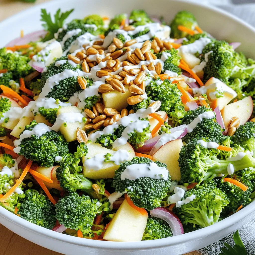 - 2 cups fresh broccoli florets - 1 large apple (Honeycrisp or Granny Smith) - ½ cup shredded carrots - ¼ cup red onion, finely chopped - ¼ cup roasted sunflower seeds - ½ cup Greek yogurt (or vegan yogurt) - 1 tablespoon honey or maple syrup - 1 tablespoon apple cider vinegar - Salt and pepper to taste For this Broccoli Apple Salad, I focus on fresh, bright ingredients. First, choose your broccoli carefully. Look for bright green florets with no yellowing. A crisp apple adds a sweet crunch. I love Honeycrisp for its sweetness or Granny Smith for a tart kick. Next, shredded carrots add color and a bit of sweetness. Red onion brings a sharp bite, balancing the flavors. Roasted sunflower seeds add texture and nutty flavor. For the dressing, I use Greek yogurt for creaminess. You can swap it for a plant-based yogurt if preferred. Honey or maple syrup adds a touch of sweetness. Apple cider vinegar provides a tangy contrast. Don’t forget to season with salt and pepper to bring all the flavors together. This blend creates a light, refreshing dish perfect for any meal. Use the ingredients above to create a simple yet delicious salad. You can find the Full Recipe elsewhere in this article. Start by washing the broccoli florets under cool water. Make sure to remove any dirt. Cut the florets into bite-sized pieces. This helps them mix well with other ingredients. Next, bring a pot of water to a boil. Blanch the broccoli in the boiling water for about 2 minutes. This step brightens the color and keeps it crisp. After that, transfer the broccoli to an ice bath. This stops the cooking and keeps the broccoli fresh. In a large bowl, combine the blanched broccoli with diced apple, shredded carrots, and chopped red onion. Mixing these ingredients adds color and flavor. Toss everything gently to ensure even mixing. You want every bite to have a bit of everything. In a small bowl, whisk together Greek yogurt, honey or maple syrup, apple cider vinegar, salt, and pepper. Mixing these ingredients creates a creamy dressing. Make sure it’s smooth and well combined. Taste the dressing and adjust the seasoning as needed. You may want it sweeter or saltier. Pour the dressing over the broccoli mixture. Fold the salad gently to coat everything evenly in the dressing. Finally, sprinkle roasted sunflower seeds on top. This adds a nice crunch and flavor. Give it one last gentle toss. Your Broccoli Apple Salad is now ready to enjoy! For the complete recipe, check the [Full Recipe]. To make a great broccoli apple salad, you need fresh ingredients. Look for bright green broccoli with tight florets. The stalks should feel firm and not limp. For the apples, choose ones that are crisp and firm, like Honeycrisp or Granny Smith. They add a nice crunch and sweet-tart flavor to the salad. Blanching the broccoli helps keep its bright green color and crisp texture. Boil water in a large pot. Once boiling, add the broccoli florets for about 2 minutes. After that, quickly transfer them to an ice bath. This stops the cooking and keeps the broccoli crunchy. Drain well before mixing it with other ingredients. If you want to switch things up, you can change the dressing. Instead of Greek yogurt, try tahini for a nutty flavor. A vinaigrette made with olive oil and lemon juice also works well. It gives a light and zesty taste. For sweeteners, honey is great, but maple syrup is a good choice too. If you prefer less sugar, try using agave syrup or even mashed ripe bananas for natural sweetness. Serving your salad well makes it even more appealing. Use a large, colorful bowl to show off the bright greens and reds. You can also serve it on individual plates for a nice touch. For garnishes, consider adding extra sunflower seeds on top. They add crunch and look pretty. A sprinkle of fresh parsley or chives can brighten the dish and add flavor. For the full recipe, check out the details above. {{image_2}} You can easily change this salad to fit your taste. Adding nuts or seeds gives it extra crunch. Try walnuts, almonds, or pumpkin seeds. Each adds a nice bite and healthy fats. Incorporating dried fruits can also add sweetness. Dried cranberries or raisins work great. They contrast well with the crunchy broccoli. Plus, they bring natural sugars to the mix. Seasonal versions of this salad keep it fresh and fun. In summer, try adding berries or peaches. In fall, diced pears or pomegranate seeds shine. Each season brings new flavors and colors. To make it a meal, add protein sources. Grilled chicken, chickpeas, or crumbled feta cheese boost the dish. This way, you can turn a simple salad into a hearty meal. For the full recipe, visit the Broccoli Apple Crunch Salad section. To keep your broccoli apple salad fresh, store it in an airtight container. This will help lock in moisture and flavor. Place the container in the fridge right after serving. The salad stays fresh for about 2 to 3 days. However, the apple may brown a bit over time. To slow this down, sprinkle lemon juice on the apple pieces before mixing them in. I do not recommend freezing broccoli apple salad. Freezing can change the texture of the salad. The broccoli and apples may become mushy when thawed. If you want to freeze it, try leaving out the dressing. You can freeze the salad for up to a month. When ready to enjoy, thaw it in the fridge overnight. Mix in the dressing just before serving for the best taste. You can find the full recipe in the above sections. To make a vegan Broccoli Apple Salad, simply swap the Greek yogurt for a vegan yogurt. You can use coconut, almond, or soy yogurt. For a sweetener, use maple syrup instead of honey. This keeps the salad creamy and sweet without any dairy. Yes, you can prepare this salad ahead of time. To keep it fresh, store the dressing separately. Mix the salad ingredients and chill. Add the dressing right before serving. This keeps everything crisp and tasty. This salad pairs well with grilled chicken or fish. You can also serve it with sandwiches or wraps. It makes a great side dish for any meal. Try it with quinoa or rice bowls for a complete meal. For the full recipe, check out the Broccoli Apple Crunch Salad. Enjoy! This blog post gives you a great broccoli apple salad recipe. We covered the ingredients, preparation steps, and storage tips. You can easily customize it with your favorite fruits and nuts. Remember, freshness matters. Use crisp veggies and enjoy your salad right away or store it well for later. Don't hesitate to try different dressings or flavors. With these tools, you can make a delicious, healthy dish that fits your needs. Enjoy exploring and making it your own!