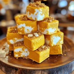 - 4 cups rice cereal - 3 cups mini marshmallows - 3 tablespoons unsalted butter - 1 teaspoon pumpkin pie spice - 1 teaspoon vanilla extract - 1/4 cup canned pumpkin puree - Pinch of salt - 1/2 cup white chocolate chips (optional) - 1/4 cup crushed graham crackers (for topping) To make my pumpkin spice marshmallow treats, you need a few simple ingredients. I love using rice cereal for its crunch. The mini marshmallows create a sweet base. Unsalted butter adds richness. Pumpkin pie spice gives that warm fall flavor. The vanilla extract enhances the taste. Canned pumpkin puree adds moisture and nutrition. A pinch of salt balances the sweetness. If you want, you can include white chocolate chips for extra creaminess. Finally, crushed graham crackers work great on top for a fun crunch. This list makes it easy to gather your items. I always check my pantry first to avoid extra trips to the store. You can find most ingredients in any grocery store. For the full recipe, follow the steps after gathering these tasty ingredients. 1. Melt butter and marshmallows Start by melting three tablespoons of unsalted butter in a large saucepan over low heat. Stir it gently until the butter is completely melted. Next, add in three cups of mini marshmallows. Keep stirring until the marshmallows melt and become smooth. This step is key for a gooey treat! 2. Mix in pumpkin and spices Once the marshmallows are melted, stir in one teaspoon of pumpkin pie spice, one teaspoon of vanilla extract, and a quarter cup of canned pumpkin puree. Add a pinch of salt for balance. This mix brings that classic pumpkin flavor to your treats! 3. Combine with rice cereal Remove the saucepan from the heat. Immediately add four cups of rice cereal to the melted mixture. Stir well to make sure all the cereal is coated. This will give your treats their delightful crunch. 1. Press into a baking dish Prepare a greased 9x13-inch baking dish. Pour the mixture into the dish and press it down evenly. Use a spatula or your hands (lightly greased) to flatten the top. This helps the treats hold their shape. 2. Garnish with graham crackers Sprinkle a quarter cup of crushed graham crackers over the top. This adds a nice texture and a hint of sweetness. It makes your treats look festive! 3. Cut into squares Let your treats cool completely for about 30 minutes. Once cooled, cut them into squares or bars. You can stack them in a pyramid on a plate for a fun presentation. Enjoy your delicious Pumpkin Spice Marshmallow Treats! For more details, check out the Full Recipe. To make the best pumpkin spice marshmallow treats, focus on texture. You want them soft yet firm. Use fresh mini marshmallows for better melting. Also, mix quickly once you add the rice cereal. This helps keep the treats light and fluffy. Avoid sticking when pressing the mixture into the dish. Lightly grease your hands or spatula with butter. This simple step helps you shape the treats without a mess. One big mistake is overheating the marshmallows. Heat them slowly and keep stirring. If they get too hot, they can turn into a gooey mess. Another common error is not letting the treats cool enough. Give them at least 30 minutes to set. If you cut them too early, they won't hold their shape. For tips on making these treats, check out the Full Recipe. {{image_2}} You can make your Pumpkin Spice Marshmallow Treats even better with some simple swaps. If you need a gluten-free option, use gluten-free rice cereal. If you want a nut-free version, skip any nuts you might add. You can also replace the white chocolate chips with carob chips for a twist. For a richer flavor, try adding a few tablespoons of caramel sauce. This adds a sweet touch that pairs well with pumpkin spice. Chopped nuts, like pecans or walnuts, give a nice crunch. Just remember to mix them in gently to keep the treats soft. Want to make your treats more festive? Add candy corn on top for color and fun. It gives a great fall look and a little added sweetness. You can also use seasonal spices. Instead of just pumpkin pie spice, try a dash of nutmeg or cinnamon for extra warmth. Using different extracts can also change the flavor. Almond extract can give a nice twist if you want something unique. These variations help you personalize your treats for any occasion. Plus, they keep your guests guessing and excited for more! To keep your pumpkin spice marshmallow treats fresh, store them in an airtight container. This helps to lock in moisture and flavor. Line the container with parchment paper to prevent sticking. Keep the treats at room temperature for up to a week. If you live in a humid area, place them in the fridge. This will help them stay firm. Avoid placing the treats near strong-smelling foods. Marshmallows can absorb odors, which can change their taste. For the best texture, enjoy the treats within a few days. If you want to save some treats for later, freezing is a great option. Wrap each treat in plastic wrap. Then, place them in a freezer-safe bag or container. Make sure to remove as much air as possible. This prevents freezer burn. To thaw, simply take out the treats and let them sit at room temperature for about 20 minutes. You can also pop them in the microwave for a few seconds to soften them up. They can last for up to three months in the freezer. Enjoy the sweet taste of fall even when it's not pumpkin season! Can I make these treats in advance? Yes, you can make these treats ahead of time. They taste great after a day or two. Just store them in an airtight container. This keeps them fresh and soft. What can I substitute for marshmallows? If you need a substitute, try using a vegan marshmallow or rice syrup. These options work well, but the texture may be slightly different. They won’t fluff up like regular marshmallows. How long do these treats last? These treats last about a week at room temperature. If you want to keep them longer, store them in the fridge. They may harden a bit in the fridge, so let them sit out for a few minutes before serving. Finding quality pumpkin puree and spices Look for pumpkin puree in cans. Always check the label for pure pumpkin with no added sugar. For spices, visit a store that sells fresh spices. Fresh spices enhance the flavor of your treats. Recommended brands for Rice Cereal and Marshmallows For rice cereal, I recommend brands like Kellogg's or Nature Valley. They have good crunch and flavor. For marshmallows, Jet-Puffed is a great choice. Their mini marshmallows melt nicely and taste sweet. You now have everything you need to make Pumpkin Spice Marshmallow Treats. We covered tasty ingredients, clear steps, and tips to avoid mistakes. Don't forget to keep your treats fresh with proper storage. Feel free to get creative with variations and share them with friends and family. Enjoy the flavors of fall in every bite!