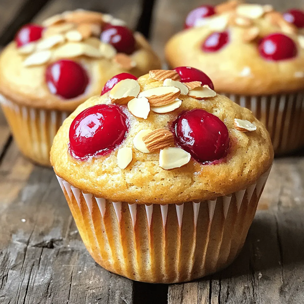 To make the best Cherry Almond Breakfast Muffins, you'll need these simple ingredients: - 1 cup all-purpose flour - 1 cup almond flour - 1 teaspoon baking powder - 1/2 teaspoon baking soda - 1/4 teaspoon salt - 1/2 cup brown sugar - 2 large eggs - 1/2 cup Greek yogurt - 1/4 cup almond milk - 1 teaspoon almond extract - 1/2 cup fresh or frozen cherries, pitted and chopped - 1/4 cup sliced almonds, plus extra for topping These items create a lovely blend of flavors and textures. The cherries add a burst of sweetness, while the almonds give a nice crunch. If you need to change things up or have dietary needs, here are some swaps you can try: - Instead of almond flour, use oat flour for a gluten-free option. - You can swap Greek yogurt with sour cream or a dairy-free yogurt. - If you don't have almond milk, any milk will work fine. - For a nut-free option, skip the almonds or replace them with sunflower seeds. These alternatives keep your muffins tasty while meeting your needs. To make these muffins, gather the following tools: - A muffin tin and paper liners (or non-stick spray) - Two mixing bowls (one large, one medium) - A whisk for mixing wet ingredients - A spatula for folding in the cherries and almonds - An oven mitt for safe handling Having the right tools makes baking easier and more fun! With these ingredients and tools, you’re ready to create a delicious batch of Cherry Almond Breakfast Muffins. For the complete recipe, check out the Full Recipe section. First, gather your ingredients. This recipe uses basic items you may already have. Preheat your oven to 350°F (175°C). Line a muffin tin with liners or grease it with non-stick spray. In a medium bowl, mix together the all-purpose flour, almond flour, baking powder, baking soda, and salt. This mix gives the muffins a great texture. In another large bowl, whisk the brown sugar, eggs, Greek yogurt, almond milk, and almond extract until smooth. This step adds flavor and moisture. Now, slowly add the dry mix to the wet mix. Stir gently until you see no flour streaks. Be careful not to overmix. It can make your muffins tough. Next, fold in the chopped cherries and sliced almonds. This adds a nice crunch and fruity taste. Now you’re ready to fill the muffin cups. Pour the batter evenly into each cup, filling them about two-thirds full. This gives them room to rise. For a tasty finish, sprinkle some extra sliced almonds on top. Place the muffin tin in the oven and bake for 18-20 minutes. They should turn golden brown. To check if they are done, insert a toothpick in the center. If it comes out clean, they are ready! Once baked, let the muffins cool in the tin for about 5 minutes. This helps them firm up. After that, transfer them to a wire rack to cool completely. Serve them warm or at room temperature. Enjoy these Cherry Almond Breakfast Muffins with your favorite drink or on their own. For the full recipe, check out the detailed instructions provided above! To make the best cherry almond muffins, follow these simple tips: - Measure Ingredients: Use dry measuring cups for flour and almond flour. - Room Temperature Eggs: Bring your eggs to room temp for better mixing. - Mix Gently: Stir the batter just until combined. Overmixing can make muffins tough. - Chop Cherries Evenly: Cut the cherries into small pieces for better distribution. - Preheat Oven: Always preheat the oven. This helps muffins rise well. If your muffins aren't perfect, don't worry! Here are some common problems and easy fixes: - Muffins Are Too Dense: This usually means you overmixed the batter. Try mixing less next time. - Muffins Don't Rise: Check that your baking powder and baking soda are fresh. Old leavening agents can cause flat muffins. - Burnt Tops: If muffins brown too quickly, cover them with foil halfway through baking. - Dry Muffins: Make sure to measure flour correctly and not pack it in. Use a light touch! Cherry almond muffins are tasty on their own, but you can make them even better! Here are some fun ideas: - Spread with Butter: A little butter on a warm muffin adds richness. - Serve with Yogurt: Pair muffins with Greek yogurt and fresh fruit for a complete breakfast. - Coffee or Tea: Enjoy with your favorite coffee or tea. The flavors complement each other. - Garnish with Honey: Drizzle honey over the top for added sweetness and shine. These tips should help you create the best cherry almond muffins every time. For a detailed recipe, check the Full Recipe section. {{image_2}} You can make your Cherry Almond Breakfast Muffins healthier. Try using gluten-free flour instead of all-purpose flour. This option works great for those who are gluten-sensitive. For a low-sugar version, reduce the brown sugar. You can also use a sugar substitute, like stevia. These changes keep the muffins tasty while making them better for you. Want to mix things up? You can add chocolate chips for a sweet twist. Dark chocolate pairs well with almonds and cherries. You might also consider using different fruits. Fresh blueberries or diced peaches add a fun flavor. Each fruit brings its own taste, making each batch unique. Get creative with seasonal themes! In fall, add pumpkin spice for a cozy flavor. For winter, try adding dried cranberries and orange zest for a festive touch. In spring, mix in fresh raspberries and lemon zest. Each season offers new tastes and ideas for your muffins. These fun twists make your Cherry Almond Breakfast Muffins perfect for any holiday! For the complete recipe, check out the [Full Recipe]. To keep your Cherry Almond Breakfast Muffins fresh, store them in an airtight container. This will help maintain their soft texture. Place a paper towel at the bottom of the container to absorb excess moisture. You can keep them at room temperature for up to three days. If you want to keep them longer, refrigeration is an option, but it may change their texture. When you are ready to enjoy your muffins again, reheating them is easy. Preheat your oven to 350°F (175°C). Place the muffins on a baking sheet and heat for about 5 to 10 minutes. If you are in a hurry, you can use the microwave. Heat each muffin for about 15 to 20 seconds. Just be careful not to overheat them, or they may turn tough. Freezing your muffins is a great way to save them for later. Start by letting them cool completely. Wrap each muffin tightly in plastic wrap. Place the wrapped muffins in a freezer-safe bag or container. You can freeze them for up to three months. When you're ready to eat them, take them out and let them thaw overnight in the fridge. Then, reheat them as mentioned above for a cozy breakfast treat. Cherry Almond Breakfast Muffins stay fresh for about 3 to 5 days when stored properly. Keep them in an airtight container at room temperature. If you want to keep them longer, try freezing them. They freeze well for up to 3 months. Yes, you can make these muffins ahead of time! I often bake a batch on the weekend. You can enjoy them for breakfast all week. Just store them in an airtight container after they cool. If you need a substitute for Greek yogurt, try using sour cream. You can also use regular yogurt, but the texture will be thinner. Another option is to use applesauce for a dairy-free choice. It adds moisture and a hint of sweetness. For the full recipe, check out the details above! You learned how to make Cherry Almond Breakfast Muffins. We covered ingredients, steps, and tips for baking. You also saw ways to change the recipe or store your muffins. Remember, making muffins can be fun and easy. Use fresh ingredients for the best taste. Don't hesitate to get creative with flavors or make bigger batches. Enjoy your muffins and share with friends and family!