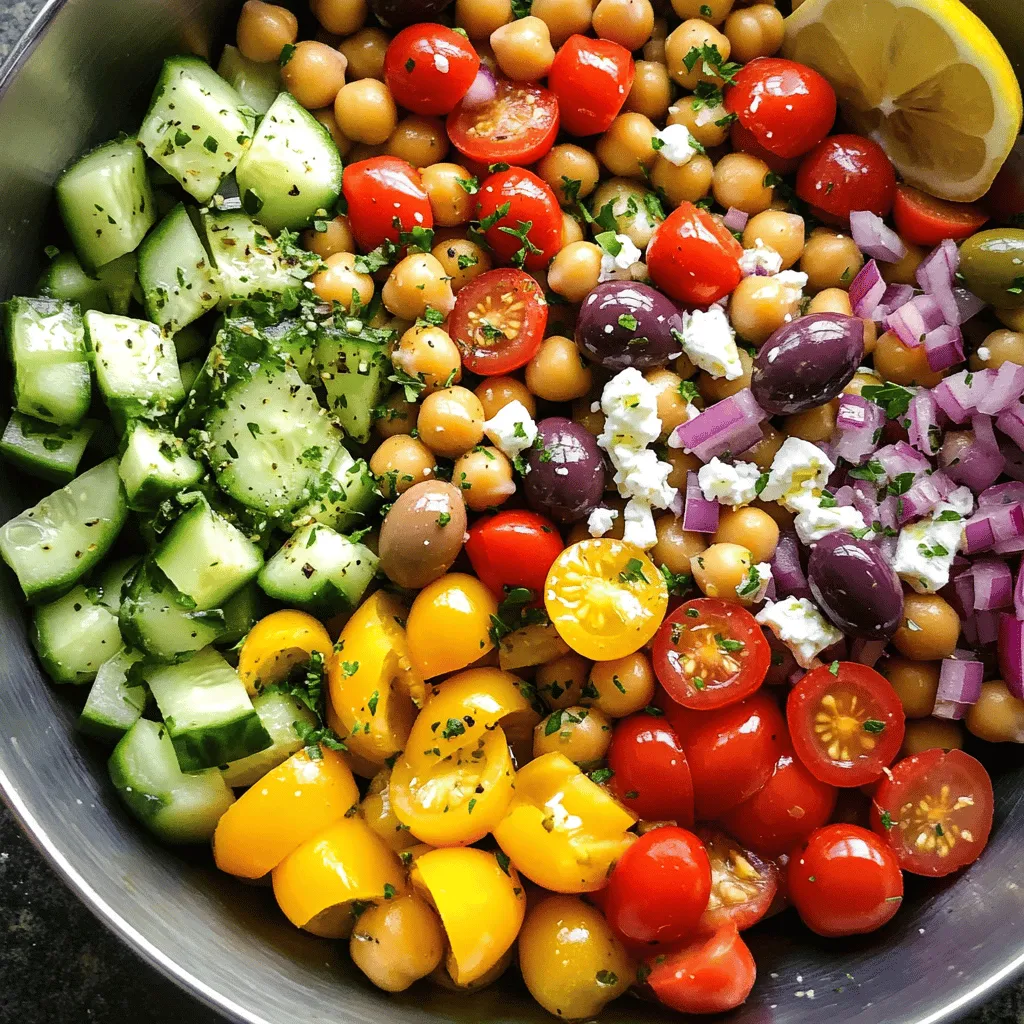 - 1 can (15 oz) chickpeas, drained and rinsed - 1 cup cherry tomatoes, halved - 1 cucumber, diced - 1/2 red onion, finely chopped - 1 bell pepper (any color), diced - 1/2 cup Kalamata olives, pitted and sliced - 1/2 cup feta cheese, crumbled - 3 tablespoons olive oil - 2 tablespoons lemon juice - 1 teaspoon dried oregano - Salt and pepper to taste - Fresh parsley for garnish This Greek chickpea salad shines due to its fresh ingredients. You can find chickpeas in any store. They provide protein and fiber. I love using canned chickpeas for quick prep. Rinse them well to remove any canning liquid. Next, I always choose bright cherry tomatoes. They add a sweet burst. Halve them so they mix well. Diced cucumber adds crunch and freshness. It makes every bite crisp. Red onion gives a sharp flavor. I chop it finely so it blends nicely. Bell peppers bring color and sweetness. Choose any color you like for fun! Kalamata olives add a briny taste. I slice them for easy eating. Crumbled feta cheese brings creaminess. It pairs well with all other flavors. For the dressing, I mix olive oil and lemon juice. This adds nice tang. Dried oregano gives an herbal kick. Don't forget salt and pepper to enhance all the flavors. Finally, fresh parsley makes a lovely garnish. It adds color and a hint of earthiness. You can find the full recipe at the end of this section. To make Greek Chickpea Salad, follow these clear steps. This salad is fresh, tasty, and easy to prepare. - Combine salad ingredients in a bowl: Start by adding the drained chickpeas, halved cherry tomatoes, diced cucumber, chopped red onion, diced bell pepper, and sliced Kalamata olives into a large bowl. Mix them gently with a spoon. - Prepare the dressing: In a separate small bowl, whisk together 3 tablespoons of olive oil, 2 tablespoons of lemon juice, 1 teaspoon of dried oregano, and a pinch of salt and pepper. This dressing adds great flavor. - Toss ingredients with dressing: Pour the dressing over the salad mixture. Toss everything together so that the dressing coats all the ingredients evenly. - Adjust seasoning to taste: Taste your salad. Add more salt, pepper, or lemon juice if you want more flavor. - Allow to marinate: Cover the bowl with plastic wrap or a lid and let it sit in the fridge for at least 30 minutes. This marinating time helps the flavors mix well. - Idea for garnishing with parsley: Before serving, chop some fresh parsley and sprinkle it on top. This adds color and a fresh taste. - Suggestions for serving temperature: Serve the salad chilled or at room temperature. Both ways taste great, so choose what you prefer. Make this Greek Chickpea Salad using the Full Recipe. It's a delightful dish that everyone will love! To make the dressing tangier, add more lemon juice. This brightens the salad. You can also add a splash of red wine vinegar. This will give it a nice kick. Marinating is key for flavor. Let the salad sit in the fridge for at least 30 minutes. This allows the ingredients to blend well. The more time it sits, the better it tastes. Greek Chickpea Salad pairs well with grilled meats or pita bread. It’s a great side dish for barbecues or picnics. For meal prep, this salad is perfect. You can pack it for lunch in jars. It stays fresh and tasty for a few days. Enjoy it at work or school. Check out the Full Recipe for all the details! {{image_2}} You can easily adapt Greek Chickpea Salad for different diets. To make it vegan, simply skip the feta cheese. You can replace it with vegan cheese or nutritional yeast for a cheesy flavor. For gluten-free options, this salad is a great choice as it contains no gluten ingredients. Always check labels to ensure any added items, like olives or dressings, are gluten-free. Feel free to switch up the beans! Black beans or kidney beans can work well too. If you want to try something different, lentils are a great choice. You can also add seasonal vegetables to make the salad more colorful. Try adding bell peppers in spring or roasted butternut squash in the fall. This keeps the dish fresh and exciting throughout the year. For the full recipe, refer to the earlier sections. To keep your Greek Chickpea Salad fresh, start by storing it in an airtight container. Make sure the lid seals well. This helps to keep air out and prevents wilting. If you have leftovers, place them in the fridge right away. - Separate dressing: Store the dressing apart from the salad. This keeps veggies crisp. - Use fresh herbs: Add herbs just before serving. They taste better fresh. Your salad stays good in the fridge for 3 to 5 days. After that, the veggies may start to lose their crunch. Check for any signs of spoilage before eating. - Freezing options: I do not recommend freezing this salad. The texture will change. However, you can freeze leftover chickpeas if needed. Just thaw them before using in a new dish. If you want to enjoy this salad later, stick to the fridge for best taste. For the full recipe, check out the Greek Chickpea Salad above! Can I make Greek Chickpea Salad ahead of time? Yes, you can make Greek Chickpea Salad ahead of time. It tastes even better after sitting for a few hours or overnight. This helps the flavors mix well. Just store it in the fridge in a covered bowl. Is this recipe suitable for meal prep? Greek Chickpea Salad is great for meal prep. It holds up well in the fridge. You can portion it into containers for easy grab-and-go meals. What are the health benefits of chickpeas? Chickpeas are very healthy. They are high in protein and fiber. This can help you feel full longer. They also have vitamins and minerals. Eating chickpeas can support heart health and digestion. Can I use dried chickpeas instead? Yes, you can use dried chickpeas. Just soak them overnight and cook until tender. This takes more time but can enhance flavor. How do I make this salad less salty? To make the salad less salty, reduce olives and feta cheese. You can also rinse the chickpeas well. Adding extra veggies can help balance the saltiness too. What's the best way to serve Greek Chickpea Salad? Serve Greek Chickpea Salad chilled or at room temperature. It looks great in a nice bowl. You can garnish it with fresh parsley for a pop of color. Enjoy it as a side dish or main meal! For the complete recipe, check out the [Full Recipe]. This Greek Chickpea Salad is easy to make and packed with flavor. You learned about the key ingredients, simple steps, and useful tips. Building on this recipe lets you create variations to match your diet. Remember to store leftovers properly to keep them fresh. Enjoy this salad chilled or at room temperature for the best taste. Overall, this dish is perfect for a healthy meal or snack.