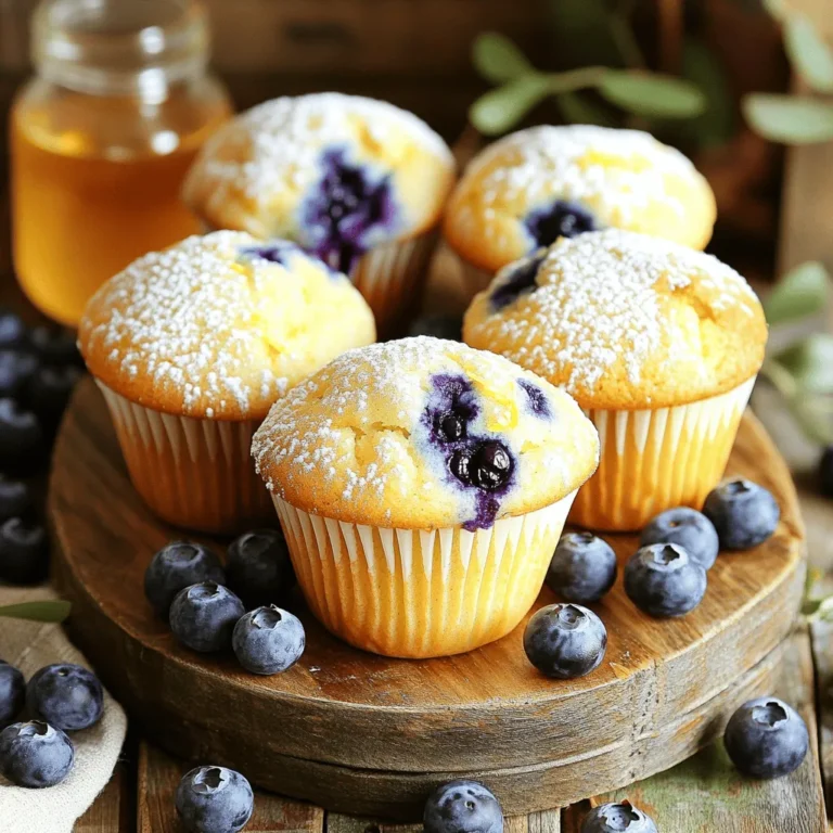 Lemon ricotta blueberry muffins need simple ingredients. Each one plays a key role. This recipe makes 12 fluffy muffins. In just 35 minutes, you can enjoy them fresh from the oven. - Ricotta cheese: Adds creaminess and moisture. It makes muffins soft and rich. - Unsalted butter: Using soft butter helps create a light texture. It also adds flavor. - Granulated sugar: Sweetens the muffins. It helps them brown nicely in the oven. - Eggs: They bind the ingredients together. Eggs also add air for fluffiness. - Lemon zest: This brightens the flavor. It gives a refreshing taste to each bite. - Lemon juice: Adds acidity, balancing the sweetness. It enhances the lemon flavor. - Vanilla extract: This adds warmth and depth to the muffins. - All-purpose flour: The base for the muffins. It gives structure and helps them rise. - Baking powder & baking soda: These are leavening agents. They help muffins rise and stay fluffy. - Salt: Just a little salt enhances all the flavors. - Blueberries: Fresh or frozen, they add sweetness and bursts of flavor. - Optional powdered sugar: A light dusting adds a nice touch. If you have allergies, some substitutes work well. You can try Greek yogurt instead of ricotta. If you're dairy-free, look for plant-based ricotta. Use coconut oil if you need a dairy-free butter option. For gluten-free muffins, swap all-purpose flour with a gluten-free blend. Always check labels for allergens. First, gather all your ingredients. You will need ricotta cheese, butter, sugar, eggs, lemon zest, lemon juice, vanilla, flour, baking powder, baking soda, salt, and blueberries. Begin by preheating your oven to 375°F (190°C). Line a muffin tin with paper liners or grease it with non-stick spray. In a large bowl, mix softened butter and sugar until light and fluffy. Next, add ricotta, eggs, lemon zest, lemon juice, and vanilla. Stir until well combined. In another bowl, whisk flour, baking powder, baking soda, and salt. Gradually add this dry mixture to your wet ingredients. Mix gently until just combined. Be careful not to overmix. Now, fold in the blueberries, but do this gently to keep them whole. Scoop the muffin batter into your prepared muffin tin, filling each cup about 2/3 full. Bake for 18 to 22 minutes. Check doneness by inserting a toothpick into the center of a muffin. If it comes out clean, your muffins are ready. After baking, let the muffins cool in the tin for about 5 minutes. Then, transfer them to a wire rack to cool completely. If you want a sweet touch, dust them with powdered sugar before serving. Arrange the muffins on a nice platter, and consider adding fresh berries and honey for extra flair. For the complete recipe, you can refer to the Full Recipe section. To make your muffins fluffy, use fresh baking powder. Old baking powder can make your muffins dense. Also, avoid overmixing the batter. Stir until the dry and wet ingredients just blend. This technique keeps the muffins light. Folding in the blueberries gently helps too. You want to keep the air in the batter. A common mistake is using cold ingredients. Always let your eggs and ricotta sit at room temp. This allows for better mixing and a smoother batter. Another mistake is filling the muffin cups too full. Fill them only 2/3 full. This gives the muffins space to rise without spilling over. Lastly, don’t skip the cooling step. Let them cool in the pan before moving them. This helps keep them moist. To boost flavor, add a bit of lemon zest beyond the recipe. You can also try different berries. Raspberries or blackberries work great too. If you want a sweeter touch, sprinkle a bit of sugar on top before baking. This creates a nice crust. Pairing these muffins with honey or lemon glaze can also enhance the taste. For the full recipe, check the previous section. {{image_2}} You can make Lemon Ricotta Blueberry Muffins gluten-free. Simply swap the all-purpose flour for a gluten-free blend. Look for one that works well for baking. This will give you soft and fluffy muffins without gluten. To create a vegan version, replace the ricotta cheese with plant-based alternatives. You can use tofu blended with a bit of lemon juice. Substitute the eggs with flax eggs; mix one tablespoon of flaxseed meal with two and a half tablespoons of water for each egg. Use coconut oil instead of butter for a rich taste. Feel free to get creative with flavors! Add a pinch of cinnamon for warmth. You might also try mixing in nuts like pecans or walnuts for crunch. Dried fruits such as cranberries or cherries can add a nice twist. For a zesty kick, add more lemon juice or zest. Each variation can make your muffins unique and fun. If you're feeling adventurous, check out the Full Recipe for more ideas! After you bake your lemon ricotta blueberry muffins, let them cool completely. Store them in an airtight container at room temperature. They should stay fresh for up to three days. If you want them to last longer, consider freezing them. To freeze the muffins, first ensure they are fully cooled. Wrap each muffin tightly in plastic wrap. Then, place them in a freezer-safe bag or container. Label the bag with the date. You can freeze them for up to three months. When you want a muffin, just take it out and let it thaw. To reheat, you can use the microwave or the oven. For the microwave, place a muffin on a plate and heat for about 15-20 seconds. For the oven, preheat it to 350°F (175°C). Place the muffins on a baking sheet and heat for about 10 minutes. Enjoy them warm for the best taste! Yes, you can use frozen blueberries in your muffins. They work well and add great flavor. Just remember to toss them in a bit of flour before adding them to the batter. This helps keep them from sinking to the bottom. Frozen berries may make the batter a bit cooler, so adjust your baking time if needed. You want them to bake evenly for a perfect treat. To prevent your muffins from sinking, avoid overmixing the batter. When you mix the flour with the wet ingredients, stir just until everything is combined. Overmixing can lead to tough muffins and sinking. Additionally, make sure your baking powder and baking soda are fresh. These ingredients help your muffins rise. Fill the muffin cups about two-thirds full to give them room to expand. If you need a substitute for ricotta cheese, you can use cottage cheese. Just blend it until smooth for a similar texture. Greek yogurt is another great option; it adds creaminess and a hint of tang. Both alternatives work well in the Lemon Ricotta Blueberry Muffins recipe. Each substitute will change the flavor slightly, but they will still yield delicious muffins. For the full recipe, check the details above. In this article, we covered how to make great muffins. We discussed key ingredients, step-by-step instructions, and tips to improve your baking. We also looked at variations for different diets and how to store your muffins. Remember, good muffins need the right mix of ingredients and care. Use what you learned here to bake tasty treats that impress everyone. Enjoy your baking journey!