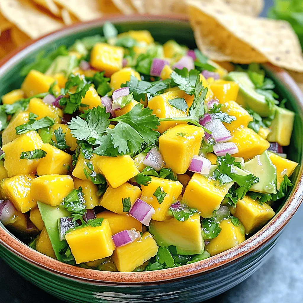 - 1 ripe mango, diced - 2 avocados, diced - 1 small red onion, finely chopped - 1 small jalapeño, deseeded and minced - 2 tablespoons fresh lime juice - 1 tablespoon honey (optional) - 1/4 cup fresh cilantro, chopped - Salt and pepper to taste Gathering the right ingredients makes all the difference. For the main ingredients, start with a ripe mango. Choose one that is slightly soft to the touch. This means it's sweet and ready. Then, select two ripe avocados. They should also yield gently when pressed. Next, grab a small red onion. The onion adds a nice crunch and a sharp flavor. For the additional ingredients, you will need a small jalapeño. If you want some spice, keep the seeds. If you prefer it mild, remove them. Fresh lime juice adds brightness and keeps the avocado green. Honey is optional but can add a hint of sweetness if you like. Finally, fresh cilantro brings a fresh note. Add salt and pepper to taste. These simple ingredients come together to form a vibrant and delicious salsa. You can find the full recipe above for detailed instructions. To start, you need to prepare the mango and avocados. - Dicing mango and avocados: Take 1 ripe mango and cut it into small cubes. Then, grab 2 avocados, slice them, and remove the pit. Dice the avocado into similar-sized pieces as the mango. This helps in mixing later. Place both fruits in a large mixing bowl. - Chopping red onion: Next, take 1 small red onion. Finely chop it and add the pieces to your bowl. The onion adds a nice crunch and flavor to the salsa. Now that the ingredients are prepped, it’s time to mix. - Incorporating jalapeño and lime juice: Take a small jalapeño, deseed it, and mince it. Add it to the bowl for some heat. Squeeze 2 tablespoons of fresh lime juice over the mix. This keeps the avocados from browning and adds a zesty kick. - Folding in honey (if using): If you like a touch of sweetness, add 1 tablespoon of honey. Gently fold all the ingredients together. Be careful not to mash the avocados; you want them to stay chunky. You are almost done! Let’s add the final ingredients. - Adding cilantro and seasoning: Chop 1/4 cup of fresh cilantro and sprinkle it into the bowl. Season with salt and pepper to taste. Toss everything gently to combine. - Allowing flavors to meld: Let the salsa sit for about 10-15 minutes. This waiting time allows the flavors to blend and become even more delicious. This simple process gives you a fresh and vibrant mango avocado salsa that brightens any meal. For the complete recipe, check out the Full Recipe section. How to choose ripe mangoes? Pick mangoes that give slightly when you press them. They should smell sweet near the stem. Color varies, but avoid green ones. Look for a mix of yellow and red hue for ripeness. Perfect avocados for salsa. Choose avocados that yield to gentle pressure. They should be dark and smooth. If they are too hard, let them ripen at room temperature. Use them when they are soft but not mushy. Best pairings with the salsa. Mango avocado salsa shines with tortilla chips. It also pairs well with grilled chicken or fish. You can even use it as a topping on tacos. The fresh taste adds a fun twist to any dish. Creative serving ideas. Serve the salsa in a hollowed-out avocado for a stunning look. You can also place it on a bed of greens for a fresh salad. Another idea is to mix it with quinoa for a wholesome bowl. Storing salsa in the fridge. Keep salsa in an airtight container. It will last about two days in the fridge. If you see browning on the avocado, it’s still safe to eat. Just stir it before serving. Best practices for keeping the ingredients fresh. Store mangoes and avocados at room temperature until ripe. Once ripe, keep avocados in the fridge to slow down browning. Use lemon or lime juice to help maintain freshness in your salsa. For a full recipe, check out the details above! {{image_2}} You can make mango avocado salsa even more exciting. One way is to add fruits like pineapple or peach. These fruits bring a sweet twist that blends well with the mango. You can also try adding spices for heat. A dash of cayenne or some chili powder can kick it up a notch. This makes the salsa zesty and fun! If you want to switch things up, consider alternatives for jalapeño. You can use bell peppers for a milder taste. If you like spicy but need a different flavor, try serrano peppers. For those who prefer vegan options for honey, maple syrup works great. It adds sweetness without any animal products. You can create themed salsas for different occasions. For a tropical twist, mix in some shredded coconut. This adds a chewy texture and enhances the fruity flavor. If you want a Mexican-inspired version, throw in corn and black beans. This makes your salsa heartier and perfect for a fiesta. Try the [Full Recipe] to explore these fun variations on mango avocado salsa and enjoy the fresh flavors! Each serving of this Mango Avocado Salsa has about 150 calories. This makes it a light and tasty option for any meal. You can enjoy it without feeling guilty. Mangoes and avocados are both superfoods. They offer many health perks. Mangoes are rich in vitamin C, which helps your immune system. They also provide vitamin A for good vision. Avocados are packed with healthy fats that support heart health. They also contain potassium, which is great for muscle function. Together, these ingredients make a nutritious salsa. This salsa is gluten-free and vegetarian. It fits many diets. If you want to lower the carbs, skip the honey. You can also use less mango to cut down on sugar. This way, you can enjoy a fresh and healthy dish that suits your needs. Mango avocado salsa will last about 2 to 3 days in the fridge. To keep it fresh, store it in an airtight container. The lime juice helps slow down browning, but the avocados will still darken over time. If you notice browning, simply give it a stir. The flavor will still be good! Yes, you can make the salsa a day before. Just prepare the ingredients and combine them. Store it in the fridge to keep it fresh. Let the salsa sit for about 15 minutes before serving. This helps the flavors blend nicely. You can also add the avocado closer to serving time to keep it bright and green. Mango avocado salsa is very versatile. You can serve it with tortilla chips for a fun snack. It pairs well with grilled fish or chicken, adding a fresh twist to your meal. You can also use it in tacos or on top of salads. It’s a great way to add color and flavor to any dish! For the full recipe, check out the Tropical Bliss Mango Avocado Salsa. This blog post covered how to make mango avocado salsa. We explored key ingredients like ripe mango, avocados, and red onion. I shared tips for dicing and mixing these fresh flavors. You learned about variations and how to store leftovers. Remember, this salsa is versatile. It pairs well with many dishes and adds a tasty touch to any meal. Try it with your favorite foods or create your own spin. Fresh ingredients make all the difference. Enjoy the fun of making this vibrant dish!