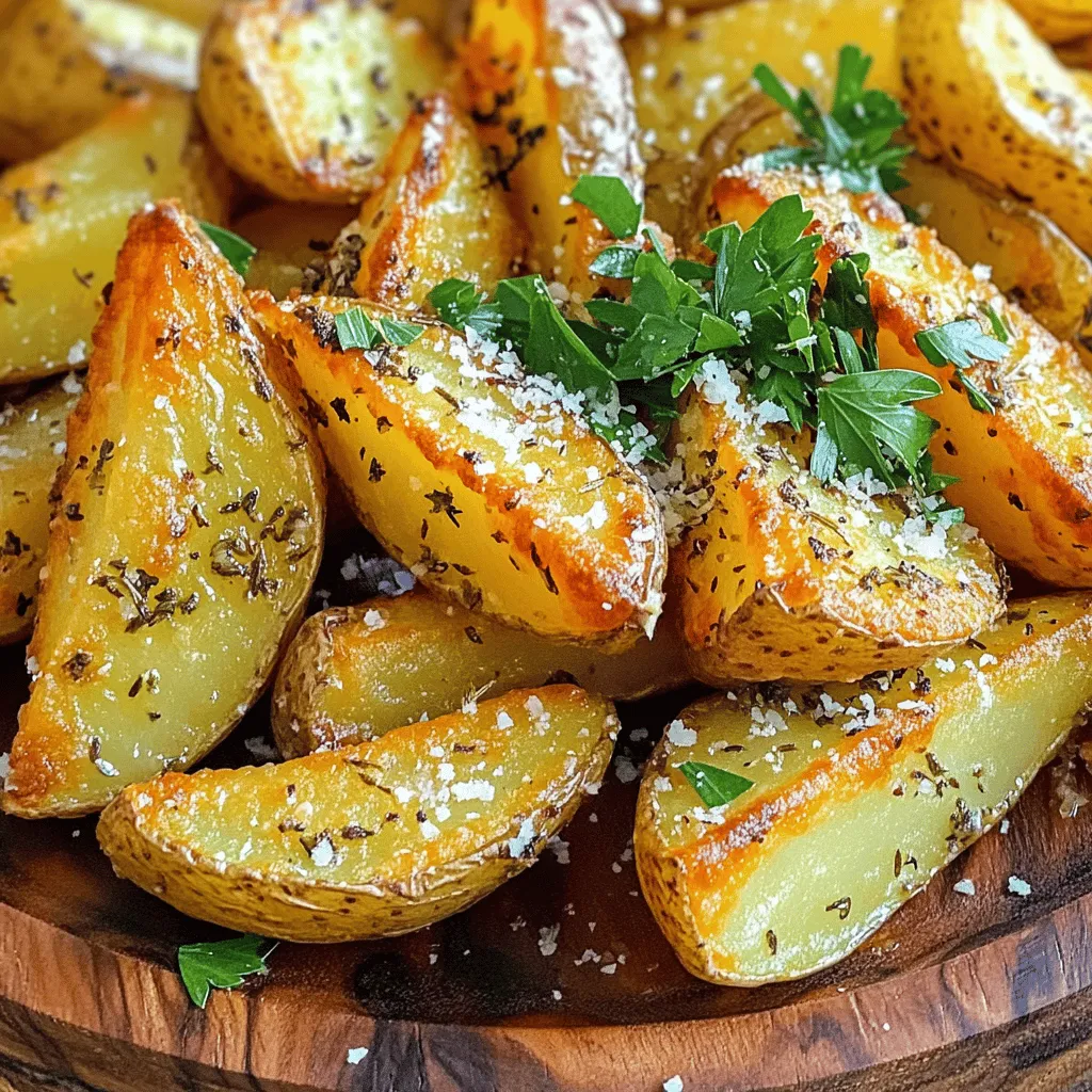 To make Crispy Garlic Herb Potato Wedges, you will need: - 4 large russet potatoes, scrubbed and cut into wedges - 4 tablespoons olive oil - 4 cloves garlic, minced - 2 teaspoons dried oregano - 2 teaspoons dried thyme - 1 teaspoon paprika - 1 teaspoon onion powder - Salt and pepper to taste - Fresh parsley, chopped (for garnish) - Grated Parmesan cheese (optional) If you prefer, you can swap russet potatoes for sweet potatoes. They add a nice sweetness. You can also use fresh herbs instead of dried ones if you have them on hand. To prepare these tasty potato wedges, you will need a few key tools: - A sharp knife for cutting the potatoes - A large mixing bowl for combining the oil and spices - A baking sheet lined with parchment paper for easy cleanup Using the right tools makes cooking easier and more fun. A sharp knife helps you cut the potatoes quickly and safely. Lining the baking sheet prevents sticking, and it keeps the wedges crispy. These small steps lead to great results. You can find the full recipe to follow along with each step. Happy cooking! Start by washing your russet potatoes well. Scrub them under cold water to remove dirt. Next, cut each potato into wedges. Aim for 8 wedges per potato for even cooking. Make sure they are similar in size. This helps them cook at the same time. Soaking the wedges in water for 30 minutes is a great tip. It removes extra starch, which helps make them crispier. In a big bowl, combine 4 tablespoons of olive oil with the spices. Use 4 cloves of minced garlic, 2 teaspoons of oregano, and 2 teaspoons of thyme. Add 1 teaspoon of paprika, 1 teaspoon of onion powder, salt, and pepper. Mix this well. This creates a tasty oil mixture. It’s vital to coat each wedge evenly. This ensures they all get crispy and flavorful. Preheat your oven to 425°F (220°C). Line a baking sheet with parchment paper to prevent sticking. Spread the potato wedges in a single layer on the sheet. Avoid crowding them; this helps them crisp up. Bake the wedges for 30 to 35 minutes. Flip them halfway to cook evenly. They are ready when they look golden brown and feel crispy. Enjoy them warm as a side or snack! For the full recipe, check out the section above. To make your potato wedges extra crispy, a few tricks can help. First, try parboiling the potato wedges before baking. Boil them for about 5-7 minutes, then drain and let them cool. This step helps to soften the inside while keeping the outside crunchy. Next, pay attention to the oil temperature. Make sure the oil is hot when you mix it with the spices. This helps create a golden crust. Spacing on the baking sheet is also key. Spread the wedges out in a single layer. If they touch, they can steam rather than crisp up. Give them room to breathe for the best results. Now, let’s talk about flavor! You can add more herbs or spices to suit your taste. Try adding rosemary or basil for a fresh twist. A pinch of cayenne pepper can spice things up if you like heat. Adjusting the seasoning is easy too. Taste the oil mixture before tossing the wedges. If you want more garlic, add another clove. Don’t hesitate to make it your own! If you follow these tips, your crispy garlic herb potato wedges will be a hit every time. For the complete recipe, check the [Full Recipe]. {{image_2}} You can change the flavor of your Crispy Garlic Herb Potato Wedges easily. For a spicy kick, add chili powder or cayenne pepper to the oil mixture. If you love cheese, sprinkle some grated cheese on top before baking. You can also use Italian seasoning for a classic taste. To explore different cuisines, think about using curry powder for an Indian twist or cumin and chili powder for a Mexican vibe. These blends add fun flavors that can match any meal. Using different types of potatoes can change your wedges' taste and feel. Russet potatoes are great for a crispy texture. They give a fluffy inside and a crunchy outside. If you try Yukon Gold potatoes, you’ll get a creamier texture. They have a buttery flavor, but they may not get as crispy. Sweet potatoes are another tasty choice. They add a nice sweetness and can be spiced up with cinnamon or paprika. When you pick your potato, think about the final dish. The right potato will make your wedges even better. For more details on the full recipe, check out the Full Recipe section. To keep your leftover potato wedges fresh, let them cool first. Then, place them in an airtight container. Store them in the fridge for up to three days. If you want to reheat them, use your oven. Preheat it to 400°F (200°C). Spread the wedges on a baking sheet. Heat for about 10-15 minutes. This method helps keep them crispy. If you want to save your potato wedges longer, freezing is a good option. First, let the wedges cool completely. Place them in a single layer on a baking sheet. Freeze them for about an hour. This helps them keep their shape. After that, transfer the frozen wedges to a freezer bag. They will last up to three months. To thaw, take the wedges out the night before and place them in the fridge. When you're ready to cook, bake them directly from frozen. Preheat your oven to 425°F (220°C). Bake for 25-30 minutes. This way, they will stay tasty and flavorful. For the full recipe, check out the recipe section. You can use several alternatives to olive oil. Some great options include: - Avocado oil - Coconut oil - Grapeseed oil - Sunflower oil These oils still provide flavor and help achieve that crispy texture. Each oil has its own taste, so choose one that you like. For a lighter option, you might use vegetable broth or a bit of apple cider vinegar, though it won’t give the same crispiness. Yes, you can make the wedges ahead of time. Here are some tips: - Cut the potatoes and soak them in water. This helps remove starch and keeps them from browning. - Toss the wedges in the seasoning mix but don’t bake them. Store them in an airtight container in the fridge for up to 24 hours. For reheating, you can place them back in the oven at 425°F (220°C) for about 15 minutes. This will crisp them up nicely. These potato wedges pair well with many dishes. Here are some ideas: - Serve with ranch or garlic aioli for dipping. - They go great with burgers, grilled chicken, or steak. - Add a fresh salad on the side for balance. For a complete meal, consider a creamy soup or a tangy slaw. These sides complement the crispy texture perfectly. For the full recipe, check out the details above. This guide covered everything you need for Crispy Garlic Herb Potato Wedges. You learned about ingredients, cooking tools, and step-by-step instructions for perfect wedges. We discussed tips for extra crispiness, flavor variations, storage methods, and answered common questions. Remember, customizing your recipe adds fun and flavor. Enjoy experimenting and sharing delicious wedges with friends and family. Your cooking can be simple, satisfying, and tasty. Happy cooking!