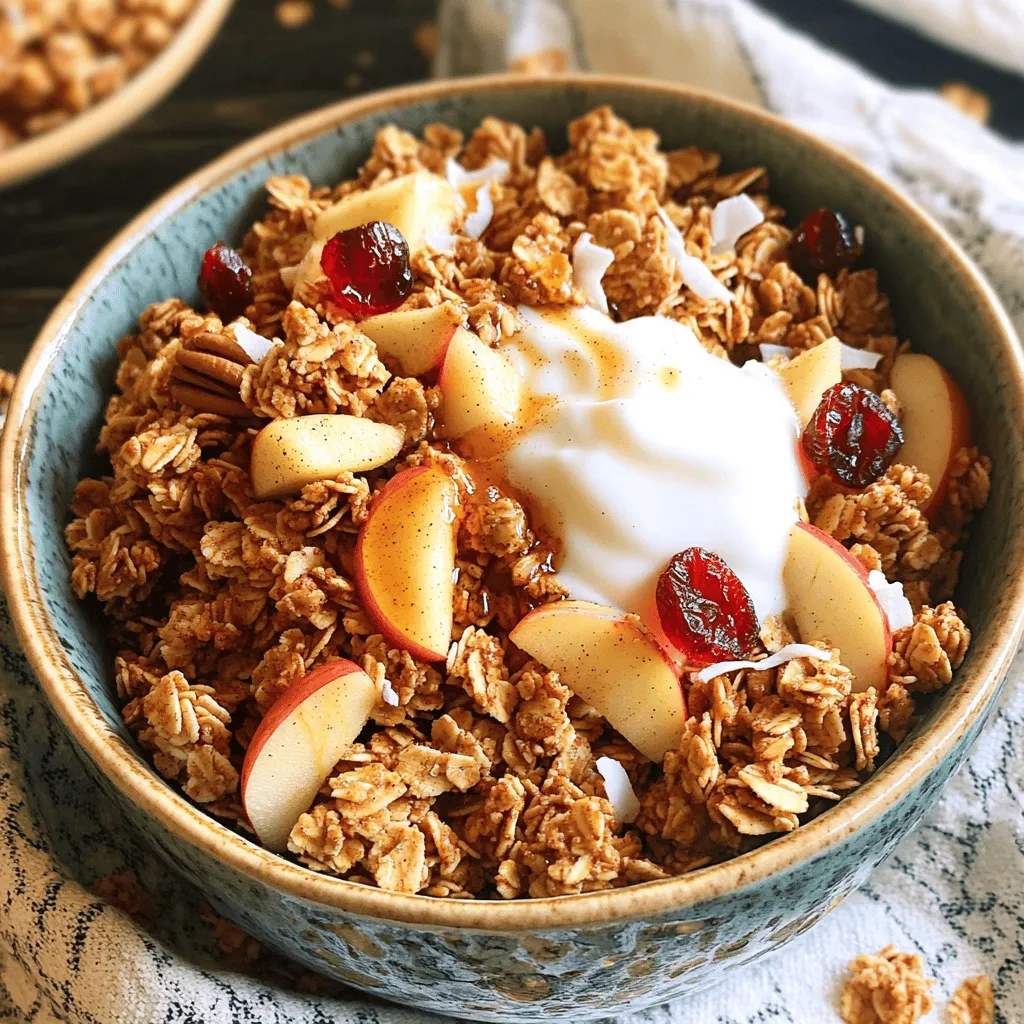 - 2 cups rolled oats - 1 cup nuts (walnuts or pecans), roughly chopped - 1/2 cup unsweetened coconut flakes - 1/2 cup maple syrup - 1/4 cup coconut oil, melted - 1 teaspoon ground cinnamon - 1/2 teaspoon vanilla extract - 1/2 teaspoon salt - 1 cup dried apples, chopped - 1/2 cup raisins or cranberries Gathering fresh ingredients is key. It makes your Maple Cinnamon Apple Granola taste great. Rolled oats form the base. They give texture and crunch. Nuts offer healthy fats and protein. Choose walnuts or pecans based on your taste. Coconut flakes add sweetness and chewiness. Use unsweetened ones to control the sugar. Maple syrup brings in natural sweetness. It also adds a unique flavor. Coconut oil helps bind everything and adds richness. Ground cinnamon gives warmth and spice. Vanilla adds a lovely aroma. Salt balances all the flavors. Dried apples and raisins or cranberries add fruity bites. They make each munch a delight. - Calories per serving: About 200 calories - Key vitamins and minerals: Rich in fiber, magnesium, and vitamin E - Dietary considerations: Gluten-free and vegan This granola packs a punch. It has fiber for digestion and healthy fats. It also delivers vitamins and minerals from nuts and fruits. You can enjoy it guilt-free as it is gluten-free and vegan. This makes it a great option for all. 1. Preheat your oven to 300°F (150°C). This helps the granola bake evenly. 2. Line a baking sheet with parchment paper. This prevents sticking and makes cleanup easy. 3. In a large mixing bowl, combine the rolled oats, chopped nuts, and coconut flakes. Stir until everything is mixed well. 1. In a separate small bowl, whisk together the maple syrup, melted coconut oil, ground cinnamon, vanilla extract, and salt. Mix until it is smooth and well combined. 2. Pour this wet mixture over the dry ingredients. Stir until the oats and nuts are fully coated. 1. Spread the granola mixture evenly on the lined baking sheet. Make sure it is in a single layer for even cooking. 2. Bake in your preheated oven for 20-25 minutes. Stir halfway through to ensure it browns evenly. The granola should be golden brown and smell amazing. 3. Remove it from the oven and let it cool completely on the baking sheet. It will become crispy as it cools. 4. Once cool, stir in the chopped dried apples and raisins or cranberries. 5. You can find the full recipe [here](#). To achieve the ideal crispiness in your granola, follow a few key steps. First, spread the mixture evenly on the baking sheet. This helps it cook evenly. Stir it halfway through baking to ensure all parts get crispy. Let it cool completely on the sheet. It will harden as it cools. You can adjust sweetness and spice levels easily. If you like it sweeter, add more maple syrup. For extra spice, sprinkle in more cinnamon. Taste the mixture before baking to find your perfect balance. Pair your granola with yogurt or smoothie bowls for a tasty breakfast. Just sprinkle a generous amount on top. You can also mix it into your favorite smoothie for added crunch. Get creative with desserts. Use this granola as a topping on ice cream or baked fruit. It adds a delightful crunch and flavor to any sweet treat. For more ideas, check the full recipe. {{image_2}} You can easily change the taste of your granola. Adding different fruits can create new flavors. Try mixing in berries or bananas. They add a fresh burst of sweetness. You can also use dried fruits like apricots or figs for a twist. Incorporating spices can elevate the granola. Nutmeg or ginger can add warmth and depth. A pinch of cardamom can also bring a unique flavor. Experiment to find what you love most. Switching nuts or seeds can change the texture and flavor. Use seasonal nuts like hazelnuts or pecans. They offer a nice crunch and taste. For nut-free variations, consider seeds like pumpkin or sunflower seeds. These options keep the granola crunchy without any nuts. You can also mix and match different nuts. Walnuts add richness, while almonds provide a slight sweetness. Each choice makes the granola special and personal to you. To keep your Maple Cinnamon Apple Granola fresh, store it in an airtight container. Glass jars work great, but plastic containers are fine too. Make sure the lid fits tightly. This helps to keep out air and moisture, which can make the granola soggy. For the best storage conditions, keep the container in a cool, dry place. A pantry or cupboard is ideal. Avoid areas with high humidity, like near the stove or sink. Too much humidity can lead to clumping and spoilage. When stored properly, your granola can last up to two weeks. This means you can enjoy it for breakfast or snacks without worry. To check if it’s still good, look for any off smells or changes in texture. If it feels soft instead of crunchy, it might be time to toss it. Always trust your senses! For the full recipe, check out the details above and get cooking. Enjoy your homemade granola! Can I make this granola gluten-free? Yes, you can make this granola gluten-free. Use gluten-free rolled oats. Many brands offer oats that are certified gluten-free. Check the label to be sure. This small change keeps the taste and texture intact. How do I customize the recipe further? You can easily customize this granola to suit your taste. Try adding different nuts like almonds or pistachios. You can also switch the dried apples for other fruits like apricots or figs. Want a bit more crunch? Toss in some seeds like pumpkin or sunflower seeds. Adjust the spices too; a pinch of nutmeg or ginger can add warmth. Is it possible to use fresh apples instead of dried? Using fresh apples can work, but they change the texture. Fresh apples have more moisture, which can make the granola soggy. If you want to use fresh apples, chop them and add them during the last few minutes of baking. This way, they will soften but not lose all their crunch. Remember, dried apples will give a sweeter, chewier bite. For the complete recipe, check the Full Recipe. This blog post introduced you to a tasty granola recipe. You learned about key ingredients like oats, nuts, and maple syrup. I shared step-by-step instructions for preparation and baking. We discussed tips for perfecting your granola and creative serving ideas. Variations let you modify flavors and adjust nut options. Finally, we covered storage tips to keep your granola fresh. Making your own granola is fun and rewarding. You can create a snack that fits your taste. Enjoy the process, and feel free to experiment!