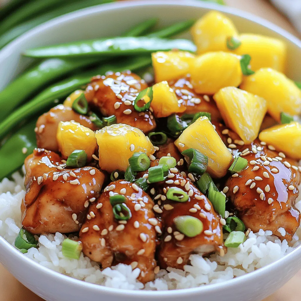 Gather these essential ingredients for your Pineapple Teriyaki Chicken Bowls. Each item adds to the meal's bright flavors. - 1 lb boneless, skinless chicken thighs - 1 cup fresh pineapple, diced - ½ cup teriyaki sauce - 1 tablespoon olive oil - 2 cups cooked jasmine rice - 1 bell pepper (red or yellow) - 1 cup snow peas - 2 green onions - Sesame seeds for garnish - Salt and pepper to taste Using fresh ingredients makes all the difference. The chicken thighs provide a juicy base for the dish. Fresh pineapple brings sweetness that pairs well with the salty teriyaki sauce. Jasmine rice serves as a lovely, fluffy base. For crunch and color, the bell pepper and snow peas are perfect. Green onions add a fresh bite while sesame seeds give a nice finish. This recipe is simple yet satisfying. You can find the full recipe in the provided link. Enjoy creating your own Pineapple Teriyaki Chicken Bowls! Start by taking your chicken thighs and cutting them into bite-sized pieces. In a bowl, combine the chicken pieces with ½ cup of teriyaki sauce. Add a pinch of salt and pepper for flavor. It’s best to let the chicken marinate for at least 20 minutes. For even more flavor, marinate it for up to 2 hours in the fridge. Next, heat 1 tablespoon of olive oil in a large skillet or wok over medium-high heat. Once the oil is hot, add in the marinated chicken. Cook for about 5-7 minutes. You want the chicken to turn a lovely golden brown while cooking through. Stir occasionally to ensure it cooks evenly. After the chicken is cooked, it’s time to add the veggies. Toss in the sliced bell pepper and snow peas. Cook them for another 3-4 minutes until they are tender-crisp. Now, stir in the diced pineapple and the remaining ¼ cup of teriyaki sauce. Cook for an additional 2-3 minutes. This helps the flavors meld together and warms the pineapple. Now for the fun part! In serving bowls, layer the cooked jasmine rice first. Then, top it with the teriyaki chicken and vegetable mixture. For a touch of flair, sprinkle sliced green onions and sesame seeds on top. This adds a nice crunch and a pop of color to your dish. For the complete recipe, check out the [Full Recipe]. To make the best Pineapple Teriyaki Chicken Bowls, focus on flavor. I recommend marinating the chicken for at least 20 minutes. If you have more time, let it sit for up to 2 hours. This extra time helps the chicken soak up the teriyaki sauce. When it comes to teriyaki sauce, choose one that you love. You can use store-bought or homemade. A good sauce adds depth to the dish. Look for sauces with natural ingredients to keep it fresh and tasty. For the chicken to shine, cook it right. Start with a hot skillet or wok. Use medium-high heat to get that golden brown color. This takes about 5 to 7 minutes. Make sure to stir occasionally so the chicken cooks evenly. The goal is to achieve a juicy texture. Avoid overcooking, as this can dry out the chicken. Keep an eye on it. If your stove has different settings, set it to medium-high for the best results. When serving, think about what pairs well with these bowls. Jasmine rice is a great base, but feel free to explore other options like brown rice or quinoa. Add colorful veggies like bell peppers and snow peas for a vibrant look. Setting the table is just as important. Use bowls that showcase the colorful layers. Garnish with green onions and sesame seeds. This makes the meal inviting and fun. Don't forget to add some chopsticks for a playful touch! {{image_2}} To make this dish gluten-free, swap the teriyaki sauce for a gluten-free alternative. Many brands offer tasty options. You can also make your sauce at home. For a low-carb version, use cauliflower rice instead of jasmine rice. This keeps the meal light but still full of flavor. You can change the protein in this dish. Try using tofu for a vegetarian option. Turkey is also a lean choice that works well. For the veggies, feel free to mix it up! Broccoli, carrots, or snap peas can add color and crunch. To give your Pineapple Teriyaki Chicken Bowls an extra kick, add some spices like ginger or garlic. Fresh herbs like cilantro or basil can brighten the dish. For a fun twist, try using different fruits. Mango or kiwi can add sweetness and a tropical feel. For the full recipe, check out the [Full Recipe]. To keep your Pineapple Teriyaki Chicken Bowls fresh, store leftovers in an airtight container. Make sure they cool down first. You can safely eat them within three days. After that, the flavor and texture may fade. When reheating, avoid the microwave if possible. Instead, use a skillet over low heat. This helps maintain the dish's texture and keeps the pineapple juicy. Stir occasionally until everything is warmed through. Yes, you can freeze Pineapple Teriyaki Chicken Bowls. To do this, pack the chicken and rice in a freezer-safe container. Leave out any fresh toppings, like green onions. When you're ready to eat, thaw it overnight in the fridge. Reheat in a skillet for the best results. To make homemade teriyaki sauce, you need just a few simple ingredients. Combine: - ½ cup soy sauce - ¼ cup brown sugar - 1 tablespoon rice vinegar - 1 tablespoon sesame oil - 1 teaspoon garlic (minced) - 1 teaspoon ginger (minced) Mix these together in a saucepan over medium heat. Stir until the sugar dissolves. Let it simmer for about 5 minutes until it thickens slightly. This sauce adds a rich flavor to your Pineapple Teriyaki Chicken Bowls. Yes, you can use chicken breasts instead of thighs. Chicken breasts cook faster and are leaner. They may dry out if cooked too long. Adjust your cooking time to about 4-6 minutes for chicken breasts. Cut them into smaller pieces for even cooking. If you prefer a different grain, try these options: - Brown rice - Quinoa - Cauliflower rice Brown rice gives a nutty flavor. Quinoa adds protein. Cauliflower rice is a low-carb choice. Each adds a unique twist to your bowl. Yes, this recipe is very kid-friendly. The sweet pineapple and savory sauce appeal to young taste buds. To make it more fun, let kids help with the cooking. They can add toppings like sesame seeds or green onions. You can also cut the chicken into fun shapes for added excitement. Pineapple teriyaki chicken bowls offer a simple and tasty meal. You learned what ingredients to use, how to cook them, and how to serve the dish. Variations allow for dietary needs and personal tastes. Remember to store leftovers safely and enjoy them later. This recipe can be a hit for all ages, bringing flavor and fun to mealtime. Try these tips to make the dish even better. Happy cooking!