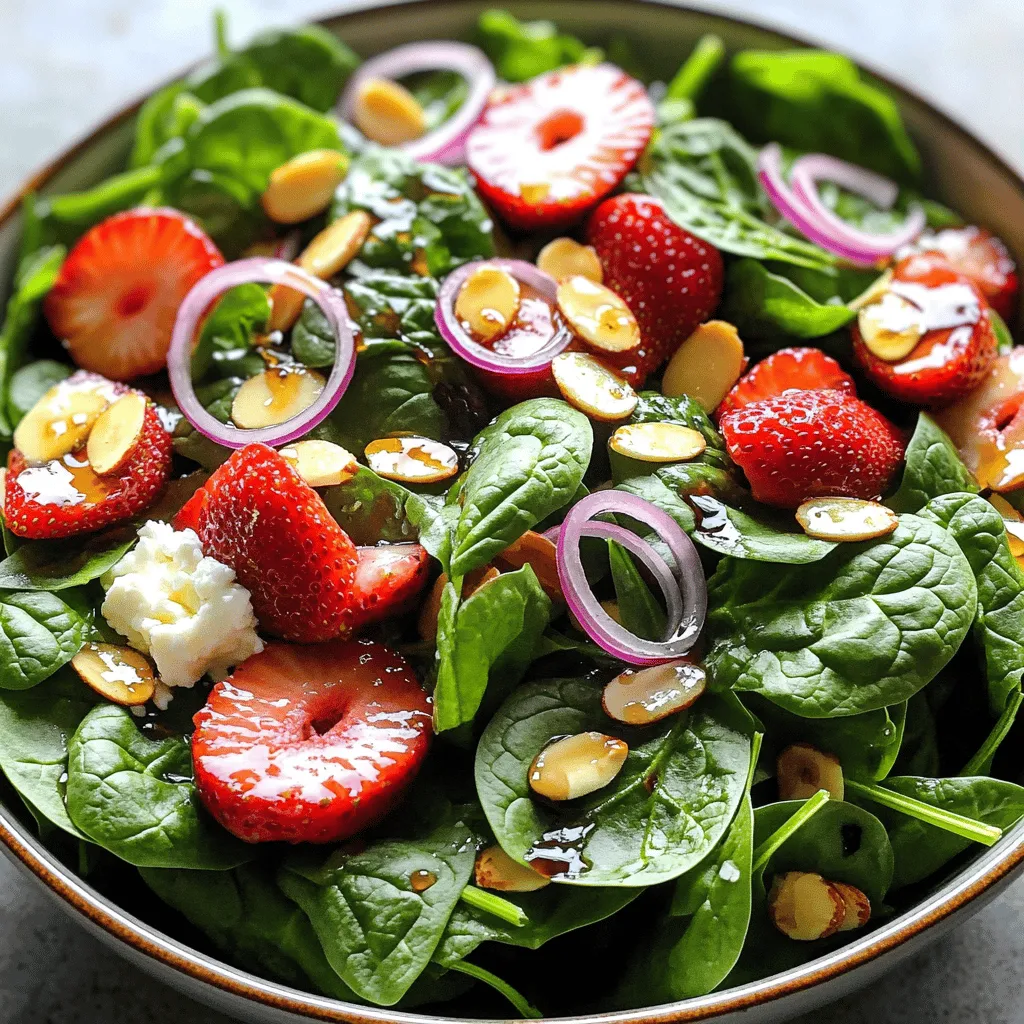 - Baby spinach - Strawberries The star of this salad is the fresh produce. I love using baby spinach because it is tender and mild. It adds a nice base to the salad. Strawberries bring a burst of sweetness and color. When selecting strawberries, look for bright red ones with a shiny skin. This ensures they are ripe and full of flavor. - Feta cheese - Sliced almonds Feta cheese adds a creamy, salty touch. It pairs well with the sweet strawberries. Sliced almonds give the salad a nice crunch. They also add healthy fats and protein. You can toast the almonds for an extra depth of flavor. - Balsamic vinegar - Honey - Olive oil The dressing is simple yet delicious. Balsamic vinegar brings acidity and depth. Honey adds sweetness to balance the tanginess. Olive oil makes the dressing smooth. Mix these three together for a bright, zesty flavor that enhances the salad. For the complete details, you can check the Full Recipe. Start by mixing the key ingredients. In a large salad bowl, place 4 cups of fresh baby spinach. Then, add 1 cup of hulled and sliced strawberries. Toss them gently to mix. This blend creates a fresh and vibrant base for your salad. Next, it’s time for cheese and nuts. Add 1/2 cup of crumbled feta cheese to the bowl. This cheese adds a creamy texture and tangy flavor. Then, sprinkle in 1/4 cup of sliced almonds. They give a nice crunch and a nutty taste. Now, let’s make the dressing. In a small bowl, whisk together 2 tablespoons of balsamic vinegar, 1 tablespoon of honey, and 1 tablespoon of olive oil. This mix creates a sweet and tangy dressing. Add salt and pepper to taste. Ensure you whisk well until it’s fully combined. With the salad and dressing ready, it’s time to combine them. Drizzle the dressing over your salad mix. Toss gently to coat all ingredients evenly. This step makes every bite flavorful. Finally, add some zing by topping the salad with 1/4 cup of thinly sliced red onion. This will give the salad a nice bite. Serve your Strawberry Spinach Salad right away or chill it for 15 minutes for a refreshing taste. For the full recipe, you can refer to the earlier section. Enjoy your delicious creation! Choosing ripe strawberries is key to a great salad. Look for berries that are bright red and firm. Avoid those that are soft or have dark spots. Smell them, too! Fresh strawberries have a sweet scent. Freshness of spinach also matters. Pick baby spinach with deep green leaves. It should feel crisp and vibrant. Avoid wilted or yellow leaves. Fresh spinach adds a nice crunch to your salad. Adjusting sweetness and acidity makes a big difference. Start with the balsamic vinegar and honey. Taste it after mixing. If you want it sweeter, add more honey. If you prefer a tangy flavor, add extra vinegar. Use good-quality olive oil. It brings a rich taste to the dressing. A little salt and pepper can balance the flavors, too. Ideal pairings with the salad can enhance your meal. This salad goes well with grilled chicken or fish. You can also serve it as a side with your favorite sandwich. For a fun twist, try adding crispy bacon or nuts. They add texture and flavor. Enjoy the fresh and vibrant taste of this salad! For the full recipe and more inspiration, check out Strawberry Spinach Delight. {{image_2}} You can easily boost your salad with protein. Grilled chicken or shrimp works great. Just slice them up and toss them in. The chicken adds a hearty feel, while shrimp gives a light, fresh taste. It makes your salad a full meal. Plus, both options pair nicely with the sweet strawberries. Want to switch up the flavor? Try a citrus vinaigrette! Use fresh orange or lemon juice for a bright twist. Mix it with olive oil, salt, and pepper. This tangy option livens up the salad. It enhances the sweetness of the strawberries and complements the spinach. You can even add a touch of honey for balance. Need a vegan or allergy-friendly version? Simply skip the feta cheese and use nuts instead. You can also swap out the honey for maple syrup. This keeps the sweetness without using animal products. Always check for any allergies with your guests. With these adjustments, everyone can enjoy this salad! For the full recipe, check out Strawberry Spinach Delight. Store leftover strawberry spinach salad in a sealed container. This keeps it fresh longer. If you can, eat it within two days. The spinach can wilt quickly. If you notice it getting soggy, remove the dressing. Keep the dressing separate until you're ready to eat. No, you cannot freeze this salad. Freezing changes the texture of the spinach and strawberries. When thawed, they become mushy. It is best to enjoy this salad fresh. Make a new batch when you crave it. You can store the salad in the fridge for about two days. After that, the taste and texture will decline. If the salad starts to smell or look bad, throw it away. Always trust your senses. For the full recipe, check the steps above. To make a basic strawberry spinach salad, follow these simple steps: 1. Gather your ingredients: You need fresh baby spinach, strawberries, feta cheese, sliced almonds, and red onion. 2. Mix spinach and strawberries: In a large bowl, combine 4 cups of baby spinach with 1 cup of hulled and sliced strawberries. Toss gently. 3. Add cheese and nuts: Sprinkle 1/2 cup of crumbled feta cheese and 1/4 cup of sliced almonds on top. 4. Make the dressing: In a small bowl, whisk together 2 tablespoons of balsamic vinegar, 1 tablespoon of honey, 1 tablespoon of olive oil, and some salt and pepper. 5. Combine salad and dressing: Drizzle the dressing over the salad. Toss gently to coat all ingredients. 6. Add red onion: Top with 1/4 cup of thinly sliced red onion for extra flavor. You can add many ingredients to enhance your salad's taste. Here are some suggestions: - Nuts: Try walnuts or pecans for a different crunch. - Fruits: Add blueberries or mandarin oranges for a sweet twist. - Herbs: Fresh mint or basil can bring a refreshing touch. - Protein: Grilled chicken, shrimp, or chickpeas can make it more filling. - Cheese: Goat cheese adds a creamy taste that pairs well. Yes, strawberry spinach salad is very healthy. Here’s why: - Spinach: It’s full of vitamins A and C, iron, and fiber. - Strawberries: They are low in calories and high in antioxidants. - Feta cheese: This adds calcium and protein but is lower in fat than other cheeses. - Almonds: They provide healthy fats and protein, which can help keep you full. You can prep this salad in advance. Here are some tips: - Store ingredients separately: Keep the spinach, strawberries, and dressing in separate containers. This keeps everything fresh. - Dress before serving: Add the dressing right before you eat to keep the salad crisp. - Chill for a bit: If you want, chill the salad for 15 minutes before serving. This enhances the flavors. For a complete guide, check the Full Recipe for all the details. This blog post covered how to make a delicious strawberry spinach salad. We explored key ingredients, from fresh produce to dairy and nuts. You learned to prepare the salad step-by-step, make a tasty dressing, and assemble everything perfectly. I shared tips to select the best ingredients and offered serving suggestions. You also discovered variations to fit different tastes and dietary needs. Remember, this salad is not just healthy; it’s versatile too. Enjoy making it your own!