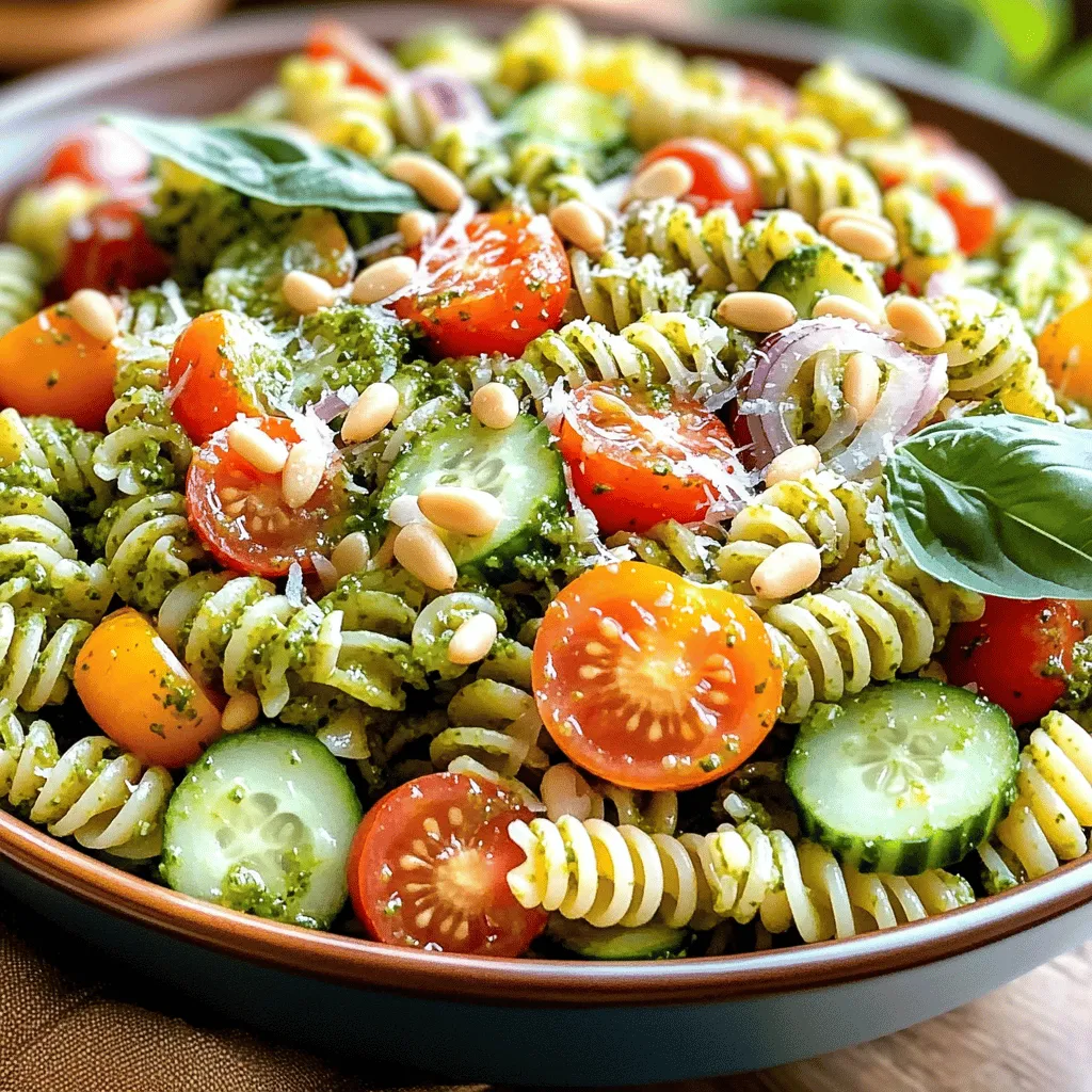To make a tasty pesto pasta salad, you need some key items: - 8 oz tri-color fusilli pasta - 1 cup fresh basil leaves - 1/2 cup grated Parmesan cheese These ingredients form the base of your dish. The tri-color fusilli adds fun colors and texture. The fresh basil brings a bright flavor, while the Parmesan adds a creamy touch. You’ll want some extra ingredients to enhance the taste: - 1/3 cup pine nuts (lightly toasted) - 2 cloves garlic, minced - 1/2 cup extra virgin olive oil Pine nuts add a nutty crunch. Garlic gives a wonderful aroma. Extra virgin olive oil makes the pesto smooth and rich. To make your salad even better, consider these fresh add-ins: - 1 cup cherry tomatoes, halved - 1 small cucumber, diced - 1/4 red onion, finely chopped Cherry tomatoes add sweetness and color. Cucumber brings a crisp bite, and red onion offers a mild sharpness. These fresh ingredients brighten the salad and make it more vibrant. For the full recipe, check out the detailed instructions provided in the [Full Recipe]. To cook the tri-color fusilli pasta, start by bringing a large pot of salted water to a boil. Add the pasta and stir it gently. Follow the package instructions for cooking time, usually around 8 to 10 minutes. To achieve that perfect al dente texture, taste the pasta a minute or two before the time is up. It should be firm but not hard. Once done, drain the pasta in a colander and rinse it under cold water. This stops the cooking and prevents sticking. Set the pasta aside to cool. Now, let's make the pesto! Grab your food processor. Add the fresh basil leaves, grated Parmesan cheese, lightly toasted pine nuts, and minced garlic. Sprinkle in a pinch of salt and pepper. Pulse the mixture until it is finely chopped. With the processor running, slowly drizzle in the extra virgin olive oil. This step helps create a smooth, creamy pesto. Taste your pesto and adjust the seasoning, adding more salt or pepper if needed for flavor. In a large mixing bowl, combine the cooled pasta with the halved cherry tomatoes, diced cucumber, and finely chopped red onion. Now, it’s time to mix in the pesto! Pour the pesto over the pasta and add a tablespoon of lemon juice. Toss everything well to coat the pasta and vegetables evenly. Ensure every bite is packed with flavor. Taste the salad and adjust the seasoning with more salt, pepper, or even more lemon juice if it needs a bit more zing. For the best flavor, chill the salad in the fridge for at least 30 minutes before serving. This allows the ingredients to blend beautifully. For the full recipe, check the previous section. Fresh vs. dried herbs I always choose fresh basil for my pesto sauce. Fresh herbs give the best flavor. Dried herbs don’t have the same bright taste. If you can't find fresh basil, try to use a mix of dried herbs, but be aware the taste will be different. Adjusting garlic intensity Garlic is key in pesto. If you want a strong garlic flavor, use more cloves. For a milder taste, reduce the garlic. Remember, you can always add more garlic later if you want. Start with two cloves, and adjust based on your taste. Garnishing ideas for presentation For a lovely look, garnish your salad with extra pine nuts. A sprinkle of grated Parmesan adds a nice touch. You can also add whole basil leaves for color. Presentation matters, and these small touches can make a big difference. Best serving temperature Serve your pesto pasta salad cold or at room temperature. Chilling the salad helps the flavors blend. It tastes best after sitting for at least 30 minutes in the fridge. This waiting time lets the ingredients get to know each other. How to keep the salad fresh Store any leftover salad in an airtight container. This keeps the salad fresh for up to three days. If you notice the pasta soaking up the pesto, add a little olive oil before serving again. When to consume leftovers For the best taste, eat your leftovers within three days. After this time, the salad may lose flavor and texture. Always check for any signs of spoilage before eating. Enjoy your meals fresh for the best experience! {{image_2}} You can easily change ingredients in pesto pasta salad. If you want a vegan dish, skip the Parmesan cheese. Use nutritional yeast instead. It gives a cheesy flavor without dairy. You can also try cashew cheese for a creamy texture. If you need gluten-free options, choose gluten-free pasta. Many brands make great pasta from rice or corn. These options keep the dish tasty and light. To add more flavor, think about roasting your veggies. Roasted bell peppers or zucchini can give a nice touch. The sweet and smoky taste will surprise you. You can also add protein. Grilled chicken or shrimp works well. This makes the salad heartier and more filling. Just make sure to cook the protein before mixing it in. Seasonal changes can inspire your salad. In summer, toss in fresh fruits like strawberries or peaches. They add a sweet twist and brighten the dish. In the fall, consider adding roasted butternut squash or apples. These ingredients give warmth and depth to the flavor. You can adapt this salad to match any season. For the full recipe, check out the Pesto Pasta Salad Delight section. To keep your pesto pasta salad fresh, store it in the fridge. Use a tight-sealing container. Glass containers work well for this purpose. Make sure the salad is completely cool before sealing. This prevents moisture buildup and keeps flavors intact. I do not recommend freezing pesto pasta salad. It can change the texture and flavor. If you must, freeze it before adding fresh veggies. To thaw, place it in the fridge overnight. Stir well before serving to mix flavors again. In the fridge, your pesto pasta salad lasts about three to five days. Look for signs of spoilage, like an off smell or changes in color. If the pasta feels slimy or the veggies look mushy, it's time to toss it. Always trust your senses when checking for freshness. It takes about 15 minutes to prep. Cooking the pasta adds another 30 minutes, making a total of 45 minutes. This includes chilling time, which helps the flavors blend. I recommend tri-color fusilli for its fun shape and color. Other great options include penne or rotini. These shapes hold the pesto well, giving you great flavor in every bite. Yes, you can! I suggest making it a day ahead. Just store it in the fridge. This waiting time helps the flavors develop. If you make it early, add a little olive oil before serving to refresh it. For a full recipe, check out the Pesto Pasta Salad Delight. Pesto pasta salad combines fresh ingredients and simple steps. You need tri-color fusilli, basil, and Parmesan to create a vibrant dish. By adding garlic and olive oil, you build rich flavor. Don't forget fresh veggies like tomatoes and cucumber. Remember to store leftovers properly for the best taste. This salad can easily adapt to any season or diet. You can experiment with flavors and textures. Enjoy making your unique version, and share it with friends for a fresh, tasty meal!