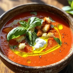 - 2 pounds ripe tomatoes - 1 medium onion - 4 cloves garlic - 2 tablespoons olive oil The stars of this soup are ripe tomatoes, onion, and garlic. I love using juicy, red tomatoes. They give the soup a rich flavor. The onion adds sweetness, while the garlic gives depth. Olive oil helps to roast the veggies to perfection. - 1 teaspoon dried basil - 1 teaspoon dried oregano - Salt and pepper to taste Herbs bring the soup to life. Dried basil and oregano give it a classic taste. Salt and pepper are key for balance. You can adjust these to fit your own taste. - 2 cups vegetable broth - 1 tablespoon balsamic vinegar - Fresh basil leaves for garnish - Optional toppings like crème fraîche or yogurt Vegetable broth adds body and richness to the soup. Balsamic vinegar gives a hint of sweetness. For serving, fresh basil leaves add a pop of color and flavor. Crème fraîche or yogurt can make it creamy, but they are optional. You can find the Full Recipe in the article for more details. First, preheat your oven to 400°F (200°C). This step is key for roasting. While the oven heats up, prepare your tomatoes, onion, and garlic. You will need 2 pounds of ripe tomatoes, cut in half. Use 1 medium onion, quartered. Don’t forget 4 cloves of peeled garlic. This mix gives the soup great flavor. Next, arrange the halved tomatoes, quartered onion, and garlic on a baking sheet. Drizzle them with 2 tablespoons of olive oil. Sprinkle 1 teaspoon of dried basil, 1 teaspoon of dried oregano, and add salt and pepper to taste. Mix it all up a bit. Roast the vegetables for 30 to 35 minutes. Look for a nice caramelization on the tomatoes. They should be slightly charred. This adds depth to your soup. After roasting, take the baking sheet out of the oven. Let the veggies cool for a few minutes. Transfer them to a large pot. Pour in 2 cups of vegetable broth and add 1 tablespoon of balsamic vinegar. Now, blend the mixture until it’s smooth. You can use an immersion blender for this. If you don’t have one, blend in batches using a countertop blender. Heat the blended soup over medium heat for about 5 to 10 minutes. This time allows the flavors to mix well. Taste and adjust the seasoning if needed. Serve hot, and enjoy the rich flavors of your easy roasted tomato soup! For the full recipe, check the earlier section. Using fresh herbs can add a bright taste. They bring life to your soup. However, dried herbs work well too. They are easy to keep on hand. If you use fresh herbs, add them at the end. This keeps their flavor strong. Dried herbs should go in with the tomatoes. They need time to release their taste. Adjusting the seasoning is key. Taste your soup before serving. If it feels bland, add salt. A touch of acid can brighten the soup. You can use lemon juice or balsamic vinegar. Both will lift the flavors. To caramelize tomatoes, cut them in half. This allows the heat to reach the inside. Spread them evenly on the baking sheet. Give them space so they roast well. Overcrowding can lead to steaming instead. The key is to let them brown without burning. For the right texture, aim for a little char. You want the edges to crisp up. This adds depth to the soup. Keep an eye on the oven. Roasting for 30-35 minutes is usually perfect. Presentation matters. Serve the soup in rustic bowls to add charm. A drizzle of olive oil on top looks great. You can also add croutons for crunch. They make the soup more fun to eat. Pair your soup with fresh bread. A crusty loaf is perfect for dipping. You can also add a side salad for a nice balance. Fresh basil leaves on top add a pop of color too. {{image_2}} You can change the flavor and texture of your soup by swapping ingredients. - Using different types of tomatoes: Try using cherry or heirloom tomatoes. Each variety brings its own taste. Cherry tomatoes are sweet, while heirloom tomatoes have a rich flavor. - Adding vegetables like bell peppers or carrots: Chopped bell peppers add sweetness. Carrots bring a nice earthiness to the dish. Roast them with the tomatoes for a deeper flavor. If you want a dairy-free or vegan soup, there are easy swaps to make. - Suggested substitutes for crème fraîche: Instead of crème fraîche, use cashew cream or coconut yogurt. Both options add creaminess without dairy. - Ensuring the recipe remains plant-based: Use vegetable broth and skip any animal products. This keeps your soup tasty and plant-based. Enhance your soup with some extra flavor. - Adding spices like cumin or smoked paprika: A pinch of cumin adds warmth. Smoked paprika gives a lovely, smoky depth. - Infusing the soup with a hint of heat: If you like spice, add a dash of red pepper flakes. This will give your soup a nice kick without overpowering the flavors. Explore these variations to make your Easy Roasted Tomato Soup even more exciting. For the full recipe, check out the details above! To keep your soup fresh, store it in an airtight container. Before putting it in the fridge, let the soup cool down. This way, it stays tasty. Your roasted tomato soup will last about 3 to 5 days in the fridge. If you notice any change in color or smell, throw it away. Freezing is a great option if you want to save some soup for later. Pour the cooled soup into freezer-safe containers. Leave some space at the top for the soup to expand. You can freeze it for up to 3 months. When you are ready to eat, take the soup out and place it in the fridge overnight to thaw. When reheating, do it slowly to keep the flavors. You can use a stove or microwave. If using the stove, heat it on low, stirring often. This helps avoid separation. If you use a microwave, heat in short bursts, stirring in between. This keeps the texture nice and smooth. If the soup seems too thick, add a splash of broth or water to adjust it. Yes, you can use canned tomatoes. Choose whole or diced tomatoes in juice. Drain excess liquid to avoid a watery soup. Canned tomatoes are a great option when fresh ones aren’t available. They still give a nice flavor, but the soup may lack the roasted taste. To enhance flavor, add a bit of smoked paprika or additional herbs. Look for a few key signs. The tomatoes should be soft and slightly charred on the edges. You want them to look caramelized. This browning brings out their sweetness. The onions should also be tender and browned. If they are still firm, give them more time in the oven. Pair your soup with crusty bread or grilled cheese. Both add a nice crunch and texture. You can also serve it with a side salad for freshness. For a fancy touch, add croutons on top. They give a delightful crunch. For more ideas, check the Full Recipe for tips on great pairings! This blog post covered how to make easy roasted tomato soup. We looked at the main ingredients, like ripe tomatoes and garlic. I shared step-by-step instructions for prepping, roasting, and blending. You learned tips to enhance flavor and texture. We also explored variations for different tastes and storage methods to keep leftovers fresh. In conclusion, this soup is tasty and simple. Give it a try, and enjoy each bowl!