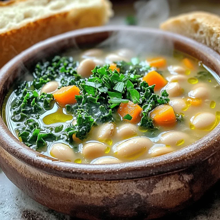 To make a warm bowl of Tuscan White Bean Soup, gather these ingredients: - 2 tablespoons olive oil - 1 medium onion, chopped - 3 cloves garlic, minced - 2 large carrots, diced - 2 celery stalks, diced - 1 can (15 oz) cannellini beans, drained and rinsed - 4 cups vegetable broth - 1 cup kale, chopped - 1 teaspoon dried rosemary - 1 teaspoon dried thyme - Salt and pepper to taste - 1 tablespoon lemon juice - Fresh parsley, for garnish Each item plays a role in making this soup flavorful and nourishing. Fresh vegetables boost taste, while cannellini beans add creaminess and protein. If you have dietary needs, here are some swaps you can try: - Use coconut oil instead of olive oil for a vegan option. - Substitute vegetable broth with chicken broth if you prefer meat flavors. - If you're gluten-free, ensure your broth is certified gluten-free. - Swap kale for spinach or Swiss chard for a different green. - For a heartier soup, add diced potatoes or zucchini. These changes keep the essence of the soup while catering to different diets. This soup not only tastes good, but it fuels your body too. Here’s a breakdown of basic nutrition per serving: - Calories: Approximately 250 - Total Fat: 6g - Saturated Fat: 1g - Protein: 10g - Carbohydrates: 40g - Fiber: 10g - Sugar: 3g Each bowl is packed with fiber, vitamins, and minerals. It’s a healthy choice that warms you from the inside out. Enjoy the full recipe to guide your cooking! 1. Start by gathering all your ingredients. This makes cooking easier. 2. In a large pot, heat 2 tablespoons of olive oil over medium heat. 3. Add 1 medium onion, chopped, and sauté for about 5 minutes until soft. 4. Next, stir in 3 minced garlic cloves. Cook for 1 minute until you smell the garlic. 5. Add 2 diced large carrots and 2 diced celery stalks. Cook for 5-7 minutes until soft. 6. Mix in 1 can of cannellini beans, drained and rinsed. 7. Pour in 4 cups of vegetable broth. Add 1 teaspoon of dried rosemary and 1 teaspoon of dried thyme. 8. Bring the soup to a gentle boil, then lower the heat. Let it simmer for 20 minutes. 9. After 20 minutes, add 1 cup of chopped kale. Simmer for another 10 minutes until tender. 10. Season with salt, pepper, and 1 tablespoon of lemon juice to taste. 11. For a creamier soup, blend a portion with an immersion blender or a regular blender. The total cooking time is about 45 minutes. The soup simmers on low heat to blend flavors. Keep an eye on it to avoid sticking. Just before serving, taste the soup and adjust the seasoning. Ladle the soup into warm bowls. Garnish with fresh parsley and a drizzle of olive oil. Serve with crusty bread for a warm, filling meal. You can find the full recipe above for all the details. Enjoy your cooking! To make your Tuscan white bean soup even better, focus on layers of flavor. Start with good olive oil. Use it to sauté the onion and garlic until they are fragrant. This step builds a strong base. - Use fresh herbs: Fresh rosemary and thyme will give a bright taste. Add them early to the pot. - Add lemon juice: A splash of lemon juice brightens the soup. It adds a nice zing. - Season well: Don’t skip the salt and pepper. Taste as you go, adjusting to your liking. When making this soup, avoid these common errors: - Rushing the sauté: Take your time with the onion and garlic. If they burn, the soup will taste bitter. - Not draining beans: Rinse the canned beans well. This helps remove excess sodium and improves the flavor. - Overcooking kale: Add kale in the last part of cooking. It should be tender but still vibrant. Serving your Tuscan white bean soup can be fun. Here are some great ideas: - Garnish: Sprinkle fresh parsley on top. A drizzle of olive oil adds richness. - Bread pairing: Serve with crusty bread. It’s great for dipping! - Side dishes: Try a simple salad or roasted vegetables. They balance the meal nicely. Serve your soup warm and enjoy the comforting flavors. For the complete recipe, check out the Full Recipe section. {{image_2}} You can switch out cannellini beans for other beans. Great options include great northern beans or navy beans. If you prefer a different texture, try black beans for a fun twist. You can also add more veggies. Zucchini, spinach, or even sweet potatoes work well. Each change will give you a new taste in your soup. Want to try a slow cooker? Just add all your ingredients to the pot. Set it on low for 6-8 hours or high for 3-4 hours. This method allows flavors to blend nicely. An Instant Pot is a quick alternative. Sauté the veggies first, then add other ingredients. Cook on high pressure for about 15 minutes. Both methods yield a tasty soup with little fuss. To enhance the soup's flavor, consider adding spices. A pinch of red pepper flakes brings heat. You can also stir in smoked paprika for a warm, smoky taste. Fresh herbs like basil or thyme add brightness. A splash of balsamic vinegar can also deepen the flavor. Experiment with these options to find your favorite twist on this classic dish. To store your Tuscan White Bean Soup, let it cool first. Pour the soup into a container with a lid. Make sure to leave some space at the top for expansion. You can store the soup in the fridge for up to five days. For longer storage, freeze it in portions. Use freezer-safe bags or containers. Remember to label them with the date. This way, you know when to use them. Reheat the soup slowly on the stove for the best taste. Use a pot over low heat. Stir it often to avoid burning. If the soup seems thick, add a splash of water or broth. You can also reheat it in the microwave. Place it in a microwave-safe bowl, cover it loosely, and heat in short bursts. Stir between each round to ensure even heating. When stored properly, Tuscan White Bean Soup lasts well. In the fridge, it stays fresh for about five days. In the freezer, it can keep for three months. However, for the best taste, try to eat it within one month. Over time, the flavor may fade. Enjoy your soup while it’s at its best! If you want the full recipe for this hearty dish, check the Full Recipe section. Yes, you can freeze Tuscan White Bean Soup. First, cool the soup completely. Then, pour it into an airtight container or freezer bag. Make sure to leave some space at the top for expansion. Label the container with the date. This soup can stay fresh in the freezer for up to three months. When you're ready to eat, thaw it overnight in the fridge. Heat it gently on the stove, stirring often to keep it smooth. To make the soup creamier, you have a few options. You can use an immersion blender to blend part of the soup right in the pot. This will give it a smooth texture. Alternatively, blend one cup of the soup in a regular blender, then return it to the pot. Another idea is to stir in a splash of heavy cream or coconut milk before serving. This adds richness and a velvety feel. You can pair the soup with many tasty sides. Fresh crusty bread is a classic choice. It’s perfect for dipping. A simple green salad with a light vinaigrette also works well. You might add some roasted vegetables or a cheese platter for variety. For a hearty meal, serve it with a side of grilled cheese sandwiches. Each option will complement the soup's flavors nicely. For the full recipe, check out the detailed guide above. Tuscan White Bean Soup is a simple and tasty dish. We covered ingredients, cooking steps, tips, and variations. You can swap ingredients for dietary needs and use methods like slow cooking or an Instant Pot. Remember, the right storage keeps your soup fresh, while reheating is easy if done right. This soup is perfect for any meal. Make it your own by trying different flavors or serving options. Enjoy crafting this delicious soup, and remember, it's all about your taste!