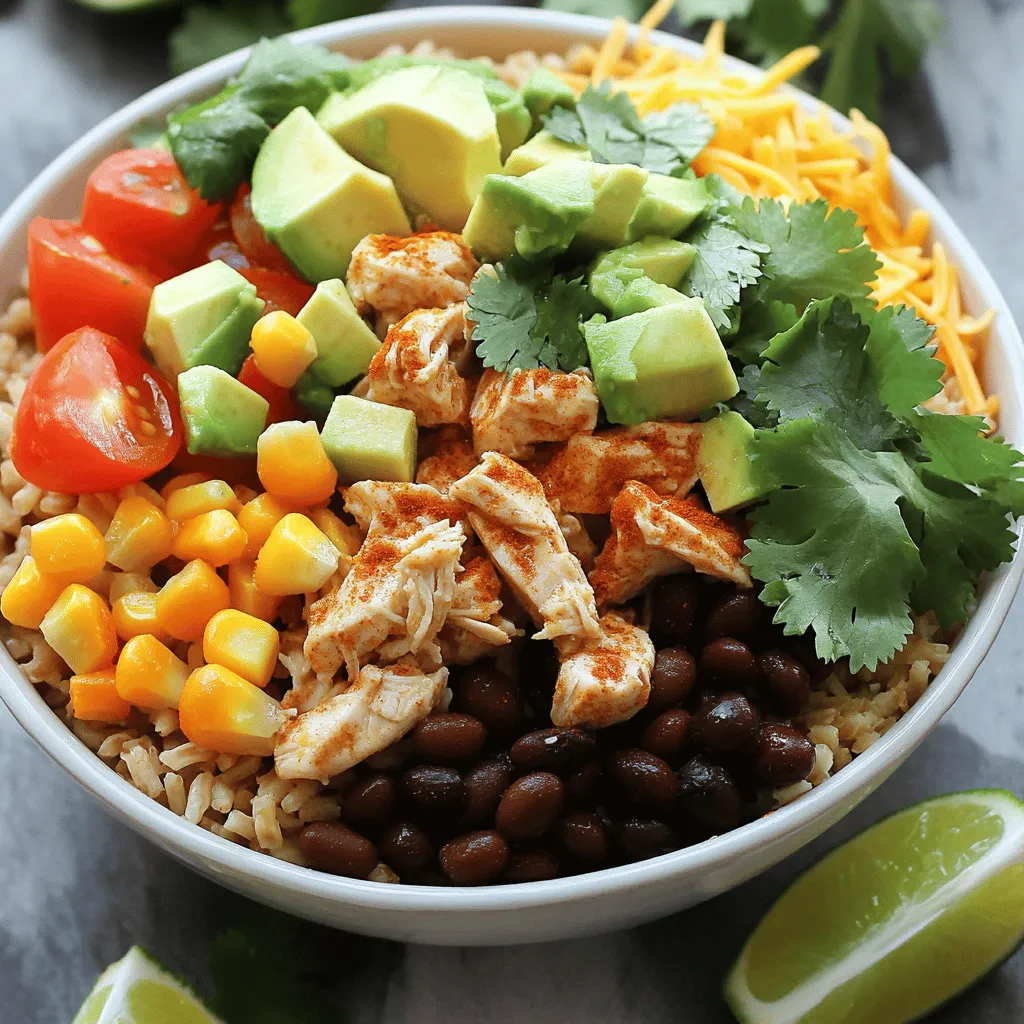 - 2 cups cooked brown rice - 1 pound boneless, skinless chicken breasts, diced - 1 can (15 oz) black beans, rinsed and drained - 1 cup corn kernels (frozen or fresh) - 1 cup diced tomatoes (fresh or canned) - 1 avocado, diced - 1 cup shredded cheese (cheddar or Mexican blend) - Fresh cilantro, lime wedges, and seasonings To make these chicken burrito bowls, you need simple, fresh ingredients. Start with cooked brown rice as your base. Brown rice adds a nice nutty flavor and is healthier than white rice. Then, use boneless, skinless chicken breasts. These cook quickly and stay moist when seasoned well. Black beans give a creamy texture and add protein. Rinsing them removes excess sodium. Corn adds sweetness, while diced tomatoes bring brightness. Don't forget the avocado! It adds creaminess and healthy fats. Shredded cheese on top makes it even better. - Sour cream or Greek yogurt - Salsa or pico de gallo - Jalapeños for extra heat You can customize your burrito bowls with optional toppings. Sour cream or Greek yogurt adds a cool touch. Salsa or pico de gallo can bring some zest and freshness. If you like spice, add jalapeños for extra heat! For the full recipe, check out the Zesty Chicken Burrito Bowls. Enjoy your cooking adventure! - First, heat 1 tablespoon of olive oil in a large skillet over medium heat. - Then, add 1 pound of diced chicken breasts. - Season the chicken with 1 teaspoon each of cumin, paprika, garlic powder, and 1/2 teaspoon of chili powder. - Sprinkle salt and pepper to taste. - Cook the chicken for about 5-7 minutes. Stir it often until the chicken is fully cooked and no longer pink. - In four serving bowls, layer 2 cups of cooked brown rice as the base. - Next, add equal portions of the cooked chicken to each bowl. - Then, add 1 can of rinsed black beans, 1 cup of corn, 1 cup of diced tomatoes, and 1 diced avocado on top of the chicken. - Now, sprinkle 1 cup of shredded cheese and 1/4 cup of fresh cilantro over each bowl. - Finish with a squeeze of fresh lime juice for added flavor. - For a great presentation, serve the bowls with bright colors and keep the ingredients separated. - Add lime wedges on the side for an extra zing. Try out this recipe for Easy Chicken Burrito Bowls to enjoy a fun and tasty meal! You can find the Full Recipe to guide you through the steps. To cook chicken well, use medium heat. This helps it cook evenly. I suggest cooking chicken for about 5-7 minutes. Make sure it reaches a safe temperature of 165°F. To avoid dry chicken, don’t overcook it. You can also marinate the chicken before cooking to keep it juicy. You can easily swap ingredients to fit your taste. For example, use quinoa instead of brown rice. If you like heat, add jalapeños or a sprinkle of cayenne pepper. You can also mix in spices like oregano or coriander for a unique flavor. Experiment with different toppings like fresh salsa or Greek yogurt. Prepare your ingredients ahead of time. Chop veggies and cook the chicken in advance. Store each component separately to keep them fresh. You can mix them together when you are ready to eat. This makes weekday meals quick and easy. Plus, it helps you avoid waste! For the full recipe, check out the main article. {{image_2}} You can switch up the protein in your burrito bowls. Consider using beef, pork, or tofu. Each protein brings a unique taste. When you use beef or pork, cook it to a safe internal temperature of 145°F. For tofu, cook until golden brown, which takes about 7-10 minutes. Adjust cooking time based on the protein you choose. Ensure flavors blend well with your spices and toppings. Burrito bowls can fit many flavor styles. For a Mexican twist, stick with cumin, chili powder, and lime. For a southwest style, use smoked paprika and chipotle peppers. You can also mix in fresh herbs, like cilantro or parsley. Don’t forget to play with toppings! Adding salsa, guacamole, or jalapeños can change the whole dish. Try different seasonings to find your favorite mix. Making a meatless bowl is easy and tasty! Use black beans or lentils as your protein. You can also add roasted vegetables for more texture. For cheese lovers, look for dairy-free cheese options made from nuts or soy. This way, everyone can enjoy burrito bowls, no matter their diet. Don’t skip the lime juice; it adds a fresh touch. To keep your chicken burrito bowls fresh, store them in airtight containers. I prefer glass containers for easy reheating. Make sure to let the bowls cool down before sealing. This helps maintain their taste and texture. You can keep them in the fridge for up to three days. If you want to enjoy these bowls later, freezing is a great option. First, divide the ingredients into portions. Use freezer-safe containers or bags. Be sure to label them with the date. You can freeze the bowls for up to three months. To thaw, move a bowl to the fridge overnight. Reheat in the microwave until hot, about 2-3 minutes. Understanding how long ingredients last is key. Cooked chicken lasts about 3-4 days in the fridge. Cooked rice stays good for up to a week. Beans and corn can last in the pantry for years if dry. When fresh, tomatoes and avocados should be used within a few days. Signs of spoilage include off smells, discoloration, or mold. Always double-check before eating! For the full recipe, check the section above. Making Easy Chicken Burrito Bowls takes about 30 minutes. You spend 15 minutes prepping the ingredients. The cooking time is around 15 minutes. This quick recipe is perfect for busy nights. Yes, you can make these burrito bowls ahead. Cook the chicken and prepare the rice in advance. Store each ingredient in separate containers. This way, you can quickly assemble them when ready to eat. Burrito bowls go well with various sides. Consider serving tortilla chips with salsa. A simple side salad adds freshness. For drinks, cold lemonade or a light beer works great too. Enjoy your meal with these tasty pairings! Easy Chicken Burrito Bowls combine simple ingredients for a tasty meal. You learned how to cook chicken, layer ingredients, and customize your bowl. Tips for meal prep help you save time, while storage info keeps leftovers fresh. In the end, these bowls offer flexibility to suit your taste. Feel free to mix and match ingredients for unique flavors. Enjoy cooking this simple dish anytime!