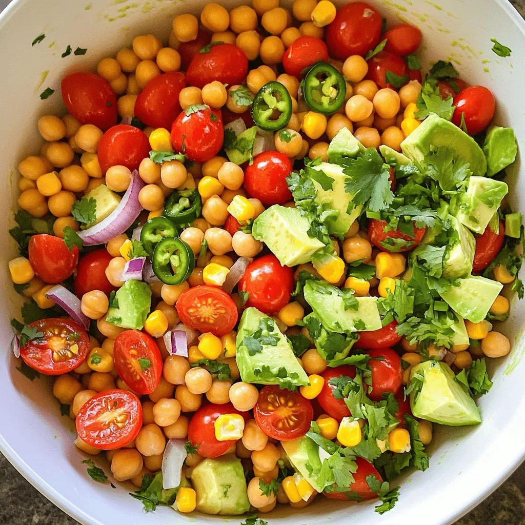 - 1 can (15 oz) chickpeas, rinsed and drained - 1 cup cherry tomatoes, halved - 1 cup corn (fresh, canned, or frozen) - 1 small red onion, finely diced - 1 avocado, diced - 1 bell pepper (red or yellow), diced - 1 jalapeño, finely chopped (optional for heat) - 1/4 cup fresh cilantro, chopped The main star of this salad is the chickpeas. They bring a hearty texture and protein. I love using canned chickpeas as they save time. Rinsing and draining them makes sure they are ready to go. Cherry tomatoes add a burst of sweetness. Halving them helps release their juices into the salad. Corn gives a nice crunch. You can use fresh, canned, or frozen corn based on your taste and what you have on hand. A small red onion adds a sharp flavor. Dice it finely so it blends well with the other ingredients. Avocado brings creaminess and healthy fats. Dicing it just right means every bite gets some smooth texture. The bell pepper adds color and sweetness. You can choose red or yellow for this dish. If you want a spicy kick, add jalapeño. Just chop it finely, and remove the seeds for less heat. Fresh cilantro ties everything together with a bright flavor. - 2 tablespoons lime juice - 2 tablespoons olive oil - 1 teaspoon chili powder - 1/2 teaspoon cumin - Salt and pepper to taste For the dressing, lime juice gives a fresh tang. It wakes up all the flavors. Olive oil adds richness and helps coat the salad. Chili powder and cumin bring warmth and depth. They are key to that Southwest flavor. Don’t forget to add salt and pepper to taste. This helps balance the flavors. You can find the full recipe in the section above. Enjoy making this colorful and tasty salad! - Rinse and drain the chickpeas. - Dice the vegetables. Start by rinsing your chickpeas. This helps remove any excess salt. Use a colander to drain them well. Next, grab your knife and cutting board. Dice your cherry tomatoes, red onion, bell pepper, and jalapeño. Chop the avocado last to keep it fresh. - Combine all ingredients in a large bowl. - Prepare the dressing. Now, take a large mixing bowl. Add the drained chickpeas, diced vegetables, and chopped cilantro. This mix is colorful and packed with flavor. Next, make the dressing. In a separate bowl, whisk together lime juice, olive oil, chili powder, cumin, salt, and pepper. This dressing adds zest and depth to your salad. - Toss the salad gently. - Let it sit for flavor melding. Drizzle the dressing over your salad mixture. Toss it gently so the avocado stays intact. This step ensures all the flavors mix well. Let the salad sit for about 10 minutes. This waiting time helps the flavors meld together beautifully. For the Full Recipe, check the main article. Enjoy your Southwest Chickpea Salad! Use fresh ingredients for the best flavor. Fresh produce gives a bright and crisp taste. Look for ripe avocados and bright colors in your vegetables. Adjust seasoning to suit your personal taste. Start with the basic recipe, then tweak it as you like. Add more lime juice for a tangy kick or extra chili powder for spice. Pair your salad with tortilla chips for a nice crunch. This adds texture and makes it fun to eat. You can serve the salad as a side dish with grilled meats or as a main course on its own. It’s filling and packed with flavor. For a twist, try it in a wrap with your favorite protein. Enjoy the versatility of this simple dish! {{image_2}} You can make fun swaps in this salad. If you want, try using black beans instead of chickpeas. They add a different flavor and texture. You can also add diced mango or pineapple for sweetness. This will give the salad a nice tropical twist. The fresh fruit pairs well with the spicy ingredients. If you prefer a creamier taste, try a yogurt-based dressing. It will add a rich texture to the salad. If you want to change the tanginess, use apple cider vinegar instead of lime juice. This swap adds a unique flavor that complements the other ingredients. To keep your Southwest Chickpea Salad fresh, store it in an airtight container. This will help prevent moisture loss and keep flavors intact. It tastes best when eaten within 2-3 days. After that, the veggies may lose their crispness, and the avocado could brown. Freezing this salad is not a good idea. The avocado does not freeze well. It turns mushy and changes texture, making the salad less enjoyable. Enjoy it fresh for the best taste and quality. For the full recipe, check out the details above! You can make this salad vegan by using a plant-based dressing. Simply swap any non-vegan ingredients for vegan options. For the dressing, use olive oil and lime juice. You can also add spices for more flavor. This way, you keep the taste while making it safe for all diets. Yes, you can prepare this salad ahead of time. Just remember to add the avocado right before serving. This helps prevent browning and keeps the salad looking fresh. You can mix all other ingredients and store them in the fridge. When ready, simply add the avocado and enjoy. This salad packs a punch of nutrition. It is high in protein and fiber, thanks to chickpeas. Avocado adds healthy fats, which are good for your heart. Eating this salad can help keep you full and satisfied. It's a great choice for anyone wanting a healthy meal. This chickpea salad is easy to make and full of flavor. You blend fresh veggies with a zesty dressing for a healthy dish. I shared tips on storage and some tasty variations to try. You can even customize the salad to fit your taste. Enjoy it right away or prep it in advance. Remember, keep the avocado for last to keep it fresh. Overall, this salad is a great way to eat well and feel good.