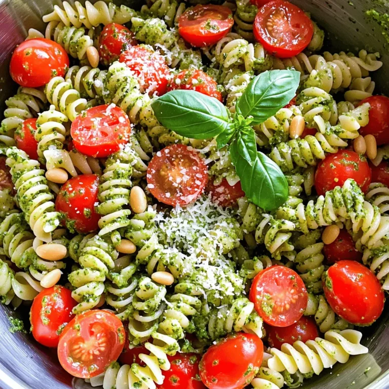 To make a tasty pesto pasta salad, gather these main ingredients: - 2 cups cherry tomatoes, halved - 1 cup cooked fusilli pasta (or any pasta of your choice) - 1 cup fresh basil leaves - 1/2 cup pine nuts, toasted - 1/2 cup grated Parmesan cheese - 1/4 cup extra-virgin olive oil - 2 tablespoons lemon juice - 1 garlic clove, minced - Salt and pepper to taste These ingredients combine to create a fresh, vibrant flavor that makes this salad a hit. You can make your salad more special with these optional garnishes: - Fresh mozzarella balls - Extra grated Parmesan cheese - Whole basil leaves Adding these garnishes gives your dish a beautiful look and extra flavor. For the best taste, choose high-quality ingredients: - Use ripe cherry tomatoes for sweetness. - Select fresh basil for a bright, fragrant flavor. - Opt for good-quality Parmesan cheese, as it adds richness. - Toast your pine nuts for added depth and crunch. These tips ensure your pesto pasta salad shines with every bite. If you want to see the full recipe, check out the Full Recipe section. Start by boiling water in a large pot. Add a pinch of salt to the water. Once it boils, add 1 cup of fusilli pasta. Cook it according to the package instructions. This usually takes about 8-10 minutes. You want the pasta to be al dente, meaning it should still have a slight bite. After cooking, drain the pasta and rinse it under cold water. This stops the cooking and cools it down. Set the pasta aside for later. Next, grab a food processor. Add 1 cup of fresh basil leaves, 1/2 cup of toasted pine nuts, and 1/2 cup of grated Parmesan cheese. Toss in 1 minced garlic clove. Squeeze in 2 tablespoons of lemon juice. Sprinkle in a pinch of salt and pepper. Now, blend these ingredients together. While the processor runs, slowly pour in 1/4 cup of extra-virgin olive oil. Blend until the mixture is smooth. Taste and adjust the seasoning as needed. This is your fresh pesto sauce. In a large mixing bowl, combine the cooled fusilli pasta and 2 cups of halved cherry tomatoes. Pour the pesto sauce over the pasta and tomatoes. Toss everything gently. Ensure that every piece of pasta is coated in the sauce. If you want extra creaminess, fold in fresh mozzarella balls at this point. Let the salad sit for about 15 minutes. This helps the flavors mix well. Serve the salad in a big bowl. Garnish with extra Parmesan and basil leaves for a pop of color. Enjoy it chilled or at room temperature. For the full recipe, check out the details above. To get the best flavor from your pesto, use fresh basil. The leaves should be bright green and fragrant. I like to toast the pine nuts for a richer taste. Toss them in a dry pan over medium heat until golden. Don’t skip the lemon juice. It brightens the flavor and balances the richness. Blend everything slowly to avoid over-mixing. This keeps the pesto vibrant and fresh. You can also add a pinch of red pepper flakes for a little heat. This pasta salad shines at room temperature. Let it sit for at least 15 minutes after mixing. This helps the flavors meld together. If you chill it, take it out a bit before serving. Cold pasta salad is nice, but serving it slightly warm enhances its taste. You want to enjoy all the flavors you worked hard to create. One mistake is using old basil. Always select fresh leaves. Another pitfall is not seasoning enough. Taste the pesto as you make it. Add salt and pepper gradually. Don’t rush the mixing process. If you over-blend, the pesto can turn brown and lose its fresh look. Lastly, avoid soggy pasta. Rinse the pasta with cold water right after cooking. This stops the cooking and helps keep the pasta firm. For more details, check the Full Recipe. {{image_2}} To make a vegetarian or vegan version, swap the cheese. Use nutritional yeast for a cheesy flavor. You can also add spinach or arugula to the salad. These greens bring a fresh taste to the dish. If you love nuts, try walnuts or cashews in place of pine nuts. They add a nice crunch and work well in pesto. For a gluten-free option, choose gluten-free pasta. Many brands offer great choices made from rice, corn, or legumes. You can also use spiralized veggies like zucchini or carrots. They add color and a crispy texture. The flavors of the pesto still shine through with these swaps. If you want to add protein, grilled chicken works great. Cut it into bite-sized pieces and mix it into the salad. For seafood lovers, shrimp is a fantastic option too. Cook the shrimp until pink and toss it in. You can also use chickpeas for a plant-based protein boost. Each of these options makes your salad filling and tasty. For the full recipe, check out the Pesto Pasta Salad Delight section. After enjoying your pesto pasta salad, storing it correctly is key. First, let the salad cool to room temperature. This helps prevent condensation in your storage container. Transfer the salad to a clean container. If you have extra pesto, drizzle a little on top to keep it fresh. Seal the container tightly to lock in flavors. For best results, use an airtight glass container. Glass keeps the salad fresh and won’t absorb odors. If you prefer plastic, choose BPA-free containers. Avoid using metal containers, as they can react with the ingredients. Always choose a size that fits your salad snugly to minimize air exposure. Properly stored, your pesto pasta salad lasts about 3-5 days in the fridge. Check for signs of spoilage, like off smells or color changes. If you want to save it longer, consider freezing. However, pasta can change texture when frozen and thawed. To freeze, place the salad in a freezer-safe container, leaving space for expansion. It can last up to a month in the freezer. When ready, thaw it in the fridge overnight. Give it a stir before serving to bring back its texture. For the full recipe, check the details above. To make pesto from scratch, gather fresh basil, pine nuts, Parmesan cheese, garlic, and olive oil. Start by washing the basil leaves and toasting the pine nuts in a pan. In a food processor, combine the basil, toasted pine nuts, grated Parmesan, and minced garlic. Pulse until finely chopped. Then, slowly add olive oil while blending until smooth. Taste and season with salt and pepper as needed. This fresh pesto will add a burst of flavor to your salad. Yes, you can use store-bought pesto for this salad. It saves time and still offers great taste. Just choose a high-quality brand without additives. Store-bought pesto can work well when you're short on time but still want a flavorful dish. Just mix it with the pasta and tomatoes, and you're good to go! Pesto pasta salad pairs well with many sides. Here are some easy options: - Garlic bread for a crunchy bite - Grilled vegetables for a smoky flavor - A simple green salad for freshness - Antipasto platter with olives and meats for variety - Fresh fruit salad for a sweet touch These sides complement the salad and make a complete meal. Enjoy experimenting with different pairings! You learned how to make a great pesto pasta salad. We covered key ingredients and step-by-step instructions. I shared tips to enhance flavor and avoid common mistakes. Variations let you customize it to your taste, and storage advice helps keep leftovers fresh. This dish is both fun and easy. I hope you enjoy making it and sharing it with others. Happy cooking!