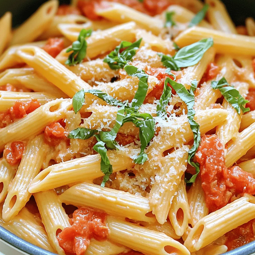 - 12 oz (340 g) pasta (penne or fusilli) - 2 tablespoons olive oil - 1 small onion, finely chopped - 3 garlic cloves, minced - 1 can (14 oz) crushed tomatoes - 3 cups vegetable broth - 1 cup heavy cream or coconut cream - 1 teaspoon dried oregano - 1 teaspoon sugar - Salt and pepper, to taste - 1 cup fresh basil leaves, chopped - ½ cup grated Parmesan cheese (optional) When I make One Pot Creamy Tomato Basil Pasta, I always start with the main ingredients. You need pasta, olive oil, and onion. The pasta can be penne or fusilli, whichever you like best. The olive oil adds richness, and the onion gives a nice base flavor. Next, I add the additional ingredients: garlic, crushed tomatoes, and vegetable broth. Garlic brings a lovely aroma. The crushed tomatoes add sweetness and depth, while the broth gives the dish its body. For the creamy components, I use heavy cream or coconut cream. This choice brings a smooth texture. I also add dried oregano and sugar. Oregano adds a warm, earthy note, and sugar balances the acidity of the tomatoes. Finally, don’t forget the seasoning and garnish. You need salt and pepper to taste. Fresh basil leaves give a burst of flavor. If you want, sprinkle some grated Parmesan cheese on top. This adds a salty finish to the dish. For the full recipe, check the details above. Enjoy creating this simple delight! Start by heating the olive oil in a large pot over medium heat. Once hot, add the finely chopped onion. Sauté the onion for about 3 to 4 minutes. You want it to soften and become slightly translucent. Next, add the minced garlic. Cook it for 1 minute until it gives off a nice, fragrant smell. This step builds a strong flavor base. Now, stir in the crushed tomatoes and vegetable broth. Mix in 1 teaspoon of dried oregano, 1 teaspoon of sugar, and season with salt and pepper. Bring this mixture to a gentle boil. Once boiling, add the pasta. Stir well to coat the pasta in the sauce. Cover the pot and let it cook for 10 to 12 minutes. Stir occasionally. The pasta should be al dente and most of the liquid absorbed. When the pasta is ready, reduce the heat to low. Stir in 1 cup of heavy cream or coconut cream. Mix until everything is well combined and creamy. Add the chopped basil and grated Parmesan cheese if you like. Taste the dish and adjust the seasonings as needed. Serve it hot, garnished with extra basil and cheese if desired. Enjoy your One Pot Creamy Tomato Basil Pasta! For the full recipe, check the ingredients list above. To get perfect al dente pasta, keep these tips in mind: - Use plenty of water and salt when boiling. - Stir the pasta often while it cooks. - Check the pasta a minute or two before the package time ends. If you find too much liquid left, don’t fret! Here’s how to fix it: - Turn up the heat to help it evaporate. - If needed, add a splash of cream to thicken it. To enhance the flavors in your dish, try these ideas: - Add a pinch of red pepper flakes for heat. - Use fresh herbs like thyme or parsley as options. - Consider adding a squeeze of lemon for brightness. When it comes to basil, choose wisely: - Sweet basil is a classic choice. - Thai basil gives an exciting twist to the flavor. Pair your creamy tomato basil pasta with these sides: - A light green salad with lemon dressing. - Garlic bread for a tasty crunch. For garnishes, consider these ideas to elevate your dish: - Extra basil leaves add color and flavor. - Grated cheese gives a nice touch and richness. For the full recipe, see [Full Recipe]. {{image_2}} You can make this dish dairy-free by using coconut cream instead of heavy cream. Coconut cream adds a rich, creamy texture without dairy. The taste will have a slight coconut hint, which pairs well with tomatoes and basil. You can also use vegan cheese alternatives, like nutritional yeast or cashew cheese. These options give a cheesy flavor without the dairy. Adding protein can make this meal more filling. Chicken, shrimp, or chickpeas work great. For chicken or shrimp, cook them first in the pot, then set aside. Add them back in when you mix in the cream. This keeps the flavor rich and balanced. For chickpeas, simply rinse and add them in with the pasta. This way, they soak up the sauce's flavors without changing the dish. You can easily add more veggies to this recipe. Spinach or bell peppers are excellent choices. Chop them small so they mix well with the pasta. Add spinach in the last few minutes of cooking. It wilts down nicely and adds color. For bell peppers, add them at the start with the onions. This way, they cook until tender and sweet. More veggies make the dish healthier and more colorful. To store leftovers, place One Pot Creamy Tomato Basil Pasta in an airtight container. Make sure it cools down first. This helps keep it fresh. You can keep it in the fridge for up to three days. After that, it may lose flavor and quality. When reheating, the best method is to use the stove. Heat it in a pot over low heat. Stir often to avoid sticking. If it looks dry, add a splash of vegetable broth or cream. This keeps the pasta moist and tasty. You can also use a microwave. Heat it in short bursts, stirring in between. To freeze One Pot Creamy Tomato Basil Pasta, let it cool fully. Then, place it in freezer-safe bags or containers. Remove as much air as possible. It can last up to three months in the freezer. When you're ready to eat, thaw it overnight in the fridge. Reheat it on the stove, adding a bit of liquid to keep it creamy. Enjoy your easy meal again! For more details, check the Full Recipe. To make this pasta, you need a few steps. Start by heating olive oil in a pot. Sauté chopped onion for about 3-4 minutes until soft. Then, add minced garlic and cook for 1 more minute. Next, stir in crushed tomatoes and vegetable broth. Bring this to a gentle boil. Add your pasta to the pot and stir well. Cover and cook for about 10-12 minutes. Stir occasionally until the pasta is al dente. Then reduce the heat and add heavy cream or coconut cream. Mix well until creamy. Finally, stir in chopped basil and cheese, if using. Taste and adjust the seasonings. Serve it hot and enjoy your meal! Yes, you can use many types of pasta. Penne and fusilli are great choices, but you can also try rotini or farfalle. Each shape has a different cooking time. For this recipe, most pasta shapes cook well in about 10-12 minutes. Just keep an eye on it to avoid overcooking. If you want to skip heavy cream, you have options. Coconut cream is a good choice for a dairy-free dish. It adds a nice flavor and creamy texture. You can also use cashew cream for a nutty taste. Another option is to blend silken tofu with a bit of water. This gives you a smooth and creamy base without the dairy. Using fresh tomatoes is possible and can add great flavor. If you choose fresh tomatoes, use about 4-5 medium-sized ones. First, blanch them in hot water for a minute to make peeling easy. Then, chop them and add them to the pot along with the broth. Just remember that fresh tomatoes may need a bit longer to cook down compared to crushed tomatoes. Make sure to adjust your cooking time as needed. This blog post breaks down making One Pot Creamy Tomato Basil Pasta. We covered the main and additional ingredients, the creamy components, and how to season and garnish your dish. I shared step-by-step instructions to ensure your pasta turns out perfect every time. You learned tips for texture and flavor, as well as variations to customize your meal. Remember, this dish is versatile, easy to make, and great for sharing. With a few simple ingredients, you can create a delicious meal that impresses everyone. Enjoy cooking!