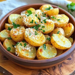 - Baby potatoes - Olive oil - Grated Parmesan cheese - Minced garlic - Dried oregano - Paprika - Salt and pepper - Fresh parsley for garnish If you want to switch things up, you can use other cheeses. Cheddar or Gouda work great. For oil, avocado oil or canola oil are good choices. Both give a nice flavor and help with crispiness. For this recipe, you will need a few key items: - Baking sheet - Parchment paper - Mixing bowls These tools make cooking easy and clean up simple. Using parchment paper helps the potatoes crisp up nicely. Plus, it saves you from scrubbing your baking sheet later. Check out the Full Recipe for more details on how to make these tasty crispy Parmesan potatoes! First, preheat your oven to 425°F (220°C). This temperature is key for crispy results. Next, prepare a baking sheet by lining it with parchment paper. This makes cleanup easy and helps the potatoes crisp up. In a large bowl, add your halved baby potatoes. Pour in the olive oil, minced garlic, dried oregano, paprika, salt, and pepper. Mix everything together until the potatoes are well coated. This step adds flavor to every bite. Now, sprinkle the grated Parmesan cheese over the potatoes. Toss again to ensure each piece is covered in cheesy goodness. Spread the Parmesan-coated potatoes in a single layer on the baking sheet. Make sure the cut sides are down; this helps them get crispy. Bake in the oven for 25 to 30 minutes. Keep an eye on them until they turn golden brown and crispy on the outside. After baking, let them sit for 5 minutes to get even crispier. Finally, garnish with freshly chopped parsley before serving. For the full recipe, check out the detailed instructions. To get those perfectly crispy edges, adjust your cooking time. Bake the potatoes for 25-30 minutes. If you want them even crunchier, try a convection setting. This method circulates hot air, making your potatoes crispier. You can add extra spices or herbs to boost flavor. Consider garlic powder, cayenne pepper, or thyme for a twist. Marinating the potatoes before baking can deepen the taste. Just toss them in olive oil and spices and let them sit for 30 minutes. Serving styles can make your dish stand out. Try placing the crispy Parmesan potatoes in a rustic bowl. This adds a homey touch. Garnish with more Parmesan and fresh parsley to make it pop. A sprinkle of paprika can also add color and interest. For the full recipe, check out the link above! {{image_2}} You can spice up your crispy Parmesan potatoes easily. If you like heat, add chili flakes. This small change gives your dish a nice kick. You can also try herb-infused variations. Rosemary pairs well with the Parmesan and adds a fresh taste. Just mix in chopped rosemary when you combine the potatoes and seasonings. Feel free to swap out baby potatoes for other types. You can use red potatoes, Yukon gold, or even sweet potatoes. Each type offers a different flavor and texture. You can also incorporate vegetables for a colorful twist. Carrots, bell peppers, or zucchini work well. Just cut them into similar sizes as the potatoes for even cooking. If you need gluten-free options, you're in luck! This recipe is naturally gluten-free, thanks to the simple ingredients. For vegan alternatives, replace the Parmesan cheese. Nutritional yeast gives a cheesy flavor without dairy. You can also use a vegan cheese that melts well. To keep your Crispy Parmesan Potatoes fresh, store them in an airtight container. This helps prevent moisture from making them soggy. Let the potatoes cool down before sealing the container. You can keep them in the fridge for up to three days. If you want to enjoy them longer, consider freezing. To reheat and keep the crispiness, use the oven. Preheat it to 375°F (190°C). Spread the leftover potatoes on a baking sheet. Bake for about 10-15 minutes, or until they are hot. Check them to ensure they don’t burn. You can also use an air fryer for a quick reheat. Set it to 350°F (175°C) for about 5-7 minutes. Yes, you can freeze Crispy Parmesan Potatoes! First, let them cool completely. Then, spread them on a baking sheet in a single layer. Freeze until firm, then transfer them to a freezer bag. This method helps avoid clumping. To thaw, place them in the fridge overnight. Reheat them in the oven or air fryer, as mentioned above. Enjoy that crunch again! To make your Crispy Parmesan Potatoes extra crispy, adjust the cooking time. Bake them longer if needed. Use a convection oven if you have one. This helps circulate hot air and crisps them up. Don't overcrowd the baking sheet; give them space. This allows heat to reach all sides. You can also try parboiling the potatoes first. Boil them for about 5-7 minutes before baking. This helps create a fluffy inside and a crispy outside. Yes, you can prepare these potatoes ahead of time. You can cut and season them a few hours before baking. Store them in the fridge in an airtight container. If you want to make them even earlier, you can bake them halfway. Let them cool, then store. When ready, just bake them until crispy. This method saves time and gives you a tasty side dish. Crispy Parmesan Potatoes pair well with many dishes. They make a great side for grilled chicken or steak. You can also serve them with fish or roasted vegetables. A fresh salad on the side adds a nice balance. For a fun twist, serve them with a dipping sauce like garlic aioli or ranch dressing. These potatoes also shine at parties as a snack. To avoid mushy potatoes, choose the right type. I recommend using waxy potatoes like baby potatoes or Yukon Gold. These types hold their shape better. Avoid starchy potatoes like Russets, as they can turn mushy. When cooking, make sure to cut the potatoes evenly. This ensures they cook at the same rate. Also, don’t skip the preheating step. A hot oven helps seal the outside quickly, keeping the inside fluffy. This blog post walked you through making Crispy Parmesan Potatoes. We covered ingredients, their substitutes, and essential cooking gear. The step-by-step guide helped with preparation, mixing, and baking for perfect crispiness. We also shared valuable tips for flavor, presentation, and storage. In summary, these potatoes are easy to make and rewarding. Experiment with flavors to find your favorite. Enjoy these tasty bites on your table!