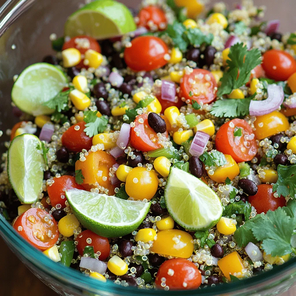 - Quinoa and Liquid Requirements - 1 cup quinoa, rinsed - 2 cups water or vegetable broth - Fresh Vegetables - 1 cup cherry tomatoes, halved - 1 can (15 oz) black beans, rinsed and drained - 1 bell pepper (any color), diced - 1 small red onion, finely chopped - 1 cup corn (frozen or canned) - 1/2 cup fresh cilantro, chopped - Dressing Components - 1/4 cup lime juice (about 2-3 limes) - 2 tablespoons olive oil - 1 teaspoon cumin - Salt and pepper to taste When I make this salad, I always start with high-quality ingredients. The quinoa is the base. I rinse it well to remove any bitterness. This ensures a light and fluffy texture. You can use water or vegetable broth for extra flavor. Next, the fresh vegetables add color and crunch. Cherry tomatoes bring sweetness. Black beans add protein and fiber. Bell peppers give a nice crunch, while red onion adds a sharp bite. Corn rounds it all out with a bit of sweetness. Fresh cilantro is key for that vibrant flavor. For the dressing, I mix lime juice, olive oil, and cumin. This blend makes the salad bright and zesty. I always taste it and adjust with salt and pepper. The dressing ties everything together beautifully. For the full recipe, refer to the cooking instructions. Enjoy crafting this delightful dish! Proper Rinsing Techniques Rinsing quinoa is key. It removes a bitter coating called saponin. Place quinoa in a fine-mesh strainer. Rinse it under cool water for about 2 minutes. Swirl it around to ensure all grains get rinsed well. Cooking Time and Fluffing Details To cook quinoa, combine 1 cup of rinsed quinoa with 2 cups of water or vegetable broth in a medium saucepan. Bring it to a boil. Then, reduce the heat and cover. Let it simmer for about 15 minutes. Once the liquid is gone, remove the pot from heat. Let it sit covered for 5 minutes. Fluff the quinoa gently with a fork to separate the grains. Chopping Techniques for Freshness Chop your vegetables with care. Freshness matters. Use a sharp knife for clean cuts. Cut the cherry tomatoes in half for a sweet burst. Dice the bell pepper and chop the red onion finely. Aim for even sizes so they mix well. Flavor Combinations Mixing fresh veggies adds great flavor. Combine cherry tomatoes, black beans, diced bell pepper, finely chopped red onion, and corn. Each ingredient adds its special taste. This blend makes every bite exciting. Combining Ingredients for Best Flavor For the dressing, use a small bowl. Whisk together 1/4 cup of fresh lime juice, 2 tablespoons of olive oil, and 1 teaspoon of cumin. Add salt and pepper to taste. This dressing ties all the flavors together. It brings brightness to the salad. For the full recipe, check the details above and enjoy making this dish! Adjusting Seasonings Taste your salad before serving. If it needs more punch, add salt or lime juice. Each ingredient shines best when balanced. Cilantro brings a fresh note, while lime adds zest. Don't be shy to tweak until you find your favorite flavor blend. Enhancing Flavor Profiles Consider adding a pinch of cayenne for heat or honey for sweetness. You can also mix in avocado for creaminess. Each new layer of flavor makes your salad more exciting. A dash of smoked paprika can add depth. Always remember, flavor is key to a great salad. Alternative Veggies to Use If you're missing an ingredient, be creative! Replace black beans with chickpeas or kidney beans. Swap cherry tomatoes for diced cucumbers or radishes. You can even use spinach or kale for a leafy twist. The goal is to enjoy this fresh and colorful dish. Adding Protein Options Want to make it heartier? Add grilled chicken or shrimp. For a vegetarian option, toss in tofu or nuts. These protein choices boost flavor and nutrition. You can also include feta cheese for a salty kick. Customize your salad to fit your needs and taste. For a complete recipe, check out the [Full Recipe]. {{image_2}} You can easily change the flavors of your cilantro lime quinoa salad. For a Southwest-inspired twist, add some avocado, jalapeños, or diced mango. These ingredients bring a fresh, zesty taste. You could also sprinkle some queso fresco on top for creaminess. If you prefer a Mediterranean flair, swap out the corn for chopped cucumbers and olives. Feta cheese adds a salty bite that really lifts the dish. Toss in some artichoke hearts for a unique touch. This variation keeps the salad light and crisp. You can adapt this salad to match the seasons. In summer, use ripe tomatoes, fresh corn, and bell peppers. These veggies are bright and juicy, perfect for hot weather. You might also want to add some fresh basil or mint for a refreshing hint. In winter, think about using roasted vegetables. Butternut squash or Brussels sprouts can add warmth. They create a heartier dish, great for colder days. You can also toss in some dried cranberries for sweetness. Seasonal changes keep your salad exciting and fun! To keep your cilantro lime quinoa salad fresh, follow these tips: - Refrigeration: Place leftovers in an airtight container. Store in the fridge. This helps lock in flavors and moisture. Eat within 3 to 5 days for the best taste. - Freezing Options: You can freeze this salad, but it may change texture. Use a freezer-safe container. Make sure to leave some space for expansion. Thaw in the fridge before eating. Consume within 1 to 2 months for the best quality. - How Long it Lasts in the Fridge: The salad stays fresh for 3 to 5 days in the fridge. If you notice changes in smell or color, it’s best to discard it. - Signs of Spoilage: Look for a slimy texture or off smell. These are signs the salad has gone bad. If the veggies look wilted, it's time to toss it. Always trust your senses when judging freshness. Can I make this salad ahead of time? Yes, you can make this salad ahead of time. It stores well in the fridge. I suggest making it a few hours before serving. This gives the flavors time to mix and deepen. Just keep it in an airtight container. Can I use different grains instead of quinoa? Absolutely! You can use grains like brown rice, farro, or barley. Each grain brings its own taste and texture. Just adjust the cooking times based on your chosen grain. Is this salad gluten-free? Yes, this salad is gluten-free. Quinoa is a great choice for those avoiding gluten. It’s a complete protein, which means it has all nine essential amino acids. What are the health benefits of the ingredients in this salad? This salad is packed with health benefits. Quinoa is high in protein and fiber. Black beans provide more protein and are rich in iron. Bell peppers and tomatoes are full of vitamins A and C. Cilantro adds a fresh flavor and has antioxidants. Lime juice boosts your immune system too! You can find the full recipe [here](Full Recipe). This blog post covered how to make a delicious cilantro lime quinoa salad. We discussed key ingredients, step-by-step cooking, and tips for flavor. You can personalize the salad with different veggies and dressings. I shared storage tips to keep leftovers fresh. Enjoy experimenting with this dish, and let the flavors inspire you. Healthy eating can be fun and easy. Your taste buds and body will thank you!