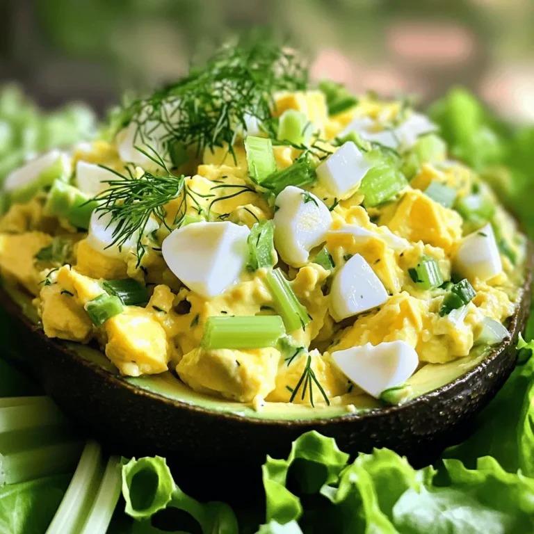 To make this tasty avocado egg salad, you need: - 4 hard-boiled eggs, peeled and chopped - 1 ripe avocado, mashed - 2 tablespoons Greek yogurt (or mayonnaise) - 1 tablespoon Dijon mustard - 1 tablespoon fresh lemon juice - 2 green onions, chopped - 1/4 cup celery, finely diced - Salt and pepper to taste - Fresh dill or parsley for garnish (optional) You can switch some ingredients to make this salad your own. Use silken tofu instead of Greek yogurt for a vegan option. Swap Dijon mustard with yellow mustard if you like a milder taste. If you don’t have green onions, regular onions work well too. You can replace celery with diced pickles for an added crunch. The lemon juice can be traded for lime juice for a zesty twist. Choosing ripe avocados is key. Look for avocados that yield slightly when you press them. They should be dark green or black. For eggs, buy organic or free-range if you can. They taste better and are healthier. Fresh eggs have a firm white and a bright yolk. Check the sell-by date on the carton to ensure freshness. A little care in selecting these ingredients makes your salad even more delicious! To make this avocado egg salad, start with the eggs. Place the eggs in a pot of cold water. Make sure the eggs are covered by at least an inch of water. Turn on the heat and bring the water to a boil. Once it boils, cover the pot and turn off the heat. Let the eggs sit in the hot water for 12 minutes. This method makes perfect hard-boiled eggs. When the time is up, carefully transfer the eggs to a bowl of ice water. This cools them down quickly and makes peeling easy. After they cool, peel and chop the eggs into small pieces. Now, let’s move on to the avocado. Take one ripe avocado and cut it in half. Remove the pit and scoop out the flesh into a mixing bowl. Mash the avocado with a fork until it’s smooth. Then, add 2 tablespoons of Greek yogurt or mayonnaise, 1 tablespoon of Dijon mustard, and 1 tablespoon of fresh lemon juice. Mix these ingredients well until they blend into a creamy texture. Next, add the chopped hard-boiled eggs, 2 green onions (chopped), and 1/4 cup of finely diced celery to the bowl. Gently fold the mixture together. Your goal is to coat the eggs without breaking them too much. Once everything is mixed, it's time to season. Add salt and pepper to taste, adjusting the spices to your liking. If you enjoy fresh herbs, now is a great time to fold in some chopped dill or parsley. This adds a nice aroma and flavor. When the salad is ready, serve it on a bed of lettuce, whole grain bread, or use it as a filling for wraps. Enjoy this tasty and nutritious delight! For the full recipe, check out the recipe section above. To get a smooth avocado mash, start with a ripe avocado. Press it gently; if it gives a little, it’s ready. Cut it in half and remove the pit. Scoop the flesh into a bowl. Use a fork or a potato masher for mashing. Mash until it’s creamy but still has some small chunks. This adds great texture to your salad. You can boost the taste of your salad by adding a few simple ingredients. Fresh lemon juice brightens the flavors. Dijon mustard adds a nice zing. For crunch, try diced celery or even bell peppers. Fresh herbs like dill or parsley offer a fragrant touch. Don’t forget to season with salt and pepper for balance. Each of these will make your avocado egg salad even more delicious. One common mistake is mashing the avocado too much. You want some pieces for texture, not a paste. Another mistake is forgetting to season. Always taste and adjust your salt and pepper. Also, avoid overcooking the eggs. Hard-boiled eggs should be cooked just right to prevent a green ring. Following these tips ensures your avocado egg salad is tasty and fresh. For the full recipe, check out the Avocado Egg Salad Delight. {{image_2}} You can change your avocado egg salad with fun add-ins. Fresh herbs like dill, parsley, or cilantro add great taste. You can also try spices like paprika or garlic powder. Adding chopped bell peppers or diced pickles gives a nice crunch. Each of these choices brings new flavors to your dish. For dressings, you can use Greek yogurt or mayonnaise. Greek yogurt makes the salad lighter and adds protein. It also gives a nice tangy taste. Mayonnaise, on the other hand, offers a creamy texture. You can even mix both for a balanced flavor. Play with the amounts to find what you love best. You can make avocado egg salad fit your diet. For a vegan version, skip the eggs and use chickpeas. Mash them and mix with avocado and your favorite herbs. For a low-carb option, keep the eggs but swap yogurt for avocado. This keeps it rich without extra carbs. There are many ways to enjoy this dish while meeting your diet needs. To keep your avocado egg salad fresh, store it in an airtight container. This helps to prevent air from getting in and keeps the salad from drying out. Use a glass or plastic container with a tight lid. If you have a lot of salad left, divide it into smaller portions. This way, you only open what you need. The shelf life of your avocado egg salad is about 2 to 3 days in the fridge. Make sure to eat it within this time frame for the best taste and safety. If you notice any off smells or changes in texture, it’s best to toss it out. Always trust your senses when it comes to food safety. To keep your avocado egg salad fresh, add lemon juice to the mixture. The acid in lemon juice slows down browning. You can also store the salad without the avocado and mix it in right before serving. This way, the avocado stays fresh longer. Another trick is to press plastic wrap directly onto the salad's surface before sealing the container. This minimizes air contact and helps keep it fresh. Yes, you can make avocado egg salad ahead of time. It stays good for one day in the fridge. However, fresh is best. If you make it early, add lemon juice to help keep it bright. Store it in an airtight container. Avocados are packed with good fats, vitamins, and minerals. They help your heart and skin. Eggs are full of protein, which builds muscles. They also contain vitamins like B12 and D. Together, they boost energy and support health. This salad is tasty and good for you! To stop the avocado from browning, use lemon juice. The acid slows down the browning process. You can also cover the avocado tightly with plastic wrap. Press it down to remove air. This keeps the color fresh longer. Enjoy your avocado egg salad bright and green! In this blog post, I covered the ingredients, steps, and tips for making avocado egg salad. I provided ingredient substitutes and shared how to select great avocados and eggs. You learned step-by-step instructions for preparation and assembling the salad. We explored variations and storage tips to keep your salad fresh. Remember, with these insights, you can create a delicious dish that pleases everyone. Keep experimenting, and enjoy your cooking journey!