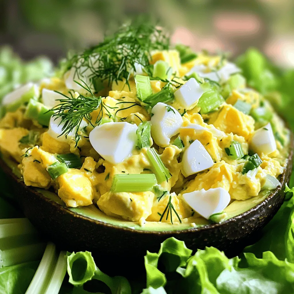 To make this tasty avocado egg salad, you need: - 4 hard-boiled eggs, peeled and chopped - 1 ripe avocado, mashed - 2 tablespoons Greek yogurt (or mayonnaise) - 1 tablespoon Dijon mustard - 1 tablespoon fresh lemon juice - 2 green onions, chopped - 1/4 cup celery, finely diced - Salt and pepper to taste - Fresh dill or parsley for garnish (optional) You can switch some ingredients to make this salad your own. Use silken tofu instead of Greek yogurt for a vegan option. Swap Dijon mustard with yellow mustard if you like a milder taste. If you don’t have green onions, regular onions work well too. You can replace celery with diced pickles for an added crunch. The lemon juice can be traded for lime juice for a zesty twist. Choosing ripe avocados is key. Look for avocados that yield slightly when you press them. They should be dark green or black. For eggs, buy organic or free-range if you can. They taste better and are healthier. Fresh eggs have a firm white and a bright yolk. Check the sell-by date on the carton to ensure freshness. A little care in selecting these ingredients makes your salad even more delicious! To make this avocado egg salad, start with the eggs. Place the eggs in a pot of cold water. Make sure the eggs are covered by at least an inch of water. Turn on the heat and bring the water to a boil. Once it boils, cover the pot and turn off the heat. Let the eggs sit in the hot water for 12 minutes. This method makes perfect hard-boiled eggs. When the time is up, carefully transfer the eggs to a bowl of ice water. This cools them down quickly and makes peeling easy. After they cool, peel and chop the eggs into small pieces. Now, let’s move on to the avocado. Take one ripe avocado and cut it in half. Remove the pit and scoop out the flesh into a mixing bowl. Mash the avocado with a fork until it’s smooth. Then, add 2 tablespoons of Greek yogurt or mayonnaise, 1 tablespoon of Dijon mustard, and 1 tablespoon of fresh lemon juice. Mix these ingredients well until they blend into a creamy texture. Next, add the chopped hard-boiled eggs, 2 green onions (chopped), and 1/4 cup of finely diced celery to the bowl. Gently fold the mixture together. Your goal is to coat the eggs without breaking them too much. Once everything is mixed, it's time to season. Add salt and pepper to taste, adjusting the spices to your liking. If you enjoy fresh herbs, now is a great time to fold in some chopped dill or parsley. This adds a nice aroma and flavor. When the salad is ready, serve it on a bed of lettuce, whole grain bread, or use it as a filling for wraps. Enjoy this tasty and nutritious delight! For the full recipe, check out the recipe section above. To get a smooth avocado mash, start with a ripe avocado. Press it gently; if it gives a little, it’s ready. Cut it in half and remove the pit. Scoop the flesh into a bowl. Use a fork or a potato masher for mashing. Mash until it’s creamy but still has some small chunks. This adds great texture to your salad. You can boost the taste of your salad by adding a few simple ingredients. Fresh lemon juice brightens the flavors. Dijon mustard adds a nice zing. For crunch, try diced celery or even bell peppers. Fresh herbs like dill or parsley offer a fragrant touch. Don’t forget to season with salt and pepper for balance. Each of these will make your avocado egg salad even more delicious. One common mistake is mashing the avocado too much. You want some pieces for texture, not a paste. Another mistake is forgetting to season. Always taste and adjust your salt and pepper. Also, avoid overcooking the eggs. Hard-boiled eggs should be cooked just right to prevent a green ring. Following these tips ensures your avocado egg salad is tasty and fresh. For the full recipe, check out the Avocado Egg Salad Delight. {{image_2}} You can change your avocado egg salad with fun add-ins. Fresh herbs like dill, parsley, or cilantro add great taste. You can also try spices like paprika or garlic powder. Adding chopped bell peppers or diced pickles gives a nice crunch. Each of these choices brings new flavors to your dish. For dressings, you can use Greek yogurt or mayonnaise. Greek yogurt makes the salad lighter and adds protein. It also gives a nice tangy taste. Mayonnaise, on the other hand, offers a creamy texture. You can even mix both for a balanced flavor. Play with the amounts to find what you love best. You can make avocado egg salad fit your diet. For a vegan version, skip the eggs and use chickpeas. Mash them and mix with avocado and your favorite herbs. For a low-carb option, keep the eggs but swap yogurt for avocado. This keeps it rich without extra carbs. There are many ways to enjoy this dish while meeting your diet needs. To keep your avocado egg salad fresh, store it in an airtight container. This helps to prevent air from getting in and keeps the salad from drying out. Use a glass or plastic container with a tight lid. If you have a lot of salad left, divide it into smaller portions. This way, you only open what you need. The shelf life of your avocado egg salad is about 2 to 3 days in the fridge. Make sure to eat it within this time frame for the best taste and safety. If you notice any off smells or changes in texture, it’s best to toss it out. Always trust your senses when it comes to food safety. To keep your avocado egg salad fresh, add lemon juice to the mixture. The acid in lemon juice slows down browning. You can also store the salad without the avocado and mix it in right before serving. This way, the avocado stays fresh longer. Another trick is to press plastic wrap directly onto the salad's surface before sealing the container. This minimizes air contact and helps keep it fresh. Yes, you can make avocado egg salad ahead of time. It stays good for one day in the fridge. However, fresh is best. If you make it early, add lemon juice to help keep it bright. Store it in an airtight container. Avocados are packed with good fats, vitamins, and minerals. They help your heart and skin. Eggs are full of protein, which builds muscles. They also contain vitamins like B12 and D. Together, they boost energy and support health. This salad is tasty and good for you! To stop the avocado from browning, use lemon juice. The acid slows down the browning process. You can also cover the avocado tightly with plastic wrap. Press it down to remove air. This keeps the color fresh longer. Enjoy your avocado egg salad bright and green! In this blog post, I covered the ingredients, steps, and tips for making avocado egg salad. I provided ingredient substitutes and shared how to select great avocados and eggs. You learned step-by-step instructions for preparation and assembling the salad. We explored variations and storage tips to keep your salad fresh. Remember, with these insights, you can create a delicious dish that pleases everyone. Keep experimenting, and enjoy your cooking journey!