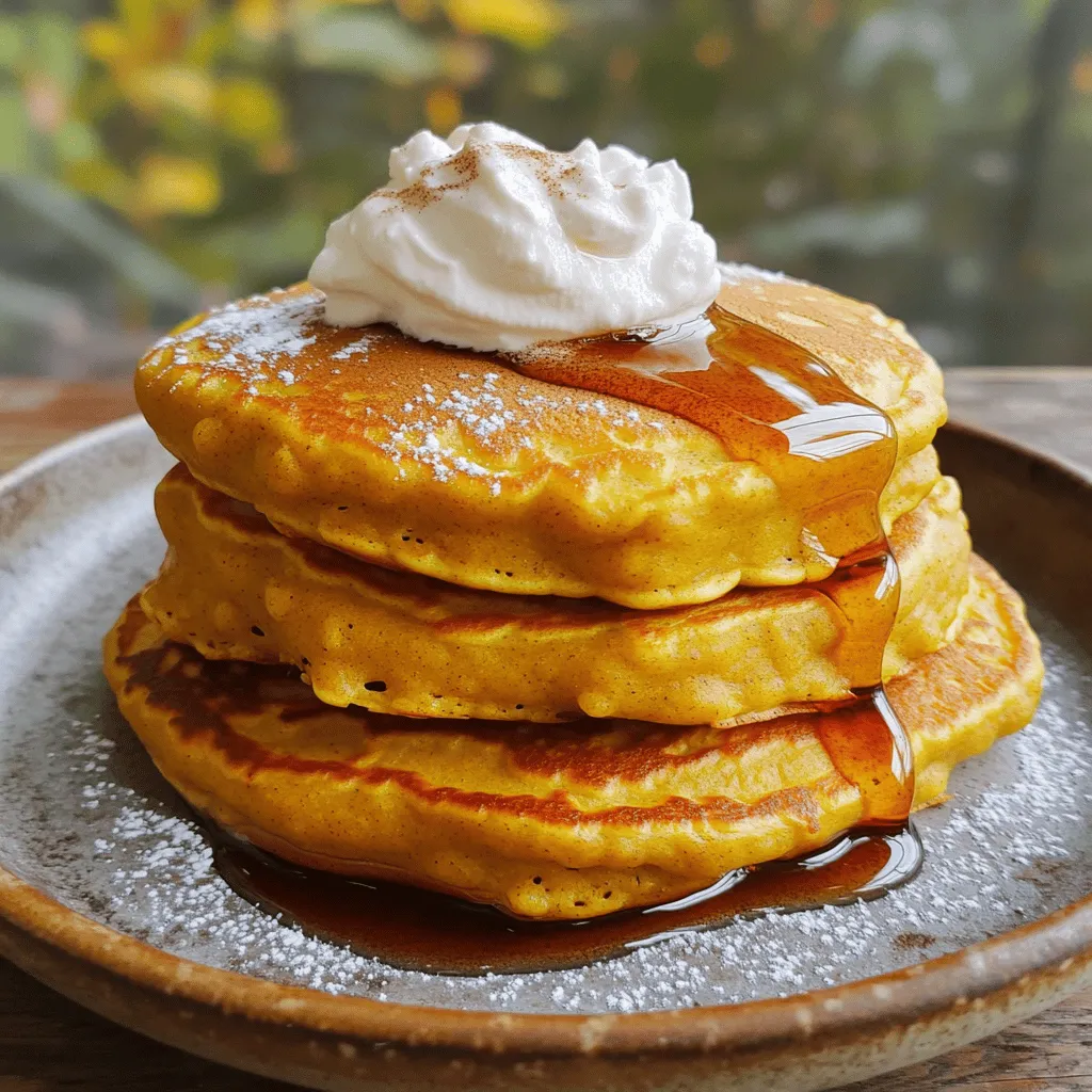 To make pumpkin cream cheese pancakes, gather these ingredients: - 1 cup all-purpose flour - 1 tablespoon baking powder - 1/2 teaspoon baking soda - 1/2 teaspoon cinnamon - 1/4 teaspoon nutmeg - 1/4 teaspoon ginger - 1/4 teaspoon salt - 1 cup milk - 1/2 cup canned pumpkin puree - 1 large egg - 2 tablespoons sugar - 1 teaspoon vanilla extract - 4 ounces cream cheese, softened - 2 tablespoons maple syrup (plus more for serving) - Butter or oil for cooking These simple ingredients blend together to create a warm and comforting dish. The pumpkin puree adds moisture and flavor. The cream cheese brings a rich, creamy note. The spices elevate the taste, making each bite a delight. You can adjust this recipe to fit your needs: - Gluten-free options: Use a gluten-free flour blend instead of all-purpose flour. - Dairy-free alternatives: Substitute almond milk for regular milk and use a dairy-free cream cheese. - Sweetener swaps: Replace sugar with maple syrup or honey for a natural sweetness. These substitutions ensure everyone can enjoy these pancakes. You can easily cater to various diets while still enjoying a delicious breakfast. To start, gather your ingredients. You will need: - 1 cup all-purpose flour - 1 tablespoon baking powder - 1/2 teaspoon baking soda - 1/2 teaspoon cinnamon - 1/4 teaspoon nutmeg - 1/4 teaspoon ginger - 1/4 teaspoon salt - 1 cup milk - 1/2 cup canned pumpkin puree - 1 large egg - 2 tablespoons sugar - 1 teaspoon vanilla extract - 4 ounces cream cheese, softened - 2 tablespoons maple syrup (plus more for serving) - Butter or oil for cooking First, mix the dry ingredients. In a large bowl, whisk together the flour, baking powder, baking soda, cinnamon, nutmeg, ginger, and salt. This step ensures even distribution of all flavors. Next, combine the wet ingredients. In another bowl, mix the milk, pumpkin puree, egg, sugar, vanilla extract, and softened cream cheese. Stir until the mix is smooth and creamy. This blend adds richness to the pancakes. Now, heat your skillet over medium heat. Add a small amount of butter or oil to coat the surface. Make sure it gets hot but not smoking. Once the skillet is ready, pour about 1/4 cup of pancake batter for each pancake. Cook until you see bubbles forming on the surface, which takes about 3-4 minutes. The edges should look set. When it's time to flip, use a spatula. Gently turn the pancake over and cook the other side for another 2-3 minutes, until golden brown. Adjust the heat if needed so they won't burn. Repeat this process until all the batter is used. Keep the pancakes warm on a plate while you finish cooking the rest. For a lovely presentation, stack your pancakes on a plate. Drizzle with maple syrup for great flavor. You can also add a dollop of whipped cream on top. A sprinkle of cinnamon adds a nice touch too. If you want to mix things up, try different maple syrup flavors. Maple syrup with vanilla or even a hint of orange can elevate your breakfast experience. To make the best pumpkin cream cheese pancakes, avoid over-mixing your batter. When you combine wet and dry ingredients, stir gently. A few lumps are fine. This keeps your pancakes light and fluffy. Ensuring the right skillet temperature is key. Heat your skillet over medium heat. If it's too hot, pancakes will burn. If it’s too cool, they will cook unevenly. A drop of water should sizzle and dance when the skillet is ready. You can enhance flavors in your pancakes. Adding chocolate chips or nuts gives a nice texture and taste. You might try walnuts or pecans for a crunchy twist. Don’t shy away from experimenting with spices. Adding a pinch of allspice or cloves can deepen the flavor. A bit of vanilla extract also enhances the sweet pumpkin taste. Pair your pancakes with tasty toppings. A drizzle of maple syrup is classic. You could also add fresh fruit, like sliced bananas or berries. Creamy yogurt is a great choice too. For a complete breakfast, serve with eggs or sausage. These sides balance the sweetness of the pancakes. They make your meal feel hearty and satisfying. {{image_2}} You can change up these pancakes with seasonal flavors. Try adding cranberries or apples for a fresh twist. Chopped apples add a nice crunch. Dried cranberries give a sweet and tangy taste. Both pair well with the pumpkin flavor. Another fun addition is using a pumpkin spice blend. This blend often includes cinnamon, nutmeg, and clove. It enhances the pumpkin taste and adds warmth to your dish. Just replace the cinnamon and nutmeg in the recipe with a teaspoon of the blend. If you want a vegan version, you can replace some ingredients. Use flaxseed meal mixed with water instead of the egg. Swap the milk for almond or oat milk. For cream cheese, look for a vegan alternative. These tweaks keep your pancakes tasty and plant-based. For a low-carb or keto option, use almond flour instead of all-purpose flour. You can also use sugar substitutes like erythritol or stevia. This way, you enjoy this treat while sticking to your diet plan. To make your pancakes even more exciting, add some citrus zest. A little lemon or orange zest can brighten the flavor. You can also try flavored syrups. Maple syrup is classic, but you might enjoy caramel or chocolate syrup too. Lastly, consider swapping in other fruit purees. Applesauce or mashed bananas can be fun replacements for pumpkin. Each option brings a new flavor and texture, making breakfast more fun. For more details, check out the Full Recipe. To keep your pumpkin cream cheese pancakes fresh, start by cooling them to room temperature. Then, stack pancakes with parchment paper between each one. This helps prevent sticking. Place the stack in an airtight container. You can also wrap individual pancakes in plastic wrap. Store them in the fridge for up to three days. You can reheat pancakes in the oven or microwave. For the oven, preheat it to 350°F (175°C). Place pancakes on a baking sheet and cover them with foil. Heat for 10 minutes. In the microwave, place pancakes on a microwave-safe plate. Heat for 20-30 seconds. To keep them fluffy, avoid overheating and check them often. To freeze pancakes, first cool them completely. Then, stack them with parchment paper in between. Wrap the stack in plastic wrap or foil. Place them in a freezer bag and remove as much air as possible. You can freeze pancakes for up to two months. When you're ready to eat, take them out and thaw overnight in the fridge or use the microwave. Enjoy your pancakes warm! For the full recipe, check out the details above. To make your pancakes fluffier, focus on a few key tips: - Use fresh baking powder: Check the expiration date and replace it if it's old. - Don't over-mix: Mix just until combined. Lumps are okay! - Separate the egg: Whip the egg white until stiff and fold it in gently. - Add an extra teaspoon of baking powder: This helps create more bubbles. - Let the batter rest: Allow it to sit for about 10 minutes before cooking. These tips give your pancakes that perfect airy texture. The air bubbles expand during cooking, making them light and fluffy. Yes, you can make the batter ahead of time! Here are some storage guidelines: - Refrigerate: Store the batter in an airtight container in the fridge for up to 24 hours. - Stir before cooking: Give it a gentle stir before pouring into the skillet, as it may thicken. - Use within a day: For best results, use the batter within a day to keep your pancakes fresh. Making the batter early can save time on busy mornings. These pancakes are delicious on their own, but you can enhance them with great toppings! Here are some ideas: - Maple syrup: A classic choice that pairs perfectly with pumpkin flavors. - Whipped cream: A dollop on top makes them extra special. - Chopped nuts: Walnuts or pecans add crunch. - Fresh fruit: Slices of banana or berries brighten up the plate. - Yogurt: A scoop adds creaminess and tang. Feel free to mix and match your favorite toppings. Enjoy the delicious flavors! In this article, we covered how to make delicious pumpkin cream cheese pancakes. We explored the key ingredients, substitutions, and step-by-step instructions. I shared tips for perfect texture and flavor, along with creative variations and storage methods. Try these recipes for a fun and tasty breakfast. Enjoy exploring different flavors and toppings! You’ll impress your family and friends with your skills. Happy cooking!