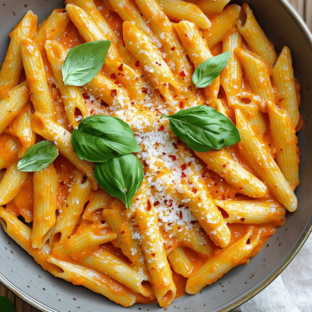- 8 ounces pasta (penne or fettuccine) - 2 large red bell peppers - 3 tablespoons olive oil - 2 cloves garlic, minced - 1/2 cup heavy cream (or coconut cream) - 1/4 cup grated Parmesan cheese (optional) - Salt and pepper to taste - Fresh basil leaves for garnish - Crushed red pepper flakes (optional) When I make creamy roasted red pepper pasta, I love to start with fresh ingredients. The red bell peppers give this dish its rich, sweet flavor. I choose olive oil for cooking because it adds a nice depth. Garlic brings in a warm aroma that fills the kitchen. The cream adds a rich texture, making the sauce smooth. You can use heavy cream or coconut cream if you want a dairy-free option. I often add Parmesan cheese, but it’s totally fine to skip it if you prefer. For seasoning, I always include salt and pepper to enhance the flavors. Fresh basil leaves are key for garnish. They add a pop of color and a fresh taste. If you like heat, crushed red pepper flakes can spice things up. This list of ingredients is simple but very effective. Each item plays a role in making your dish delightful. If you want to see the full recipe, check out the section titled Full Recipe. - Preheat oven to 400°F (200°C). - Cut the red bell peppers in half and remove seeds. - Mince the garlic cloves finely. - Place peppers cut side down on a baking sheet. - Drizzle with olive oil. - Roast for 20-25 minutes until skins are blistered. - Let them cool slightly before peeling. - In a pan, heat olive oil over medium heat. - Sauté minced garlic for about 1 minute until fragrant. - Peel and chop the cooled peppers. - Add the peppers to the pan with garlic. - Pour in the heavy cream and bring to a gentle simmer. - Cook for 3-4 minutes to thicken slightly. - Blend the mixture until smooth using an immersion blender. - Cook the pasta according to package instructions. - Reserve a little pasta water before draining. - Toss the cooked pasta with the creamy roasted red pepper sauce. - Add reserved pasta water to reach the desired consistency. - Season with salt, pepper, and optional crushed red pepper flakes. Enjoy each step as you create this delightful dish! For the complete guide, check the Full Recipe. To get that smooth and creamy sauce, I recommend using an immersion blender. It blends right in the pot, making cleanup easy. If you don’t have one, a countertop blender works, too. Just be careful when transferring the hot sauce back. To adjust the sauce's consistency, save some pasta water. Add a little at a time to make the sauce thinner, if needed. This helps the sauce cling to the pasta better. To boost the flavor, consider adding spices like smoked paprika or Italian herbs. A pinch of nutmeg can also bring out the creaminess. You can add fresh herbs like thyme or parsley for a fresh taste. When serving, present the pasta in a large bowl. Top it with fresh basil leaves and a sprinkle of grated Parmesan. Drizzling a little olive oil adds a nice touch, too. For a spicy kick, sprinkle on crushed red pepper flakes. For the complete recipe, check out the Full Recipe. {{image_2}} If you want a dairy-free version, use coconut cream instead of heavy cream. Coconut cream gives a rich and creamy texture without dairy. It adds a slight sweetness too, balancing the flavors well. Just swap the heavy cream in the recipe with the same amount of coconut cream. You will enjoy a nice, creamy pasta that everyone can eat. You can add protein to your creamy roasted red pepper pasta for a heartier meal. Grilled chicken is an easy choice that pairs well. Shrimp also works great and cooks quickly. For a vegetarian option, try chickpeas or tofu. Just cook them separately and mix them into the pasta before serving. These options make your meal filling and satisfying. Let’s make this dish even more exciting with flavor variations! Adding sun-dried tomatoes gives a tangy taste that brightens the sauce. You can also toss in fresh spinach for a pop of color and nutrition. Spinach wilts down nicely and blends well with the creamy sauce. Feel free to experiment with other veggies you like. Each addition makes the dish unique, so have fun with it! To keep your creamy roasted red pepper pasta fresh, store it in an airtight container. Place it in the fridge if you plan to eat it soon. It stays good for about 3 to 5 days. If you want to save it for later, freeze it. Make sure to use a freezer-safe container. When frozen, it can last for about 2 to 3 months. Just remember to label your containers with the date! To reheat your pasta, use a skillet over low heat. Add a splash of water or cream to keep it moist. Stir often to warm it evenly. You can also use the microwave. Place it in a bowl, cover, and heat for 1 minute. Then stir and heat for another minute if needed. This helps keep the pasta from getting dry or tough. Enjoy your meal again like it was fresh! For this creamy roasted red pepper pasta, you can use different pasta types. I often recommend penne or fettuccine. Penne holds the sauce well in its tubes. Fettuccine, with its flat shape, creates a lovely, silky texture. You can also try spaghetti or farfalle if you want variety. Yes, you can prepare this dish ahead of time! Make the sauce and cook the pasta separately. Store them in airtight containers in the fridge. The sauce lasts for about four days. Cooked pasta can last for three days. Just reheat both when you're ready to eat! To add some heat, consider using crushed red pepper flakes. Start with a pinch and taste as you go. If you love spice, add more! You might also try cayenne pepper or hot sauce for an added kick. Adjust it to your taste for a spicy twist on the classic recipe! In this post, we explored how to make a creamy roasted red pepper pasta. We detailed the ingredients, gave step-by-step instructions, and shared tips for the best results. I hope you feel confident in trying variations to suit your taste, like adding protein or using coconut cream. Remember the storage tips to save leftovers without losing flavor. Enjoy your cooking, and remember, every dish you create adds to your skills!