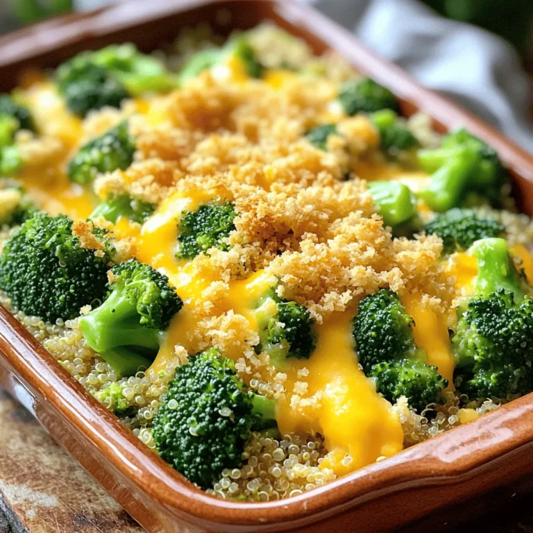 To make your cheesy broccoli quinoa casserole, you need simple, fresh ingredients. Here’s what you will need: - 1 cup quinoa, rinsed and drained - 2 cups vegetable broth - 2 cups fresh broccoli florets (or frozen, if preferred) - 1 cup shredded cheddar cheese (or a dairy-free alternative) - 1/2 cup sour cream (or Greek yogurt) - 1/2 teaspoon garlic powder - 1/2 teaspoon onion powder - 1/2 teaspoon smoked paprika - Salt and pepper to taste - 1/2 cup breadcrumbs (for topping) - 2 tablespoons olive oil These ingredients come together to create a creamy, cheesy dish that warms the soul. If you have dietary needs, you can easily swap some ingredients: - Quinoa: Use brown rice or couscous if you prefer. - Cheese: Opt for a dairy-free cheese for a vegan option. - Sour Cream: Greek yogurt is a great substitute for a tangy flavor. - Bread Crumbs: Use gluten-free bread crumbs to make it gluten-free. These swaps keep the dish tasty while fitting different diets. To make your casserole even better, consider these garnishes: - Fresh herbs like parsley or chives for color and flavor. - Extra cheese on top for a gooey finish. - A sprinkle of cracked black pepper for some bite. Feel free to get creative and make the dish your own! For the complete step-by-step process, check out the Full Recipe. Cooking Quinoa in Vegetable Broth Start by rinsing your quinoa well. This helps remove any bitterness. In a medium saucepan, add 1 cup of quinoa and 2 cups of vegetable broth. Bring it to a boil over medium heat. Once it boils, turn down the heat to low. Cover the pot and let it simmer for about 15 minutes. The quinoa will absorb the broth and become fluffy. Remove it from the heat and set it aside. Steaming Broccoli for Optimal Texture While the quinoa cooks, it's time to prepare the broccoli. Use fresh broccoli florets for the best taste. Place them in a microwave-safe bowl with a splash of water. Cover the bowl with a lid or plate. Microwave the broccoli for 3-4 minutes. It should be bright green and still crisp. After cooking, drain any excess water and set it aside. Combining Ingredients for the Casserole Now, grab a large mixing bowl. Combine the cooked quinoa and the steamed broccoli. Add in 1 cup of shredded cheddar cheese, 1/2 cup of sour cream, 1/2 teaspoon of garlic powder, 1/2 teaspoon of onion powder, and 1/2 teaspoon of smoked paprika. Don't forget to season with salt and pepper. Mix everything well until it is evenly combined. Preparing the Casserole for Baking Take a greased 9x9 inch casserole dish. Transfer the quinoa mixture into the dish, spreading it evenly. In a small bowl, mix 1/2 cup of breadcrumbs with 2 tablespoons of olive oil. This will create a nice crunchy topping. Sprinkle the breadcrumb mixture evenly over the casserole. Recommended Oven Settings Preheat your oven to 350°F (175°C). This temperature is perfect for baking the casserole. Ideal Baking Duration and Indicators Bake the casserole for 25-30 minutes. You'll know it’s done when the cheese is melted and bubbly. The breadcrumbs should be golden brown and crispy on top. Cooling and Serving Suggestions Once baked, allow the casserole to cool for a few minutes. This makes it easier to serve. When ready, scoop out portions and serve hot. For a great touch, add extra cheese and freshly cracked pepper on top. Enjoy this dish with a simple side salad for a complete meal. Best Practices for Cooking Quinoa Cooking quinoa is simple. Use two cups of vegetable broth for one cup of quinoa. Rinse the quinoa first to remove its bitter coating. Bring the broth to a boil, then lower the heat. Cover it and let it cook for about 15 minutes. The quinoa will be tender when done. Preventing a Soggy Casserole To avoid a soggy casserole, ensure the quinoa is not overcooked. Use the right amount of liquid. When mixing in the broccoli, let it cool first. Too much moisture from hot broccoli can make your dish watery. How to Achieve a Golden Brown Topping For a golden brown topping, mix breadcrumbs with a little olive oil. This helps them crisp up nicely. Spread the mixture evenly over the casserole. Bake it at 350°F for about 25-30 minutes. Watch for a bubbly top and golden crust. Pairing with Sides for a Balanced Meal This casserole pairs well with a fresh side salad. A simple mix of greens, tomatoes, and cucumbers works great. You can also add a light vinaigrette for extra flavor. Creative Plating Ideas Serve the casserole straight from the dish for a cozy feel. For a fancy touch, scoop out portions onto plates. Add a sprinkle of cheese or fresh herbs on top. This makes your dish look as good as it tastes! For the full recipe, check out the detailed instructions. {{image_2}} Vegan and Dairy-Free Options You can easily make this casserole vegan. Simply swap the cheese for a dairy-free version. Use cashew cheese or nutritional yeast for a cheesy flavor. Instead of sour cream, try coconut yogurt or a similar plant-based option. This keeps every bite creamy and satisfying without dairy. Gluten-Free Modifications The recipe is already gluten-free since quinoa is naturally gluten-free. However, ensure you use gluten-free breadcrumbs on top. This way, you keep that crunchy texture without worrying about gluten. Adding Protein: Chicken, Tofu, or Beans You can add protein to make the dish heartier. If you enjoy meat, cooked chicken pieces blend well. For a plant-based choice, use cubed tofu or a can of beans like black beans or chickpeas. Each option adds flavor and makes the casserole more filling. Spice It Up: Introducing Additional Seasonings Feel free to get creative with spices. You can add chili powder or cumin for a warm kick. Fresh herbs like thyme or basil also brighten up the dish. Adding these spices will elevate the flavor and give your casserole a unique twist. For the Full Recipe, check the previous sections for detailed steps! After enjoying your cheesy broccoli quinoa casserole, you may have leftovers. To keep them fresh, let the dish cool down to room temperature. This step is very important. If you store hot food, it can create condensation, which makes it soggy. Once cooled, transfer the casserole to an airtight container. This keeps it safe for later. You can store it in the fridge for up to five days. For reheating, I recommend using the oven. Preheat it to 350°F (175°C). Place the casserole in an oven-safe dish and cover it with foil. This helps retain moisture. Heat for about 20 minutes or until warm throughout. You can also use a microwave, but be careful; it may heat unevenly. If you want to keep your casserole for longer, freezing is a great option. First, let the dish cool completely. Then, cut it into portions. Wrap each piece tightly in plastic wrap. After that, place them in a freezer-safe bag or container. This way, you protect it from freezer burn. Your casserole can last up to three months in the freezer. When you're ready to enjoy it again, take out a portion and let it thaw in the fridge overnight. For a quick meal, you can reheat it straight from frozen. Just add extra time when baking. Place it in a 350°F (175°C) oven and cover with foil until hot. Then, remove the foil to brown the top. Enjoy your easy and flavorful casserole! For the complete recipe, check out the Full Recipe. How to Make the Casserole Ahead of Time? You can prep this dish in advance. Cook the quinoa and steam the broccoli. Then mix all the ingredients in a bowl. Place the mixture in a casserole dish and cover it. Store it in the fridge for up to two days. When ready to bake, just pop it in the oven. It may need a few extra minutes to heat through. Can I Use Frozen Broccoli Instead of Fresh? Yes, you can use frozen broccoli. It saves time and still tastes great. Just steam it before adding it to the casserole. This keeps the texture nice and crisp. What’s the Best Way to Reheat Casserole? Reheat the casserole in the oven. Set your oven to 350°F (175°C). Cover the dish with foil to keep it moist, and heat for about 15-20 minutes. You can also use the microwave, but the oven gives a better texture. Caloric Breakdown Per Serving Each serving has about 300-350 calories. This depends on the cheese and other ingredients you use. It's a hearty dish that fills you up without too many calories. Key Nutritional Benefits of Ingredients - Quinoa is a great source of protein. - Broccoli is packed with vitamins and fiber. - Cheese adds calcium and flavor. - Olive oil provides healthy fats. For detailed instructions, check out the [Full Recipe](#). In this blog post, we covered how to make a tasty Cheesy Broccoli Quinoa Casserole. We discussed the key ingredients, including options for dietary needs. You learned step-by-step cooking methods and helpful tips to avoid common mistakes. We explored variations for added flavor and dietary adaptations. Lastly, we shared best practices for storing and reheating leftovers. This dish is simple, nutritious, and can fit many diets. Enjoy creating your own version of this casserole for a healthy meal!