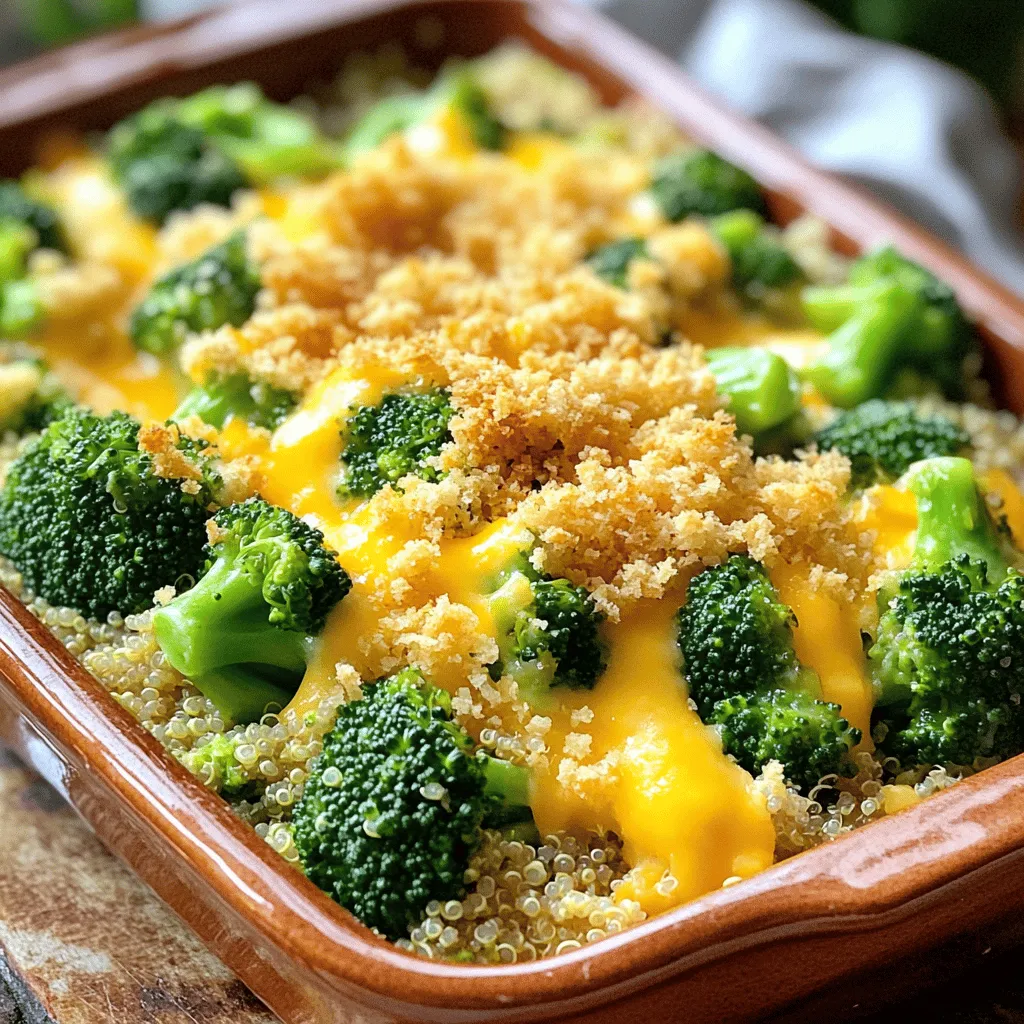 To make your cheesy broccoli quinoa casserole, you need simple, fresh ingredients. Here’s what you will need: - 1 cup quinoa, rinsed and drained - 2 cups vegetable broth - 2 cups fresh broccoli florets (or frozen, if preferred) - 1 cup shredded cheddar cheese (or a dairy-free alternative) - 1/2 cup sour cream (or Greek yogurt) - 1/2 teaspoon garlic powder - 1/2 teaspoon onion powder - 1/2 teaspoon smoked paprika - Salt and pepper to taste - 1/2 cup breadcrumbs (for topping) - 2 tablespoons olive oil These ingredients come together to create a creamy, cheesy dish that warms the soul. If you have dietary needs, you can easily swap some ingredients: - Quinoa: Use brown rice or couscous if you prefer. - Cheese: Opt for a dairy-free cheese for a vegan option. - Sour Cream: Greek yogurt is a great substitute for a tangy flavor. - Bread Crumbs: Use gluten-free bread crumbs to make it gluten-free. These swaps keep the dish tasty while fitting different diets. To make your casserole even better, consider these garnishes: - Fresh herbs like parsley or chives for color and flavor. - Extra cheese on top for a gooey finish. - A sprinkle of cracked black pepper for some bite. Feel free to get creative and make the dish your own! For the complete step-by-step process, check out the Full Recipe. Cooking Quinoa in Vegetable Broth Start by rinsing your quinoa well. This helps remove any bitterness. In a medium saucepan, add 1 cup of quinoa and 2 cups of vegetable broth. Bring it to a boil over medium heat. Once it boils, turn down the heat to low. Cover the pot and let it simmer for about 15 minutes. The quinoa will absorb the broth and become fluffy. Remove it from the heat and set it aside. Steaming Broccoli for Optimal Texture While the quinoa cooks, it's time to prepare the broccoli. Use fresh broccoli florets for the best taste. Place them in a microwave-safe bowl with a splash of water. Cover the bowl with a lid or plate. Microwave the broccoli for 3-4 minutes. It should be bright green and still crisp. After cooking, drain any excess water and set it aside. Combining Ingredients for the Casserole Now, grab a large mixing bowl. Combine the cooked quinoa and the steamed broccoli. Add in 1 cup of shredded cheddar cheese, 1/2 cup of sour cream, 1/2 teaspoon of garlic powder, 1/2 teaspoon of onion powder, and 1/2 teaspoon of smoked paprika. Don't forget to season with salt and pepper. Mix everything well until it is evenly combined. Preparing the Casserole for Baking Take a greased 9x9 inch casserole dish. Transfer the quinoa mixture into the dish, spreading it evenly. In a small bowl, mix 1/2 cup of breadcrumbs with 2 tablespoons of olive oil. This will create a nice crunchy topping. Sprinkle the breadcrumb mixture evenly over the casserole. Recommended Oven Settings Preheat your oven to 350°F (175°C). This temperature is perfect for baking the casserole. Ideal Baking Duration and Indicators Bake the casserole for 25-30 minutes. You'll know it’s done when the cheese is melted and bubbly. The breadcrumbs should be golden brown and crispy on top. Cooling and Serving Suggestions Once baked, allow the casserole to cool for a few minutes. This makes it easier to serve. When ready, scoop out portions and serve hot. For a great touch, add extra cheese and freshly cracked pepper on top. Enjoy this dish with a simple side salad for a complete meal. Best Practices for Cooking Quinoa Cooking quinoa is simple. Use two cups of vegetable broth for one cup of quinoa. Rinse the quinoa first to remove its bitter coating. Bring the broth to a boil, then lower the heat. Cover it and let it cook for about 15 minutes. The quinoa will be tender when done. Preventing a Soggy Casserole To avoid a soggy casserole, ensure the quinoa is not overcooked. Use the right amount of liquid. When mixing in the broccoli, let it cool first. Too much moisture from hot broccoli can make your dish watery. How to Achieve a Golden Brown Topping For a golden brown topping, mix breadcrumbs with a little olive oil. This helps them crisp up nicely. Spread the mixture evenly over the casserole. Bake it at 350°F for about 25-30 minutes. Watch for a bubbly top and golden crust. Pairing with Sides for a Balanced Meal This casserole pairs well with a fresh side salad. A simple mix of greens, tomatoes, and cucumbers works great. You can also add a light vinaigrette for extra flavor. Creative Plating Ideas Serve the casserole straight from the dish for a cozy feel. For a fancy touch, scoop out portions onto plates. Add a sprinkle of cheese or fresh herbs on top. This makes your dish look as good as it tastes! For the full recipe, check out the detailed instructions. {{image_2}} Vegan and Dairy-Free Options You can easily make this casserole vegan. Simply swap the cheese for a dairy-free version. Use cashew cheese or nutritional yeast for a cheesy flavor. Instead of sour cream, try coconut yogurt or a similar plant-based option. This keeps every bite creamy and satisfying without dairy. Gluten-Free Modifications The recipe is already gluten-free since quinoa is naturally gluten-free. However, ensure you use gluten-free breadcrumbs on top. This way, you keep that crunchy texture without worrying about gluten. Adding Protein: Chicken, Tofu, or Beans You can add protein to make the dish heartier. If you enjoy meat, cooked chicken pieces blend well. For a plant-based choice, use cubed tofu or a can of beans like black beans or chickpeas. Each option adds flavor and makes the casserole more filling. Spice It Up: Introducing Additional Seasonings Feel free to get creative with spices. You can add chili powder or cumin for a warm kick. Fresh herbs like thyme or basil also brighten up the dish. Adding these spices will elevate the flavor and give your casserole a unique twist. For the Full Recipe, check the previous sections for detailed steps! After enjoying your cheesy broccoli quinoa casserole, you may have leftovers. To keep them fresh, let the dish cool down to room temperature. This step is very important. If you store hot food, it can create condensation, which makes it soggy. Once cooled, transfer the casserole to an airtight container. This keeps it safe for later. You can store it in the fridge for up to five days. For reheating, I recommend using the oven. Preheat it to 350°F (175°C). Place the casserole in an oven-safe dish and cover it with foil. This helps retain moisture. Heat for about 20 minutes or until warm throughout. You can also use a microwave, but be careful; it may heat unevenly. If you want to keep your casserole for longer, freezing is a great option. First, let the dish cool completely. Then, cut it into portions. Wrap each piece tightly in plastic wrap. After that, place them in a freezer-safe bag or container. This way, you protect it from freezer burn. Your casserole can last up to three months in the freezer. When you're ready to enjoy it again, take out a portion and let it thaw in the fridge overnight. For a quick meal, you can reheat it straight from frozen. Just add extra time when baking. Place it in a 350°F (175°C) oven and cover with foil until hot. Then, remove the foil to brown the top. Enjoy your easy and flavorful casserole! For the complete recipe, check out the Full Recipe. How to Make the Casserole Ahead of Time? You can prep this dish in advance. Cook the quinoa and steam the broccoli. Then mix all the ingredients in a bowl. Place the mixture in a casserole dish and cover it. Store it in the fridge for up to two days. When ready to bake, just pop it in the oven. It may need a few extra minutes to heat through. Can I Use Frozen Broccoli Instead of Fresh? Yes, you can use frozen broccoli. It saves time and still tastes great. Just steam it before adding it to the casserole. This keeps the texture nice and crisp. What’s the Best Way to Reheat Casserole? Reheat the casserole in the oven. Set your oven to 350°F (175°C). Cover the dish with foil to keep it moist, and heat for about 15-20 minutes. You can also use the microwave, but the oven gives a better texture. Caloric Breakdown Per Serving Each serving has about 300-350 calories. This depends on the cheese and other ingredients you use. It's a hearty dish that fills you up without too many calories. Key Nutritional Benefits of Ingredients - Quinoa is a great source of protein. - Broccoli is packed with vitamins and fiber. - Cheese adds calcium and flavor. - Olive oil provides healthy fats. For detailed instructions, check out the [Full Recipe](#). In this blog post, we covered how to make a tasty Cheesy Broccoli Quinoa Casserole. We discussed the key ingredients, including options for dietary needs. You learned step-by-step cooking methods and helpful tips to avoid common mistakes. We explored variations for added flavor and dietary adaptations. Lastly, we shared best practices for storing and reheating leftovers. This dish is simple, nutritious, and can fit many diets. Enjoy creating your own version of this casserole for a healthy meal!