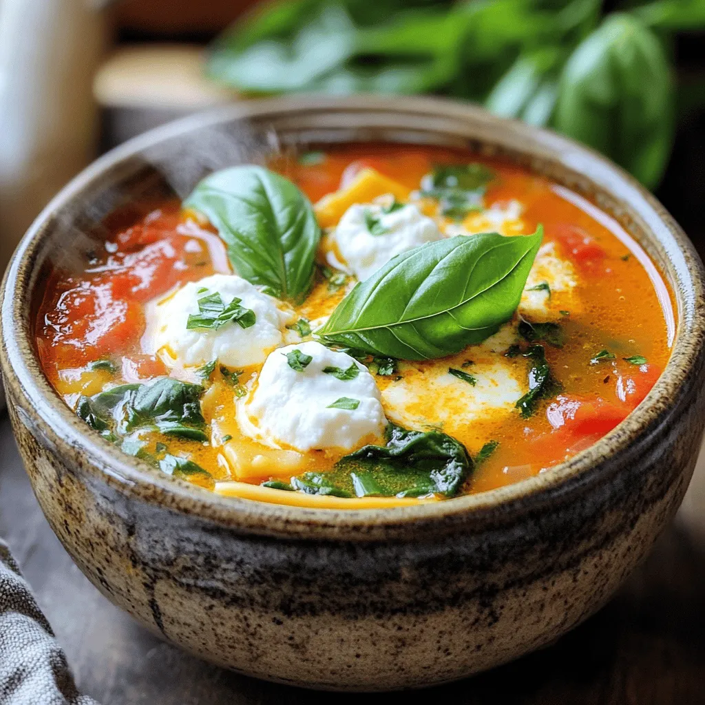 To make One-Pot Lasagna Soup, gather these items: - 1 tablespoon olive oil - 1 onion, diced - 3 cloves garlic, minced - 1 pound ground beef or turkey - 1 can (28 ounces) crushed tomatoes - 4 cups chicken or vegetable broth - 2 teaspoons dried oregano - 1 teaspoon dried basil - 1/2 teaspoon red pepper flakes - 8 lasagna noodles, broken into bite-sized pieces - 1 cup ricotta cheese - 2 cups fresh spinach - 1 cup shredded mozzarella cheese - Salt and pepper to taste - Fresh basil leaves for garnish You can swap some items for others. If you want a lighter soup, use ground turkey. For a vegetarian version, try mushrooms or lentils instead of meat. You can replace ricotta with cottage cheese for a similar texture. If you don’t have fresh spinach, frozen spinach works well too. Use vegetable broth if you want to keep it meat-free. Fresh ingredients will make your soup taste better. When choosing vegetables, look for firm onions and bright green spinach. Fresh herbs like basil should smell strong and sweet. If you can, buy organic tomatoes for richer flavor. Always check the expiration dates on canned goods. For the best taste, use high-quality olive oil. To make One-Pot Lasagna Soup, first gather all your ingredients. This makes cooking easier and more fun. Here’s what you need: - 1 tablespoon olive oil - 1 onion, diced - 3 cloves garlic, minced - 1 pound ground beef or turkey - 1 can (28 ounces) crushed tomatoes - 4 cups chicken or vegetable broth - 2 teaspoons dried oregano - 1 teaspoon dried basil - 1/2 teaspoon red pepper flakes - 8 lasagna noodles, broken into bite-sized pieces - 1 cup ricotta cheese - 2 cups fresh spinach - 1 cup shredded mozzarella cheese - Salt and pepper to taste - Fresh basil leaves for garnish Next, prepare your vegetables. Dice the onion and mince the garlic. This will make your soup full of flavor. Now, let’s start cooking! In a large pot, heat the olive oil over medium heat. Add the diced onion and cook for about 3-4 minutes. It should be soft and clear. Then, add the minced garlic and cook for one more minute. Next, add the ground beef or turkey. Break it apart with a spatula. Cook until it is brown and no longer pink, about 5-7 minutes. If there is too much fat, drain it. Now it’s time for flavor! Stir in the crushed tomatoes and broth. Add the oregano, basil, and red pepper flakes. Season with salt and pepper. Bring the mixture to a boil. Once it’s boiling, add the broken lasagna noodles. Lower the heat and let it simmer for about 10-12 minutes. Stir occasionally until the noodles are tender. While the noodles cook, mix the ricotta cheese with a pinch of salt and pepper in a small bowl. This will add creaminess to your soup. Add the fresh spinach to the pot and stir. Let it wilt for 1-2 minutes. To serve, ladle the soup into bowls. Add a generous dollop of the ricotta mixture on top. Sprinkle with shredded mozzarella cheese. For an extra touch, garnish with fresh basil leaves and more red pepper flakes if you like it spicy. This One-Pot Lasagna Soup is hearty and comforting. It's perfect for a cozy night in. For the full recipe, check the earlier section! Enjoy every bite! To make your One-Pot Lasagna Soup really shine, focus on building layers of taste. Start by sautéing the onion and garlic in olive oil. This step adds a nice base flavor. Don't skip the herbs! Dried oregano and basil are key. Add them early for better infusion. Adjust the red pepper flakes for your spice level. A pinch adds warmth without overwhelming the dish. Use pre-chopped onions and garlic to cut down on prep time. You can also buy ground meat that is already seasoned. Instead of breaking lasagna noodles, buy no-boil noodles. They save time and work just as well. Keep your ingredients close by. This helps you move quickly through the cooking steps. You can serve this soup in many fun ways. For a creamy touch, swirl in more ricotta cheese. Want a crunch? Top with crunchy croutons or toasted bread. For added color, sprinkle fresh herbs on top. Serve it with a side salad for a complete meal. This recipe is flexible, so feel free to explore. Check out the Full Recipe for more ideas on how to enjoy this dish! {{image_2}} You can make a great vegetarian version of this soup. Just swap the meat for mushrooms or lentils. I love using a mix of diced zucchini and bell peppers too. These veggies add flavor and texture. Use vegetable broth instead of chicken broth for a full veggie experience. Don’t forget to add more spinach! You can even try adding chickpeas for extra protein. To make this soup gluten-free, choose gluten-free lasagna noodles. There are many good brands available now. Make sure to read the labels. I also suggest using quinoa or rice for a fun twist. Just cook them separately and mix them in at the end. This keeps them from getting too mushy. If you like heat, you can spice up your One-Pot Lasagna Soup. Add more red pepper flakes, or even some chopped jalapeños. You can also try a dash of hot sauce. For a smoky flavor, include some smoked paprika. This adds depth to the dish. It’s a simple way to make your meal exciting. Feel free to check out the Full Recipe for more cooking tips and ideas! Store any leftover One-Pot Lasagna Soup in an airtight container. Make sure it cools to room temperature first. Place it in the fridge. It will stay fresh for up to 3 days. If you want to keep it longer, freezing is a good option. To reheat, use a pot on the stove over low heat. Stir often to avoid sticking. You can also use a microwave. Heat in 30-second intervals, stirring in between. Add a splash of broth if it seems thick. For freezing, pour the cooled soup into freezer-safe containers. Leave some space at the top for expansion. It will last in the freezer for about 3 months. When ready to eat, let it thaw overnight in the fridge. Reheat as mentioned above. Enjoy the warm comfort of your One-Pot Lasagna Soup! One-Pot Lasagna Soup lasts about 3 to 4 days in the fridge. Store it in an airtight container to keep it fresh. If you want to enjoy it longer, consider freezing it. When ready to eat, just thaw and reheat. Yes, you can use other types of meat. Ground turkey or chicken works well. For a richer flavor, try Italian sausage. You can even go meatless and use mushrooms or lentils for a plant-based option. For extra flavor, add fresh herbs like parsley or thyme. You can also stir in a splash of balsamic vinegar. A little parmesan cheese on top adds a nice touch too. Don't forget about a dash of hot sauce for some heat! For the complete dish, check the Full Recipe. This article shared the key ingredients for a delicious One-Pot Lasagna Soup. We discussed substitutions, tips for using fresh items, and ways to enhance the flavor. The step-by-step guide walked you through the cooking process and serving ideas. We also covered time-saving tricks and variations for dietary needs. Lastly, you learned how to store leftovers and reheat them. I hope this helps you enjoy making this tasty soup! With practice, you’ll create meals everyone loves.