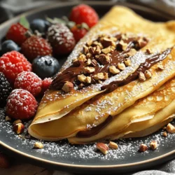 - 1 cup all-purpose flour - 2 large eggs - 1 ½ cups milk - 2 tablespoons melted butter - 2 tablespoons sugar - ½ teaspoon vanilla extract - ½ teaspoon salt - ½ cup chocolate hazelnut spread - 1/4 cup roasted hazelnuts, crushed - Powdered sugar for dusting - Fresh berries (optional, for garnish) Finding the right ingredients is key to making great chocolate hazelnut crepes. You can easily find all these items at your local grocery store. I love using fresh eggs and whole milk for the best flavor. The chocolate hazelnut spread is the star of the show, so choose a quality brand that you enjoy. Roasted hazelnuts add a nice crunch, which I recommend for texture. - For all-purpose flour, you can use whole wheat flour or a gluten-free blend. - If you need dairy-free options, almond milk or oat milk works well. Instead of butter, try coconut oil or a vegan butter substitute. - For sugar, use maple syrup or agave nectar as a natural sweetener. These substitutions help you adjust the recipe to fit your needs. The taste may change slightly, but it can still be delicious. Always keep in mind that cooking is about finding what works for you. If you follow the [Full Recipe], you will make a tasty treat that everyone will love! To make the perfect batter, start by mixing the dry and wet ingredients. In one bowl, whisk together the all-purpose flour, sugar, and salt. In another bowl, beat the eggs and mix in the milk, melted butter, and vanilla extract. Slowly add the wet mix to the dry mix. Whisk until the batter is smooth and lump-free. Letting the batter rest is key. This helps the flour absorb the liquid and relaxes the gluten. Rest it for 30 minutes at room temperature. This step makes your crepes more tender and easy to work with. When it’s time to cook, heat a non-stick skillet on medium heat. Lightly grease it with butter. Pour about 1/4 cup of batter into the center of the skillet. Quickly swirl the pan to spread the batter evenly. Aim for a thin layer; this gives you that lovely crepe texture. Cook for 1-2 minutes. You’ll know it’s ready when the edges lift slightly and the bottom turns golden brown. Carefully flip the crepe using a spatula. Cook for another minute on the other side. Stack the crepes on a plate as you cook, keeping them warm. Now for the fun part! Take a cooked crepe and spread a generous tablespoon of chocolate hazelnut spread on one half. Sprinkle some crushed roasted hazelnuts over the spread for crunch. Fold the crepe in half, and then fold it again to form a triangle, or roll it up if you prefer. For serving, dust the filled crepes with powdered sugar. You can also add fresh berries for a colorful touch. Enjoy your delightful chocolate hazelnut crepes! For the complete recipe, check the Full Recipe section. To make light and fluffy crepes, I focus on the batter. Start with room temperature ingredients. This helps the batter mix well. I always let the batter rest for at least 30 minutes. Resting allows the gluten to relax, which makes the crepes tender. When cooking, use a hot pan but not too hot. A medium heat lets the crepes cook evenly without burning. Thin layers of batter are key for fluffiness. Swirl the batter quickly to spread it out. If you have extra batter, store it in the fridge. I recommend using an airtight container. The batter can last up to two days. Before using it again, give it a good stir. If it seems too thick, add a splash of milk. This ensures your crepes stay light and delicious. Yes, you can prep crepes in advance! I often make a batch the night before. Just stack them and cover with plastic wrap. They stay fresh in the fridge. When ready to serve, warm them in a skillet for a minute on each side. This brings back their soft texture. You can also freeze them for later use. Just layer parchment paper between each crepe. This prevents sticking. When you need them, thaw and warm them up. Enjoy your crepes any time with ease! For the complete process, check the Full Recipe. {{image_2}} If you want to skip nuts, you have many tasty options. Try using creamy peanut butter or almond butter instead of chocolate hazelnut spread. You can also use fruit spreads like raspberry or strawberry for a sweet twist. Another idea is to fill the crepes with whipped cream and fresh fruit. This makes a light and fun dessert. You can make your crepes even more special by adding flavors to the batter. For a vanilla touch, mix in an extra half teaspoon of vanilla extract. If you love citrus, add the zest of a lemon or orange. This gives a bright flavor that pairs well with chocolate. You can also try spices like cinnamon or nutmeg for warmth. Just a pinch can change the whole taste! Feeling adventurous? You can turn these sweet crepes into savory dishes. Start with the same batter but leave out the sugar. Then, fill them with cheese, spinach, or mushrooms. A bit of cooked chicken or ham also works great. Top with a light sauce or just some herbs for a delicious meal. These savory options are perfect for lunch or dinner. Explore these variations, and make your chocolate hazelnut crepes even more fun! For the full recipe, check out the complete guide. To keep cooked crepes fresh, stack them on a plate. Place a piece of wax paper between each crepe. This method prevents sticking and helps maintain texture. Cover the stack with plastic wrap or foil. Store in the fridge for up to three days. If you want them warm later, gently reheat them in a pan. Freezing crepes is a great way to save them for later. First, let the crepes cool completely. Then, stack them with wax paper in between. Wrap the stack tightly in plastic wrap and then place it in a freezer bag. Make sure to squeeze out any air to avoid freezer burn. When you're ready to enjoy them, simply thaw them in the fridge overnight. Reheat in a pan over low heat for the best taste. Cooked crepes last about three days in the fridge. If you freeze them, they can last up to two months. After that, the flavor and texture may start to fade. Always check for any signs of spoilage before using. For the freshest taste, enjoy them within the recommended time. To make Chocolate Hazelnut Crepes, start with the batter. Mix flour, sugar, and salt in one bowl. In another, beat the eggs and add milk, melted butter, and vanilla. Combine the wet and dry mixes. Whisk until smooth and let it rest. Heat a skillet and grease it lightly. Pour in the batter, swirl it thin, and cook until golden. Flip it and cook again. Spread chocolate hazelnut spread inside, sprinkle crushed hazelnuts, and fold. Dust with powdered sugar and enjoy! For the complete recipe, check the Full Recipe. Yes, you can swap the chocolate hazelnut spread for many delicious options. Try almond butter for a nutty taste. You can also use peanut butter if you love that classic flavor. For a fruit twist, spread some berry jam or fresh fruit puree. Nut-free options like sunflower seed spread work great too. Feel free to get creative with your choice! These crepes go well with many side dishes. Fresh berries add color and flavor. You can also serve them with whipped cream for extra creaminess. A scoop of vanilla ice cream makes it a treat! For a warm drink, pair with hot chocolate or coffee. Each option enhances the sweet flavors of the crepes. Enjoy mixing and matching! You can make delicious chocolate hazelnut crepes at home with simple ingredients. We discussed key ingredients, substitutes, and step-by-step instructions. I shared tips for fluffiness and storing options, plus ways to mix it up with flavors and fillings. In the end, enjoy these crepes as a sweet treat or a savory dish. Get creative and have fun in the kitchen!