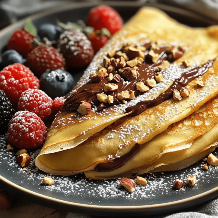 - 1 cup all-purpose flour - 2 large eggs - 1 ½ cups milk - 2 tablespoons melted butter - 2 tablespoons sugar - ½ teaspoon vanilla extract - ½ teaspoon salt - ½ cup chocolate hazelnut spread - 1/4 cup roasted hazelnuts, crushed - Powdered sugar for dusting - Fresh berries (optional, for garnish) Finding the right ingredients is key to making great chocolate hazelnut crepes. You can easily find all these items at your local grocery store. I love using fresh eggs and whole milk for the best flavor. The chocolate hazelnut spread is the star of the show, so choose a quality brand that you enjoy. Roasted hazelnuts add a nice crunch, which I recommend for texture. - For all-purpose flour, you can use whole wheat flour or a gluten-free blend. - If you need dairy-free options, almond milk or oat milk works well. Instead of butter, try coconut oil or a vegan butter substitute. - For sugar, use maple syrup or agave nectar as a natural sweetener. These substitutions help you adjust the recipe to fit your needs. The taste may change slightly, but it can still be delicious. Always keep in mind that cooking is about finding what works for you. If you follow the [Full Recipe], you will make a tasty treat that everyone will love! To make the perfect batter, start by mixing the dry and wet ingredients. In one bowl, whisk together the all-purpose flour, sugar, and salt. In another bowl, beat the eggs and mix in the milk, melted butter, and vanilla extract. Slowly add the wet mix to the dry mix. Whisk until the batter is smooth and lump-free. Letting the batter rest is key. This helps the flour absorb the liquid and relaxes the gluten. Rest it for 30 minutes at room temperature. This step makes your crepes more tender and easy to work with. When it’s time to cook, heat a non-stick skillet on medium heat. Lightly grease it with butter. Pour about 1/4 cup of batter into the center of the skillet. Quickly swirl the pan to spread the batter evenly. Aim for a thin layer; this gives you that lovely crepe texture. Cook for 1-2 minutes. You’ll know it’s ready when the edges lift slightly and the bottom turns golden brown. Carefully flip the crepe using a spatula. Cook for another minute on the other side. Stack the crepes on a plate as you cook, keeping them warm. Now for the fun part! Take a cooked crepe and spread a generous tablespoon of chocolate hazelnut spread on one half. Sprinkle some crushed roasted hazelnuts over the spread for crunch. Fold the crepe in half, and then fold it again to form a triangle, or roll it up if you prefer. For serving, dust the filled crepes with powdered sugar. You can also add fresh berries for a colorful touch. Enjoy your delightful chocolate hazelnut crepes! For the complete recipe, check the Full Recipe section. To make light and fluffy crepes, I focus on the batter. Start with room temperature ingredients. This helps the batter mix well. I always let the batter rest for at least 30 minutes. Resting allows the gluten to relax, which makes the crepes tender. When cooking, use a hot pan but not too hot. A medium heat lets the crepes cook evenly without burning. Thin layers of batter are key for fluffiness. Swirl the batter quickly to spread it out. If you have extra batter, store it in the fridge. I recommend using an airtight container. The batter can last up to two days. Before using it again, give it a good stir. If it seems too thick, add a splash of milk. This ensures your crepes stay light and delicious. Yes, you can prep crepes in advance! I often make a batch the night before. Just stack them and cover with plastic wrap. They stay fresh in the fridge. When ready to serve, warm them in a skillet for a minute on each side. This brings back their soft texture. You can also freeze them for later use. Just layer parchment paper between each crepe. This prevents sticking. When you need them, thaw and warm them up. Enjoy your crepes any time with ease! For the complete process, check the Full Recipe. {{image_2}} If you want to skip nuts, you have many tasty options. Try using creamy peanut butter or almond butter instead of chocolate hazelnut spread. You can also use fruit spreads like raspberry or strawberry for a sweet twist. Another idea is to fill the crepes with whipped cream and fresh fruit. This makes a light and fun dessert. You can make your crepes even more special by adding flavors to the batter. For a vanilla touch, mix in an extra half teaspoon of vanilla extract. If you love citrus, add the zest of a lemon or orange. This gives a bright flavor that pairs well with chocolate. You can also try spices like cinnamon or nutmeg for warmth. Just a pinch can change the whole taste! Feeling adventurous? You can turn these sweet crepes into savory dishes. Start with the same batter but leave out the sugar. Then, fill them with cheese, spinach, or mushrooms. A bit of cooked chicken or ham also works great. Top with a light sauce or just some herbs for a delicious meal. These savory options are perfect for lunch or dinner. Explore these variations, and make your chocolate hazelnut crepes even more fun! For the full recipe, check out the complete guide. To keep cooked crepes fresh, stack them on a plate. Place a piece of wax paper between each crepe. This method prevents sticking and helps maintain texture. Cover the stack with plastic wrap or foil. Store in the fridge for up to three days. If you want them warm later, gently reheat them in a pan. Freezing crepes is a great way to save them for later. First, let the crepes cool completely. Then, stack them with wax paper in between. Wrap the stack tightly in plastic wrap and then place it in a freezer bag. Make sure to squeeze out any air to avoid freezer burn. When you're ready to enjoy them, simply thaw them in the fridge overnight. Reheat in a pan over low heat for the best taste. Cooked crepes last about three days in the fridge. If you freeze them, they can last up to two months. After that, the flavor and texture may start to fade. Always check for any signs of spoilage before using. For the freshest taste, enjoy them within the recommended time. To make Chocolate Hazelnut Crepes, start with the batter. Mix flour, sugar, and salt in one bowl. In another, beat the eggs and add milk, melted butter, and vanilla. Combine the wet and dry mixes. Whisk until smooth and let it rest. Heat a skillet and grease it lightly. Pour in the batter, swirl it thin, and cook until golden. Flip it and cook again. Spread chocolate hazelnut spread inside, sprinkle crushed hazelnuts, and fold. Dust with powdered sugar and enjoy! For the complete recipe, check the Full Recipe. Yes, you can swap the chocolate hazelnut spread for many delicious options. Try almond butter for a nutty taste. You can also use peanut butter if you love that classic flavor. For a fruit twist, spread some berry jam or fresh fruit puree. Nut-free options like sunflower seed spread work great too. Feel free to get creative with your choice! These crepes go well with many side dishes. Fresh berries add color and flavor. You can also serve them with whipped cream for extra creaminess. A scoop of vanilla ice cream makes it a treat! For a warm drink, pair with hot chocolate or coffee. Each option enhances the sweet flavors of the crepes. Enjoy mixing and matching! You can make delicious chocolate hazelnut crepes at home with simple ingredients. We discussed key ingredients, substitutes, and step-by-step instructions. I shared tips for fluffiness and storing options, plus ways to mix it up with flavors and fillings. In the end, enjoy these crepes as a sweet treat or a savory dish. Get creative and have fun in the kitchen!