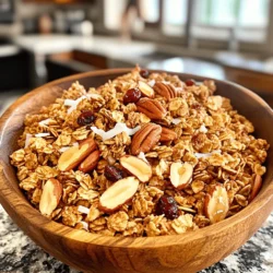 - 3 cups rolled oats - 1 cup pecan halves, chopped - 1/2 cup sliced almonds - 1/2 cup unsweetened shredded coconut - 1/2 cup maple syrup - 1/4 cup coconut oil, melted - 1 teaspoon vanilla extract - 1/2 teaspoon cinnamon - 1/4 teaspoon nutmeg - 1/4 teaspoon salt - 1/2 cup dried cranberries (or your choice of dried fruit) - 1/4 cup chia seeds (optional for added nutrition) The main ingredients create the heart of your granola. Rolled oats give it a chewy base. Chopped pecans add a nice crunch and flavor. Sliced almonds bring a different nutty taste. Shredded coconut adds sweetness and a tropical touch. Next, for the wet ingredients, maple syrup is vital. It sweetens your granola and gives it that rich flavor. Melted coconut oil helps everything stick together. Vanilla extract adds a warm, inviting aroma. Spices and add-ins make your granola special. Cinnamon and nutmeg bring warmth and depth. Salt balances the sweetness and enhances flavors. Dried cranberries give a pop of color and chewiness. Chia seeds are optional but boost nutrition and provide omega-3s. For the Full Recipe, refer back to the beginning. Enjoy making this nutritious snack! First, preheat your oven to 350°F (175°C). This prepares it for baking. Next, line a large baking sheet with parchment paper. This helps your granola not stick to the sheet. In a large bowl, combine: - 3 cups rolled oats - 1 cup pecan halves, chopped - 1/2 cup sliced almonds - 1/2 cup unsweetened shredded coconut - 1/2 teaspoon cinnamon - 1/4 teaspoon nutmeg - 1/4 teaspoon salt Stir these ingredients together well. This mix gives your granola flavor and crunch. In another bowl, whisk together: - 1/4 cup coconut oil, melted - 1/2 cup maple syrup - 1 teaspoon vanilla extract Pour this mixture over your dry ingredients. Mix until everything is coated. Then, spread the granola mixture evenly on the baking sheet. Bake the granola in your preheated oven for 20-25 minutes. Stir halfway through baking for even browning. It should turn golden brown. Once done, remove it and let it cool on the baking sheet. It will become crunchier as it cools. Once cooled, stir in 1/2 cup dried cranberries or your choice of dried fruit. Now, your maple pecan granola is ready! For the complete recipe, check out [Full Recipe]. To get that nice crunch, bake your granola evenly. Stir it halfway through baking. This helps it brown evenly. If you don’t stir, some parts might burn while others stay soft. After baking, let it cool completely. This cooling time is key. The granola will get crunchier as it cools. You can change how sweet your granola is by adjusting the maple syrup. If you like it sweeter, add more syrup. If you want it less sweet, use less syrup. Start with half a cup and taste it before baking. You can always add a bit more if you want. Remember, the flavor will deepen as it bakes. Store your granola in an airtight container. This keeps it fresh and crunchy. Glass jars or plastic containers work well. Make sure they are sealed tightly. Your granola can last up to two weeks when stored properly. If you want it to last longer, keep it in the fridge. Enjoy it as a quick snack, breakfast, or topping on yogurt. Check out the Full Recipe for more tips. {{image_2}} You can switch out pecans for other nuts. Walnuts, almonds, or hazelnuts work great. Each nut adds a unique taste and crunch. If you want a milder flavor, use sliced almonds. For a richer taste, walnuts can be your go-to. Hazelnuts add a fun twist with their distinct taste. Feel free to mix and match for your perfect blend! Adding spices can take your granola to the next level. Cinnamon and nutmeg are great, but you can also try cardamom or ginger. You might like to add vanilla or almond extract for a flavor boost. If you enjoy chocolate, mix in cocoa or cacao powder. This adds richness and a deep flavor. Dried fruits can really brighten up your granola. Try adding raisins, apricots, or even figs. Each dried fruit adds sweetness and texture. For fresh toppings, consider berries, bananas, or apples. Fresh fruits make it more vibrant and tasty. You can mix dried and fresh fruits for a fun combo! For the complete recipe, check the [Full Recipe]. Oats and nuts are packed with nutrients. Oats provide fiber, which helps digestion. They also contain antioxidants that can lower cholesterol. Nuts, like pecans and almonds, have healthy fats. These fats support heart health and help keep you full. Coconut adds a unique flavor and healthy fat, too. It contains medium-chain triglycerides (MCTs), which may boost energy. Chia seeds are tiny powerhouses. They are rich in omega-3 fatty acids, protein, and fiber. This helps keep you satisfied longer. You can enjoy this granola in many ways. Try it as a snack straight from the jar. You can also mix it with yogurt for a quick breakfast. Add fresh fruits for extra vitamins. Pour some milk over it for a crunchy cereal. One serving of this granola has about 200 calories. It contains around 8g of protein and 10g of healthy fats. You will also get about 30g of carbs, including fiber. This balance makes it a great snack or breakfast option. For the full recipe, check the earlier section. Homemade granola lasts about two weeks. Store it in an airtight container. Keep it in a cool, dry place. If you want it to last longer, store it in the fridge. This helps keep it fresh and crunchy. Yes, you can! Just use gluten-free oats. Many brands offer gluten-free options. Check the labels to be sure. If you want to add other grains, try quinoa flakes or puffed rice. Absolutely! You can add your favorite spices. Try nutmeg, ginger, or cardamom. You can also switch up the nuts. Walnuts or almonds work great. Dried fruits like raisins or apricots add a nice touch too. Yes, kids can help! They can mix dry ingredients. Measuring and pouring are fun tasks. Older kids can help with stirring and spreading the granola on the baking sheet. It’s a great way to bond and teach them cooking skills. There are many options! You can add yogurt, fresh fruits, or nut butter. Try adding chocolate chips for a sweet kick. Seeds like pumpkin or sunflower seeds also make a great addition. For the complete cooking instructions, check out the [Full Recipe]. You learned how to make a tasty granola from scratch. We covered ingredients and key steps. We discussed tips for the perfect crunch and how to store your granola. You can customize flavors and even involve kids in the process. Enjoy breakfast or snacks with this healthy treat. Keep it fun and creative as you make each batch your own. Dive in, explore, and enjoy your homemade granola journey!