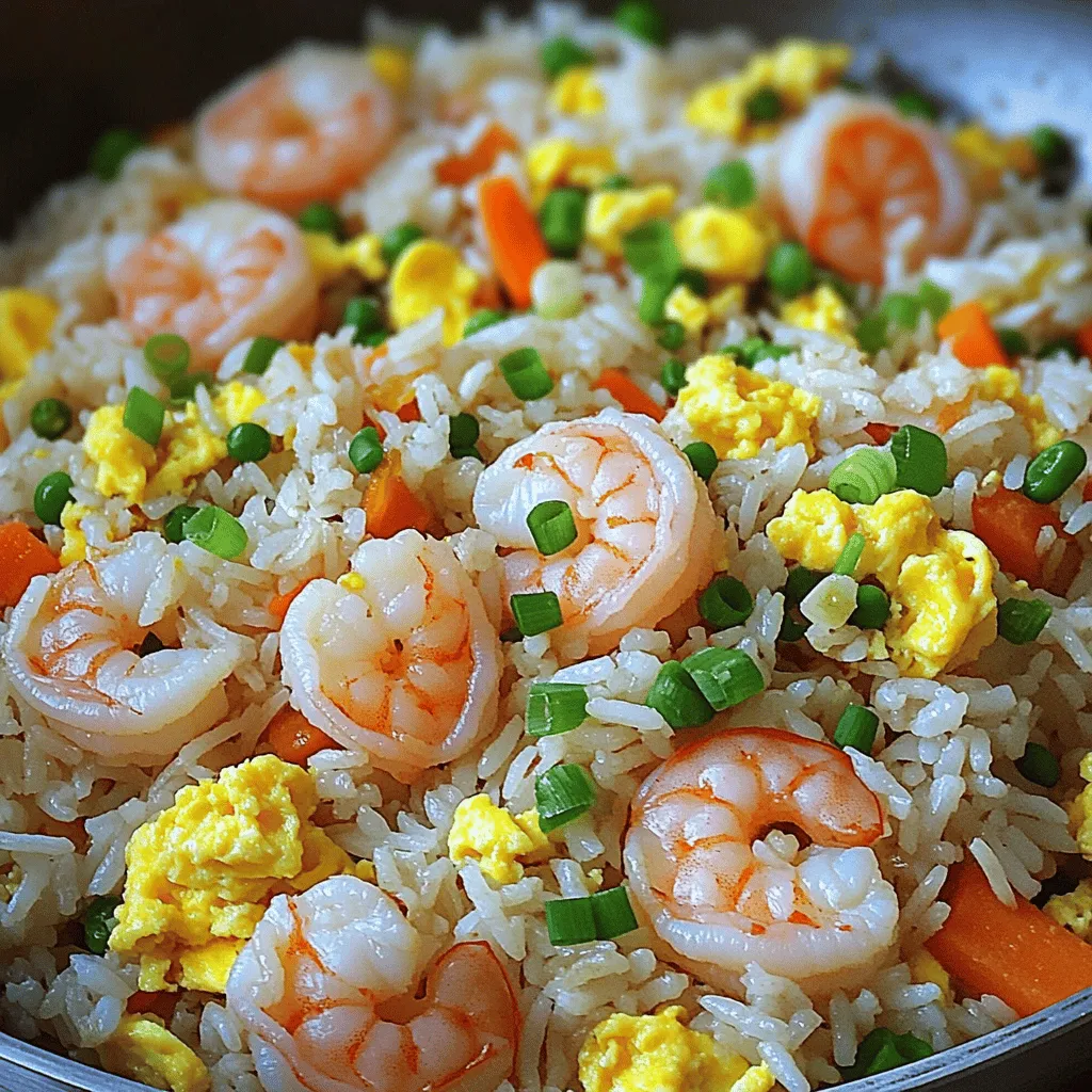 To make easy shrimp fried rice, you need a few key ingredients: - 2 cups cooked jasmine rice (preferably day-old) - 1 pound shrimp, peeled and deveined - 1 cup mixed vegetables (peas, carrots, and corn) - 2 cloves garlic, minced - 1 small onion, diced These ingredients create a tasty base. Day-old jasmine rice works best because it fries well. Fresh shrimp adds a nice touch and flavor. You can also add some optional ingredients for extra taste: - 1 tablespoon oyster sauce - 1 teaspoon sesame oil - Green onions, chopped for garnish These options enhance flavor and presentation without much effort. They make your dish look and taste gourmet. You will need a few tools to make cooking easy: - Large skillet or wok - Spatula - Measuring cups and spoons Using the right tools helps you cook efficiently. A large skillet or wok gives you enough room to stir everything well. For the full recipe, be sure to check out Easy Shrimp Fried Rice. First, let's prepare our shrimp and vegetables. You want to make sure your shrimp is peeled and deveined. This step is quick and easy, so don’t skip it. Dice your onion and chop your mixed vegetables. I like to use a mix of peas, carrots, and corn because it adds color and flavor. Using day-old rice is key for this dish. Freshly cooked rice can be too moist. Day-old rice dries out a bit, which helps it fry better. If you don’t have day-old rice, just spread fresh rice on a tray and let it cool before using. Now, heat 1 tablespoon of vegetable oil in a large skillet or wok over medium-high heat. Once the oil is hot, add minced garlic and diced onion. Stir them for about 2-3 minutes. You want them fragrant and soft. Next, push the garlic and onion to one side. Add the shrimp to the other side of the pan. Cook the shrimp for 2-3 minutes until they turn pink. They should be opaque and firm. After that, mix everything together. Add your mixed vegetables to the pan and sauté for another 2-3 minutes. You want them to be heated through but still crisp. Then, push the mix to one side again. In the empty space, add the last tablespoon of oil. Crack the eggs in and scramble them until cooked. Finally, mix the eggs into the shrimp and vegetable mixture. Now, it’s time to add the rice. Break apart any clumps. Pour in the soy sauce and oyster sauce if you’re using it. Add the sesame oil too. Stir well to coat the rice in sauce. This is when the magic happens! Season your dish with salt and pepper. Stir-fry for another 2-3 minutes until everything is heated through. This ensures all the flavors meld together nicely. When you’re ready, remove the skillet from heat. Garnish your shrimp fried rice with chopped green onions for a fresh touch. Serve it hot and enjoy your easy shrimp fried rice. For more details, check the Full Recipe. To avoid mushy rice, always use day-old jasmine rice. Fresh rice tends to stick together, making it hard to fry. If you don’t have day-old rice, spread fresh rice on a tray to cool. This helps it dry out. For quick cooking, prep all your ingredients before starting. When everything is ready, you can cook fast. Keep the heat high and stir often. This keeps the food from burning and helps it cook evenly. To boost flavor, try adding spices like ginger or paprika. A pinch of these can add depth to your dish. You can also toss in some chili flakes for a kick if you like spice. Using fresh herbs for garnish makes a big difference. Green onions or cilantro add a fresh taste. Just chop them and sprinkle on top before serving. This little touch can brighten the whole dish. To make a vegetarian version, skip the shrimp and add tofu. Tofu soaks up flavors well and adds protein. You can also use more vegetables like bell peppers or broccoli. If you want to switch proteins, you can use chicken or beef too. Just cook them the same way as shrimp. Ensure they are fully cooked before mixing with the rice. {{image_2}} You can easily change the protein in this dish. Chicken works great if you prefer it. Tofu is another good choice for a vegetarian option. Just cut it into small cubes. You can also swap out the mixed vegetables. Try bell peppers, broccoli, or snap peas. Each adds a unique taste and bright color to your meal. To give your shrimp fried rice an Indian twist, add curry powder. It adds warmth and a rich flavor. Just sprinkle about a teaspoon while cooking. If you like heat, try incorporating chili paste. A small spoonful can really spice things up. Adjust the amount based on your taste. Pair your shrimp fried rice with soy sauce on the side. It adds a nice extra flavor. You can also serve it with sweet chili sauce for a sweet kick. Another fun idea is to serve the fried rice in lettuce wraps. Just use large leaves to hold the rice. It makes for a fresh and crunchy bite. To store leftovers, let the shrimp fried rice cool down. Place it in a shallow container. This helps it cool quickly and safely. Use an airtight container to keep it fresh. Glass or plastic containers work well. Make sure to label the container with the date. You can freeze cooked shrimp fried rice. To do this, let it cool completely. Then, pack it in a freezer-safe bag or container. Remove as much air as possible. This helps prevent freezer burn. When you want to eat it, thaw it in the fridge overnight. To reheat, warm it in a skillet over medium heat. Add a splash of water or oil to help it heat evenly. In the fridge, shrimp fried rice lasts about 3 to 4 days. If you freeze it, it can last for up to 3 months. After that, it may lose flavor and texture. Always check for any signs of spoilage before eating. Yes, you can use frozen shrimp. It saves time and is often more affordable. To thaw frozen shrimp, place them in a bowl of cold water. Change the water every 15 minutes until they are thawed. You can also leave them in the fridge overnight. This makes them safe and easy to cook. If you want to skip soy sauce, try using coconut aminos or teriyaki sauce. These options give a nice flavor without the saltiness of soy sauce. You can also use a mix of lime juice and garlic for a fresh taste. Just remember to adjust the amount to your liking. The best rice for fried rice is jasmine rice. It has a light, fluffy texture. Day-old rice works best because it dries out a bit. This prevents the rice from becoming mushy when you cook it. Other options include basmati rice, which is fragrant and fluffy. Avoid sticky rice, as it clumps together. In this blog post, I covered how to make shrimp fried rice. You learned about essential and optional ingredients, like jasmine rice and garlic. I outlined the tools needed and shared step-by-step cooking instructions. Tips helped you avoid mushy rice and enhance flavors. There are variations to try and storage tips for leftovers. With these skills, you can now create your perfect fried rice dish. Enjoy experimenting with flavors and ingredients. Happy cooking!